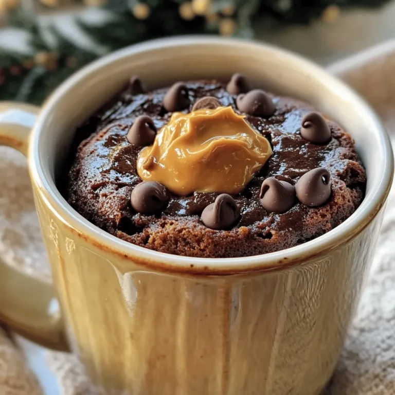 To create a tasty Chocolate Peanut Butter Mug Cake, you need the right ingredients. Here’s what you will need: - 4 tablespoons all-purpose flour - 2 tablespoons unsweetened cocoa powder - 4 tablespoons granulated sugar - 1/8 teaspoon baking powder - 1/8 teaspoon salt - 3 tablespoons milk (or non-dairy alternative) - 2 tablespoons vegetable oil - 1 teaspoon vanilla extract - 1 tablespoon peanut butter (creamy or crunchy) - Optional: chocolate chips for topping These ingredients work together to make a soft and delicious cake. Each item plays a key role. The flour gives structure, while cocoa powder adds rich chocolate flavor. Sugar sweetens the mix, and baking powder helps the cake rise. Salt balances all the flavors. Milk and oil keep the cake moist. Vanilla adds a warm touch, and peanut butter brings a creamy texture. If you want an extra treat, you can sprinkle chocolate chips on top for a gooey finish. For the full recipe, check out the cooking steps that follow. You'll love how easy it is to make this cake in just a few minutes! To start, take a large microwave-safe mug. Add 4 tablespoons of all-purpose flour, 2 tablespoons of unsweetened cocoa powder, 4 tablespoons of granulated sugar, 1/8 teaspoon of baking powder, and 1/8 teaspoon of salt. Mix these dry ingredients well. I like to use a small whisk or a fork. This helps to ensure an even distribution. Proper mixing avoids clumps and gives you a better cake. Next, pour in 3 tablespoons of milk, 2 tablespoons of vegetable oil, and 1 teaspoon of vanilla extract into the dry mix. Stir this mixture until it forms a smooth batter. Make sure there are no lumps left. A smooth batter means a tender cake. If you want a creamier texture, you can use a non-dairy milk like almond or oat milk. Now, it's time to add the star of the show: peanut butter. Add 1 tablespoon of creamy or crunchy peanut butter right into the center of the batter. You can swirl it in or leave it as is. This creates a delicious surprise in every bite. Next, place the mug in the microwave. Cook it on high for about 1 minute and 30 seconds. Keep an eye on it, as cooking times can differ. The cake is done when it rises and sets in the middle. Let it cool for a minute before you dig in. Enjoy your chocolate peanut butter mug cake! For the full recipe, check the earlier section. Microwaving a mug cake can seem tricky. Each microwave is a bit different. Cooking times can change based on wattage. I recommend starting with 1 minute and 30 seconds. If the cake looks wet, give it more time. You want it to rise and be set in the middle. To check if it's done, look for these signs: - The cake should rise and look firm. - A toothpick inserted in the center should come out clean. - The edges pull slightly away from the mug. Toppings can really make your mug cake special. Here are some ideas to try: - Add whipped cream for a light touch. - Sprinkle chopped nuts for crunch. - Drizzle with chocolate or caramel sauce for extra sweetness. If you want to adjust the sweetness, it’s easy! You can add more sugar if you like it sweeter. Just remember, a little goes a long way. Taste the batter before cooking. This way, you can find the perfect balance for your sweet tooth. For the full recipe, check out the detailed steps above. Enjoy your delicious creation! {{image_2}} You can make this mug cake even more fun. Try swapping the peanut butter for almond or sunflower seed butter. Both options give a unique twist. Almond butter adds a light nutty taste, while sunflower seed butter is great for those with nut allergies. If you want to spice things up, add cinnamon or espresso. A pinch of cinnamon can warm the cake, making it cozy. Espresso gives a rich flavor, perfect for coffee lovers. Just mix it into the dry ingredients for a new taste. Mix-ins can change the whole vibe of your cake. Add fruits like bananas or berries for a fruity kick. You can mash a banana into the batter. Chopped berries can add bursts of flavor. Using different types of chocolate chips is also fun. Dark chocolate, milk chocolate, or white chocolate all work well. You might even add nuts for crunch. Walnuts or pecans can give a nice texture. Get creative and make this mug cake your own! For the full recipe, check out the Chocolate Peanut Butter Mug Cake. To store leftover mug cake, let it cool completely. Then, cover it tightly with plastic wrap or place it in an airtight container. This keeps it fresh for up to two days in the fridge. When you want to enjoy it again, I recommend reheating it in the microwave. Start with 10 to 15 seconds. Check if it's warm enough. You want to avoid overcooking, as this can make it tough. When serving, think about adding a scoop of ice cream. Vanilla pairs really well with chocolate and peanut butter. You can also drizzle some chocolate sauce or caramel over it for extra flavor. For gatherings, serve the mug cake in fun mugs. Add a dollop of whipped cream on top. This makes it look fancy and inviting. Everyone loves a dessert that looks as good as it tastes! For the full recipe, check out the earlier section. A mug cake is a quick, single-serving dessert made in a mug. You mix the ingredients and microwave them. This method makes mug cakes easy and fun. They have grown popular for their speed and ease. You can enjoy a warm dessert in minutes! Yes, you can make this recipe vegan! Here are some simple swaps: - Use almond milk or oat milk instead of regular milk. - Replace vegetable oil with melted coconut oil or applesauce. - Choose a vegan peanut butter that contains no added sugars or oils. These changes keep the taste and texture great while making it vegan-friendly. Adjusting the sweetness is easy! Here are some tips: - Start with less sugar, like 2 tablespoons, and taste the batter. - You can add more sugar if you like it sweeter. - Try using maple syrup or agave for a natural sweetener. - You can also add a pinch of salt to make the sweetness pop. These tweaks help you create a mug cake that fits your taste perfectly. For the full recipe, check out the details above! This blog post covered how to make a delicious mug cake. We started with the ingredients you need, then moved to step-by-step instructions for making it. We offered tips to perfect your texture and enhance flavors. You can also explore variations and learn how to store and serve it. Mug cakes are fun, quick treats perfect for anyone. Enjoy experimenting with flavors and toppings. Happy baking!