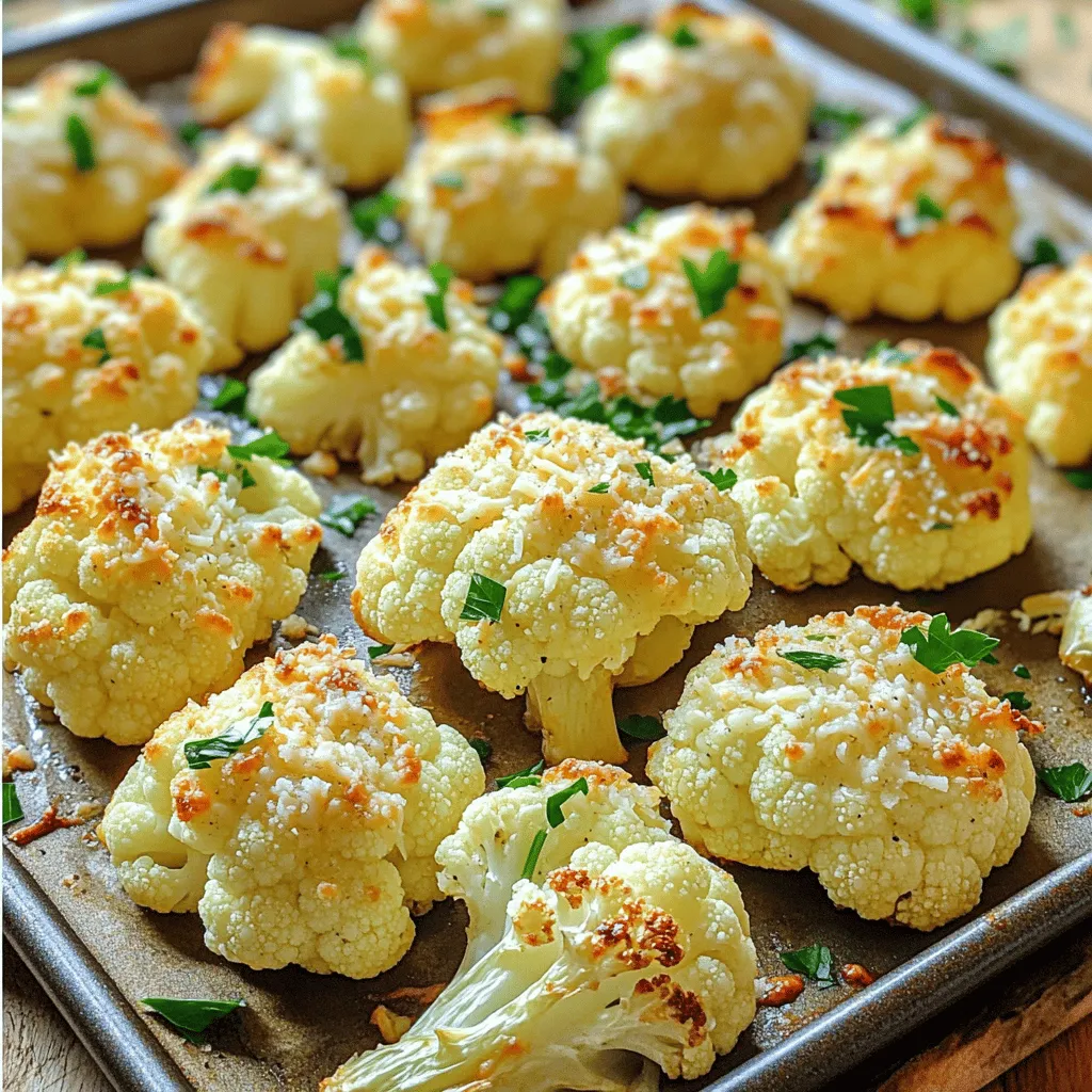 Roasted Garlic Parmesan Cauliflower is a tasty dish that pairs well with many meals. It has a rich flavor from garlic and cheese. The roasting brings out the natural sweetness of the cauliflower. You can find the full recipe below. - 1 large head of cauliflower, cut into florets - 4 cloves of garlic, minced - 3 tablespoons olive oil - ½ cup grated Parmesan cheese - 1 teaspoon dried oregano - 1 teaspoon smoked paprika - Salt and pepper to taste - Fresh parsley, chopped (for garnish) When picking your cauliflower, choose one that feels firm and heavy. Look for bright white florets without any brown spots. Fresh garlic also makes a big difference in flavor. Use high-quality Parmesan for the best taste. 1. Preheat the oven to 400°F (200°C). This step is key for a great roast. 2. Prepare the marinade. In a large bowl, mix olive oil, minced garlic, dried oregano, smoked paprika, salt, and pepper. Stir well so all flavors blend. 3. Add the cauliflower. Place the florets into the bowl. Toss them until they are fully coated with the marinade. This ensures each bite is packed with flavor. 4. Spread the florets. On a large baking sheet, spread the marinated cauliflower in a single layer. This helps them roast evenly. 5. Roast the cauliflower. Place the baking sheet in the preheated oven. Roast for 25-30 minutes. Halfway through, toss the florets to help them brown nicely. Look for them to be golden and tender. 6. Add the cheese. When the cauliflower is done, take it out. Immediately sprinkle the grated Parmesan over the hot florets. Return to the oven for 5 minutes. This melts the cheese and gives it a crispy texture. 7. Garnish and serve. After removing from the oven, sprinkle fresh parsley on top. This adds a nice color and fresh taste. Serve the roasted garlic Parmesan cauliflower as a side dish or a healthy snack. It pairs well with grilled chicken or a fresh salad. Enjoy the delightful flavors! When choosing cauliflower, look for heads that are firm and compact. The leaves should be green and fresh, not wilted. Avoid heads with dark spots or soft areas. Fresh cauliflower has a mild scent. It should feel heavy for its size. This means it is dense and full of water, which makes it tasty. To adjust the flavor, play with the spices. If you like heat, add a pinch of cayenne pepper. For a zestier kick, try adding lemon juice or zest. You can also swap the Parmesan for a different cheese, like cheddar. Taste as you go to find what you love. Roasting time can change based on your oven. Keep an eye on the cauliflower as it roasts. For a tender bite, aim for about 25-30 minutes at 400°F (200°C). Toss the florets halfway through to ensure even cooking. For a crisp finish, broil them for a few minutes after adding the cheese. This will give you that tasty, crunchy layer. {{image_2}} You can change the flavor of roasted garlic Parmesan cauliflower easily. Here are a few fun ideas: - Herbs: Try thyme or rosemary for a fresh taste. - Spices: Add cumin for warmth or chili flakes for heat. - Cheeses: Substitute feta or cheddar for a different cheese flavor. Feel free to mix and match these seasonings. This will make every batch unique and exciting. Roasted cauliflower is great as a side dish, but you can make it a meal. Here are some tasty ideas: - Add Protein: Serve it with grilled chicken or shrimp on top. - Mix with Grains: Toss it in with quinoa or rice for a hearty salad. - Wrap It Up: Place roasted cauliflower in a tortilla with your favorite toppings. These options let you enjoy roasted cauliflower in many ways. Making this dish fit different diets is simple. Here are some tips: - Gluten-Free: This recipe is already gluten-free! Enjoy it as is. - Vegan: Swap out Parmesan for nutritional yeast. It gives a cheesy flavor without dairy. - Low-Carb: Use cauliflower rice instead of florets. It’s a great option for low-carb meals. These modifications make it easier for everyone to enjoy the roasted garlic Parmesan cauliflower. For the full recipe, check it out above! To store your leftover roasted garlic Parmesan cauliflower, wait until it cools. Place it in an airtight container. Make sure to keep it in the fridge. It can last up to four days. This way, you keep the flavors intact and the cauliflower fresh. When you want to reheat your cauliflower, use the oven for best results. Preheat it to 350°F (175°C). Spread the cauliflower on a baking sheet. Heat it for about 10 minutes. This keeps it crispy and tasty. Avoid using the microwave, as it can make the cauliflower soggy. If you want to freeze roasted cauliflower, let it cool first. Then, place it in a freezer-safe bag. Squeeze out the air to prevent freezer burn. It can stay good for up to three months. To thaw, move it to the fridge overnight. Reheat it in the oven afterward for the best taste. Enjoy your delicious roasted garlic Parmesan cauliflower anytime! For the full recipe, check out the recipe above. Yes, you can use frozen cauliflower. It will save you time. Just thaw and drain it first. Frozen cauliflower may have a softer texture. Fresh cauliflower gives a crispier bite. If you use frozen, adjust the roasting time. Keep an eye on it to avoid mushiness. Roasted cauliflower lasts about three to five days in the fridge. Store it in an airtight container. Make sure to let it cool before sealing. If you notice any signs of spoilage, it's best to toss it out. Reheat your leftovers in the oven or microwave. You can serve it with many dishes. Grilled chicken or fish pairs well. A simple salad complements it nicely. You can also enjoy it with pasta or quinoa. If you like wine, a crisp white wine works great. Try a light Pinot Grigio or Sauvignon Blanc. This dish also goes well with garlic bread for a cozy meal. Check out the full recipe for more ideas! This blog post covers everything you need for roasted cauliflower. We explored the ingredients, step-by-step instructions, and tips for perfecting your dish. I shared variations to keep it fresh and exciting. Plus, we discussed how to store and reheat leftovers. Roasted cauliflower is versatile and easy to customize. Use this guide to transform your meals and impress your guests. Enjoy the journey of cooking and have fun experimenting with flavors and textures!