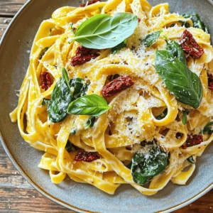 - Pasta options: You can use 12 oz of fettuccine, penne, or your favorite pasta. Fettuccine gives a nice, creamy texture, while penne holds the sauce well. - Importance of quality sun-dried tomatoes: Always choose sun-dried tomatoes packed in oil. They add rich flavor and moisture to the dish. The oil helps to create a more luscious sauce. - Substitutes for heavy cream and Parmesan: If you want a lighter option, you can use half-and-half or coconut cream instead of heavy cream. For a dairy-free version, try nutritional yeast in place of Parmesan. This keeps the dish tasty while fitting various diets. For the full recipe, check out the Creamy Sun-Dried Tomato Pasta section. To start, boil water in a large pot. Add salt to enhance the flavor. Once the water bubbles, add 12 oz of your favorite pasta. I love fettuccine or penne for this dish. Cook the pasta according to package instructions. You want it to be al dente. This means it should be firm when you bite into it. Usually, this takes about 8-10 minutes. When it's ready, save 1 cup of pasta water before draining the rest. Set the pasta aside while you make the sauce. In the same pot, heat 1 tablespoon of olive oil over medium heat. Add 3 cloves of minced garlic. Sauté the garlic for about 1 minute. This step is key, as it brings out the garlic's rich flavor. Next, mix in 1 cup of chopped sun-dried tomatoes. Cook them for another 2-3 minutes. This helps soften the tomatoes and blend their taste into the sauce. Now, pour in 1 cup of heavy cream. Stir well and let it simmer. Add 1/2 cup of grated Parmesan cheese, 1 teaspoon of dried basil, and red pepper flakes if you want heat. Stir until the cheese melts and the sauce thickens. Now it’s time to bring it all together. Add the drained pasta to your creamy sauce. Toss everything to coat the pasta well. If the sauce feels too thick, pour in some reserved pasta water until it reaches your desired creaminess. Next, fold in 1 cup of baby spinach. Let it wilt in the sauce for about 1-2 minutes. This adds color and nutrition. Finally, season with salt and pepper to taste. Serve your creamy sun-dried tomato pasta hot, and enjoy the delightful flavors! For the full recipe, check out the details above. Using fresh herbs makes a big difference in taste. Fresh basil gives a bright, aromatic flavor. Dried herbs are easier but lack that fresh kick. If you want spice, add red pepper flakes. Just a pinch adds warmth without overpowering the dish. To prevent pasta from sticking, stir it often while it cooks. Don’t forget to add salt to the water. This step adds flavor and helps the pasta stay separate. To coat the pasta in sauce, toss it well. If the sauce is too thick, add reserved pasta water to loosen it up. For plating, use a large bowl or deep plate. Twirl the pasta for a nice shape. Sprinkle extra Parmesan on top to impress guests. Fresh basil leaves make a pretty garnish too. A drizzle of olive oil can finish the look and add flavor. You can find the full recipe for creamy sun-dried tomato pasta above. {{image_2}} You can make this dish even more colorful and tasty by adding veggies. Consider adding: - Zucchini, sliced thin - Bell peppers, diced - Mushrooms, chopped - Cherry tomatoes, halved These veggies will add flavor and nutrients. To make it completely plant-based, use: - Plant-based cream instead of heavy cream - Nutritional yeast or vegan cheese in place of Parmesan These swaps keep the creamy texture while being friendly to a vegan diet. Making this dish ahead of time is easy. You can cook the pasta and sauce separately. Here are some tips: - Cook the pasta and let it cool. Store it in the fridge. - Prepare the sauce, then let it cool too. Store it in a separate container. When you’re ready to eat, just mix them back together. For reheating: - Use a pan on low heat. Add a splash of water or oil to keep it creamy. - Stir often to heat evenly. Want to add more protein? Chicken or shrimp are great choices. Here’s how to do it: - For chicken, cut it into bite-sized pieces. Cook it in the same pot before adding garlic. Then, follow the rest of the recipe. - For shrimp, add them after you sauté the garlic. Cook until they turn pink, then follow with sun-dried tomatoes. These additions will make your creamy sun-dried tomato pasta more filling and satisfying. Enjoy your cooking adventure! For the complete dish, check out the Full Recipe. To keep your creamy sun-dried tomato pasta fresh, store it in an airtight container. Make sure the pasta cools to room temperature before sealing it. This way, it won’t steam inside the container. In the fridge, it lasts up to three days. If you want to enjoy it later, freezing is a great option. To freeze the pasta, first let it cool completely. Then, portion it into freezer-safe containers. Leave some space at the top, as the pasta will expand when frozen. You can freeze it for up to three months. When you’re ready to eat, thaw it in the fridge overnight. Reheat it gently on the stove with a splash of cream or pasta water. This helps bring back its creamy texture. Check your pasta for signs of spoilage. If it has an off smell or unusual color, it may be bad. Mold is another clear sign. Always remember the rule: when in doubt, throw it out! Keep your fridge at 40°F (4°C) or below for safety. This helps prevent bacteria growth and keeps your meals safe to eat. Yes, you can use gluten-free pasta for creamy sun-dried tomato pasta. Many brands offer great options. Look for pasta made from rice, quinoa, or chickpeas. These types cook well and taste good too. Just make sure to check the cooking time on the package. Gluten-free pasta can cook faster than regular pasta. If you like heat, you can add more red pepper flakes. Start with a pinch and taste. You can also use fresh chili peppers. Slice them and add them while cooking the garlic. Another option is to mix in some hot sauce. Just remember to add heat slowly. You can always add more, but it’s hard to take it out! This dish pairs well with a simple green salad. A side of garlic bread is also a great choice. You could even serve it with roasted vegetables for a healthy side. If you want something lighter, a caprese salad works great too. Each of these sides complements the rich flavors of the pasta. For the full recipe, check out the earlier section! This blog post covered every detail for making creamy sun-dried tomato pasta. We explored the best ingredients, like quality sun-dried tomatoes and pasta options. You learned steps to cook pasta perfectly and make a rich sauce. Helpful tips on flavor, presentation, and variations added depth to our dish. Embrace your kitchen skills and try this recipe. Cooking can be fun and rewarding. Enjoy your tasty creation, share it with friends, and impress them with your new skills!