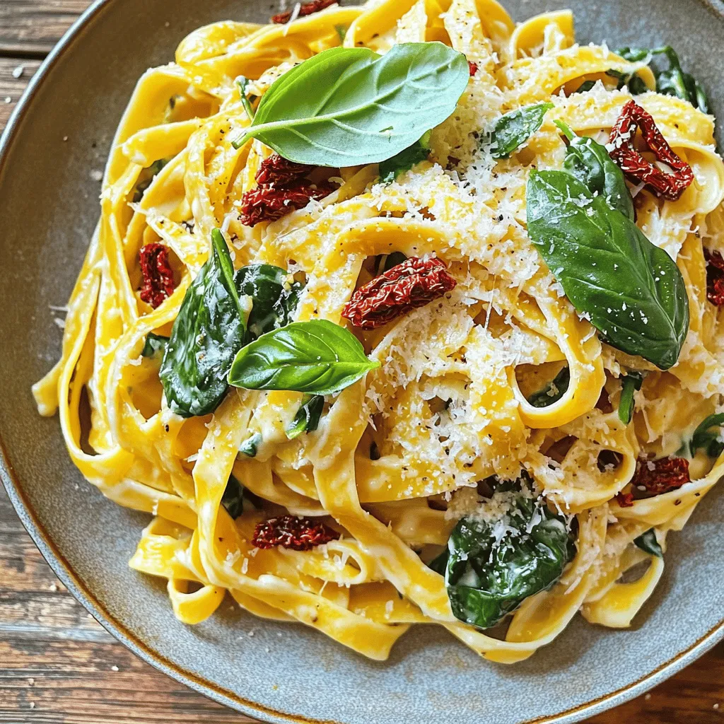- Pasta options: You can use 12 oz of fettuccine, penne, or your favorite pasta. Fettuccine gives a nice, creamy texture, while penne holds the sauce well. - Importance of quality sun-dried tomatoes: Always choose sun-dried tomatoes packed in oil. They add rich flavor and moisture to the dish. The oil helps to create a more luscious sauce. - Substitutes for heavy cream and Parmesan: If you want a lighter option, you can use half-and-half or coconut cream instead of heavy cream. For a dairy-free version, try nutritional yeast in place of Parmesan. This keeps the dish tasty while fitting various diets. For the full recipe, check out the Creamy Sun-Dried Tomato Pasta section. To start, boil water in a large pot. Add salt to enhance the flavor. Once the water bubbles, add 12 oz of your favorite pasta. I love fettuccine or penne for this dish. Cook the pasta according to package instructions. You want it to be al dente. This means it should be firm when you bite into it. Usually, this takes about 8-10 minutes. When it's ready, save 1 cup of pasta water before draining the rest. Set the pasta aside while you make the sauce. In the same pot, heat 1 tablespoon of olive oil over medium heat. Add 3 cloves of minced garlic. Sauté the garlic for about 1 minute. This step is key, as it brings out the garlic's rich flavor. Next, mix in 1 cup of chopped sun-dried tomatoes. Cook them for another 2-3 minutes. This helps soften the tomatoes and blend their taste into the sauce. Now, pour in 1 cup of heavy cream. Stir well and let it simmer. Add 1/2 cup of grated Parmesan cheese, 1 teaspoon of dried basil, and red pepper flakes if you want heat. Stir until the cheese melts and the sauce thickens. Now it’s time to bring it all together. Add the drained pasta to your creamy sauce. Toss everything to coat the pasta well. If the sauce feels too thick, pour in some reserved pasta water until it reaches your desired creaminess. Next, fold in 1 cup of baby spinach. Let it wilt in the sauce for about 1-2 minutes. This adds color and nutrition. Finally, season with salt and pepper to taste. Serve your creamy sun-dried tomato pasta hot, and enjoy the delightful flavors! For the full recipe, check out the details above. Using fresh herbs makes a big difference in taste. Fresh basil gives a bright, aromatic flavor. Dried herbs are easier but lack that fresh kick. If you want spice, add red pepper flakes. Just a pinch adds warmth without overpowering the dish. To prevent pasta from sticking, stir it often while it cooks. Don’t forget to add salt to the water. This step adds flavor and helps the pasta stay separate. To coat the pasta in sauce, toss it well. If the sauce is too thick, add reserved pasta water to loosen it up. For plating, use a large bowl or deep plate. Twirl the pasta for a nice shape. Sprinkle extra Parmesan on top to impress guests. Fresh basil leaves make a pretty garnish too. A drizzle of olive oil can finish the look and add flavor. You can find the full recipe for creamy sun-dried tomato pasta above. {{image_2}} You can make this dish even more colorful and tasty by adding veggies. Consider adding: - Zucchini, sliced thin - Bell peppers, diced - Mushrooms, chopped - Cherry tomatoes, halved These veggies will add flavor and nutrients. To make it completely plant-based, use: - Plant-based cream instead of heavy cream - Nutritional yeast or vegan cheese in place of Parmesan These swaps keep the creamy texture while being friendly to a vegan diet. Making this dish ahead of time is easy. You can cook the pasta and sauce separately. Here are some tips: - Cook the pasta and let it cool. Store it in the fridge. - Prepare the sauce, then let it cool too. Store it in a separate container. When you’re ready to eat, just mix them back together. For reheating: - Use a pan on low heat. Add a splash of water or oil to keep it creamy. - Stir often to heat evenly. Want to add more protein? Chicken or shrimp are great choices. Here’s how to do it: - For chicken, cut it into bite-sized pieces. Cook it in the same pot before adding garlic. Then, follow the rest of the recipe. - For shrimp, add them after you sauté the garlic. Cook until they turn pink, then follow with sun-dried tomatoes. These additions will make your creamy sun-dried tomato pasta more filling and satisfying. Enjoy your cooking adventure! For the complete dish, check out the Full Recipe. To keep your creamy sun-dried tomato pasta fresh, store it in an airtight container. Make sure the pasta cools to room temperature before sealing it. This way, it won’t steam inside the container. In the fridge, it lasts up to three days. If you want to enjoy it later, freezing is a great option. To freeze the pasta, first let it cool completely. Then, portion it into freezer-safe containers. Leave some space at the top, as the pasta will expand when frozen. You can freeze it for up to three months. When you’re ready to eat, thaw it in the fridge overnight. Reheat it gently on the stove with a splash of cream or pasta water. This helps bring back its creamy texture. Check your pasta for signs of spoilage. If it has an off smell or unusual color, it may be bad. Mold is another clear sign. Always remember the rule: when in doubt, throw it out! Keep your fridge at 40°F (4°C) or below for safety. This helps prevent bacteria growth and keeps your meals safe to eat. Yes, you can use gluten-free pasta for creamy sun-dried tomato pasta. Many brands offer great options. Look for pasta made from rice, quinoa, or chickpeas. These types cook well and taste good too. Just make sure to check the cooking time on the package. Gluten-free pasta can cook faster than regular pasta. If you like heat, you can add more red pepper flakes. Start with a pinch and taste. You can also use fresh chili peppers. Slice them and add them while cooking the garlic. Another option is to mix in some hot sauce. Just remember to add heat slowly. You can always add more, but it’s hard to take it out! This dish pairs well with a simple green salad. A side of garlic bread is also a great choice. You could even serve it with roasted vegetables for a healthy side. If you want something lighter, a caprese salad works great too. Each of these sides complements the rich flavors of the pasta. For the full recipe, check out the earlier section! This blog post covered every detail for making creamy sun-dried tomato pasta. We explored the best ingredients, like quality sun-dried tomatoes and pasta options. You learned steps to cook pasta perfectly and make a rich sauce. Helpful tips on flavor, presentation, and variations added depth to our dish. Embrace your kitchen skills and try this recipe. Cooking can be fun and rewarding. Enjoy your tasty creation, share it with friends, and impress them with your new skills!
