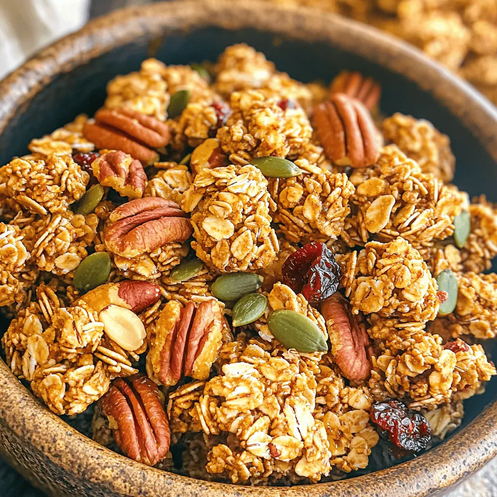 To make Maple Pecan Granola Clusters, you need these items: - 2 cups rolled oats - 1 cup pecans, roughly chopped - 1/2 cup almonds, chopped - 1/2 cup pumpkin seeds - 1/2 cup honey or maple syrup - 1/4 cup coconut oil, melted - 1 teaspoon vanilla extract - 1/2 teaspoon cinnamon - 1/4 teaspoon salt - 1/2 cup dried cranberries or raisins (optional) These ingredients blend together to create a tasty and crunchy treat. You can change some ingredients if needed. Use walnuts instead of pecans for a different taste. Sunflower seeds can replace pumpkin seeds. If you do not have honey, maple syrup works well. For a vegan option, stick with maple syrup. You can skip the coconut oil and use butter instead. Each ingredient adds health benefits. Oats give you energy and fiber. Pecans are rich in antioxidants and healthy fats. Almonds add protein and vitamin E. Pumpkin seeds provide magnesium and zinc. Honey or maple syrup brings natural sweetness without refined sugar. Coconut oil is a good source of healthy fats. Cinnamon can help with blood sugar control. These ingredients work together to make a snack that is not only delicious but also good for you. For the complete recipe, check out the Full Recipe. To start, gather your ingredients. You need rolled oats, pecans, almonds, pumpkin seeds, honey or maple syrup, melted coconut oil, vanilla, cinnamon, and salt. If you want, add dried cranberries or raisins. Preheat your oven to 325°F (163°C). Line a baking sheet with parchment paper. In a large bowl, mix the oats, pecans, almonds, and pumpkin seeds. In another bowl, whisk the honey or maple syrup, coconut oil, vanilla, cinnamon, and salt. Pour this mixture over the dry ingredients and stir well. If you add cranberries or raisins, fold them in gently. Spread the mixture onto the prepared baking sheet. Press it down with a spatula. This helps form clusters. Bake for 20-25 minutes, stirring halfway through. Watch for a golden brown color, which shows it's ready. Once baked, take it out of the oven and let it cool completely on the sheet. This cooling step is key for forming clusters as it hardens. To get big, crunchy clusters, make sure to press the mixture firmly before baking. Use a spatula to create an even layer. Stirring too much during baking breaks up the clusters, so be gentle. If you want extra crunch, bake a few more minutes, but watch closely to avoid burning. After cooling, break the granola into your desired cluster sizes. Store your delicious Maple Pecan Granola Clusters in an airtight container for fresh snacks. For the full recipe, check the earlier section. When making Maple Pecan Granola Clusters, a few mistakes often happen. First, don’t skip the pressing step. This helps form the clusters. If you don’t press the mixture down, your granola will be crumbly. Also, avoid baking at too high a temperature. This can burn the nuts and oats. Stick to 325°F (163°C) for the best results. Finally, remember to stir halfway through baking. This ensures even cooking and nice color. To add more crunch to your granola, try a few tricks. First, use old-fashioned rolled oats instead of quick oats. They hold their shape better. Second, bake it a bit longer, but watch closely. A few extra minutes can make a difference. You might also try adding more nuts. They bring great texture and crunch. Lastly, let your granola cool completely on the baking sheet. It will harden as it cools, making those tasty clusters. Maple Pecan Granola Clusters are versatile. You can enjoy them in many ways. Serve them with yogurt for a healthy breakfast. They also pair well with milk or a dairy-free alternative. Try adding the clusters to smoothie bowls for added texture. You can even sprinkle them on oatmeal for a sweet crunch. For a quick snack, eat them on their own. The flavors and crunch make them a perfect treat. For the full recipe, check out the section above. {{image_2}} You can easily change the flavor of your Maple Pecan Granola Clusters. Adding chocolate chips gives a sweet treat. Use dark chocolate for a rich taste. You can also try spices like nutmeg or ginger. They add warmth and depth to your granola. Mixing in a pinch of sea salt can also boost the sweet flavors. If you need a gluten-free version, use certified gluten-free oats. This keeps the dish safe for those with gluten issues. For a nut-free option, swap the nuts for seeds. Sunflower seeds or hemp seeds work well here. You can still enjoy great crunch and flavor without nuts. While maple syrup is fantastic, other sweeteners will work, too. Agave syrup gives a similar sweetness. Brown sugar adds a rich flavor and a nice texture. You can also try coconut sugar for a lower glycemic index. Let your taste guide you, and have fun with it! To keep your maple pecan granola clusters fresh, store them in an airtight container. This helps keep moisture out and preserves crunchiness. Place the container in a cool, dark place, like a pantry. Avoid direct sunlight or heat, as these can spoil your granola faster. When stored properly, your granola lasts up to two weeks. After that, it may lose its crunch. If you notice any off smells or a change in color, it’s best to toss it. Look for soft clusters or clumps to judge if it’s still good. Freezing is a great way to extend the life of your granola. To freeze, place clusters in a freezer-safe bag or container. Remove as much air as possible before sealing. Your granola can last for up to three months in the freezer. When you’re ready to eat, just thaw it at room temperature. You can also pop it in the oven to refresh its crunch. For the full recipe, check out the Maple Pecan Granola Clusters instructions above. To make Maple Pecan Granola Clusters, follow these steps. First, preheat your oven to 325°F (163°C). Line a baking sheet with parchment paper. In a large bowl, mix 2 cups of rolled oats, 1 cup of chopped pecans, and 1/2 cup of chopped almonds with 1/2 cup of pumpkin seeds. In another bowl, whisk together 1/2 cup of honey or maple syrup, 1/4 cup of melted coconut oil, 1 teaspoon of vanilla extract, 1/2 teaspoon of cinnamon, and 1/4 teaspoon of salt. Pour this mixture over the dry ingredients and stir well. For added sweetness, fold in 1/2 cup of dried cranberries or raisins if you like. Spread the mixture on the baking sheet and press it down. Bake for 20-25 minutes until golden brown. Let it cool, then break it into clusters. You can find the full recipe above. Yes, you can add other nuts or seeds to your granola. Try using walnuts, cashews, or sunflower seeds. Feel free to mix and match based on your taste. Adding different nuts can change the flavor and texture. Just keep the total amount the same to ensure good clusters. You can buy ingredients for Maple Pecan Granola Clusters at most grocery stores. Look for rolled oats, nuts, and seeds in the baking aisle. Honey and maple syrup are usually near the sugar and sweeteners. You can also check health food stores for organic options. If you prefer, online shopping offers a wide range of choices, especially for specialty items like coconut oil or dried fruit. You learned about the main ingredients for Maple Pecan Granola Clusters. We explored substitutions and their health benefits. I shared the step-by-step process and important tips to avoid mistakes. You also found different variations to suit your tastes and dietary needs. Finally, we covered how to store your granola well. In the end, making granola can be fun and rewarding. With practice, anyone can create their perfect batch. Enjoy your tasty treats!