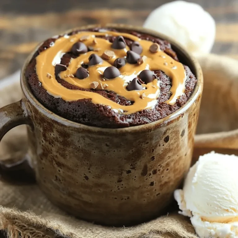 - 4 tablespoons all-purpose flour - 2 tablespoons unsweetened cocoa powder - 2 tablespoons granulated sugar - 1/8 teaspoon baking powder - 1/8 teaspoon salt - 3 tablespoons milk - 1 tablespoon vegetable oil - 1 tablespoon creamy peanut butter - 1 tablespoon chocolate chips (optional) To make the chocolate peanut butter mug cake, you need simple ingredients. Each ingredient plays a key role in creating the perfect texture and flavor. All-purpose flour gives the cake its structure. Cocoa powder adds rich chocolate taste. Granulated sugar sweetens your cake, while baking powder helps it rise. Salt balances the flavors, and milk makes the batter smooth. Vegetable oil adds moisture, and peanut butter creates that creamy, nutty flavor. If you want extra chocolatey goodness, the chocolate chips are a fun addition. - Microwave-safe mug - Measuring spoons - Mixing spoon You don't need fancy tools for this recipe. A microwave-safe mug works great. Use measuring spoons for accurate measurements. A simple mixing spoon helps you combine all the ingredients. This makes it quick and easy, perfect for a late-night treat or a sweet craving. You can find everything in your kitchen, which makes this mug cake so convenient to whip up! If you're eager to start baking, check out the Full Recipe for detailed steps. - Combine 4 tablespoons of all-purpose flour. - Add 2 tablespoons of unsweetened cocoa powder. - Mix in 2 tablespoons of granulated sugar. - Sprinkle in 1/8 teaspoon of baking powder and 1/8 teaspoon of salt. - Stir well to mix thoroughly. - Pour in 3 tablespoons of milk and 1 tablespoon of vegetable oil. - Mix until smooth. - Drop 1 tablespoon of creamy peanut butter into the center of the batter. - Gently swirl it in for a marble effect. - If desired, sprinkle 1 tablespoon of chocolate chips on top. - Microwave for 1 minute and 15 seconds. - Check at 1 minute to see if it's fully cooked. - The cake should be puffy and set in the middle. - Let it cool for a couple of minutes before serving. For more details, you can refer to the Full Recipe. To make the best chocolate peanut butter mug cake, start with the batter. Ensure there are no lumps. Lumps can affect the texture. A smooth batter gives you a light and fluffy cake. Pay attention to your microwave's wattage. Some microwaves cook faster than others. Adjust the cooking time if needed for perfect results. When it's time to enjoy your cake, think about toppings. A scoop of vanilla ice cream adds a creamy touch. Drizzling chocolate sauce on top makes it even better. You can also garnish with crushed peanuts. Whipped cream is a nice, light finish too. These toppings enhance the flavors and give a fun twist. Overmixing the batter is a common mistake. This can lead to a rubbery texture, which is not pleasant. Mix just until smooth, and stop. Also, be careful not to microwave for too long. Overcooking can dry out the cake. Check it at one minute to ensure it stays moist and delicious. {{image_2}} You can easily change the flavor of your mug cake. - Swap cocoa powder for dark chocolate powder for a richer taste. - Use almond butter instead of peanut butter for a nutty twist. You can make this mug cake fit your diet. - Substitute all-purpose flour with a gluten-free option for a gluten-free treat. - Use non-dairy milk like almond or oat milk to make it vegan-friendly. Adding fun extras can make your cake even better. - Include berries or nuts for extra flavors and textures. - Experiment with different types of chocolate chips, like milk or white chocolate. These changes can make the mug cake uniquely yours. For the full recipe, check the earlier section! You can keep your chocolate peanut butter mug cake in the fridge for up to 2 days. It tastes best when fresh, so I recommend reheating it before you serve. Just pop it in the microwave for a quick warm-up. If you want to save some for later, you can freeze it. Use a microwave-safe container and store it for up to 1 month. When you're ready to enjoy it, take it out and thaw it in the fridge overnight. This way, it stays moist and tasty. When reheating, use the microwave in short bursts. This helps avoid overcooking. If it seems a bit dry, add a splash of milk to make it moist again. Enjoy your treat just like it was fresh! Yes, just adjust the cooking time accordingly. A larger mug holds more batter, so it may need more time. A smaller mug may cook faster, so keep an eye on it. Almond butter or sunflower seed butter are great alternatives. Both offer a different flavor but still keep the cake rich and tasty. You can also try cashew butter for a unique twist. This recipe is designed for one serving. It’s perfect for a quick treat when you want something sweet just for yourself. No need to share if you don’t want to! Doubling can be tricky; consider using a larger dish. A bigger bowl will let the cake rise and cook evenly. If you try doubling in a mug, it may overflow in the microwave. This blog post covered a simple mug cake recipe. You've learned about the ingredients, steps, and tips. I shared ways to adjust flavors and make it your own. Remember, don't overmix or cook too long. These tricks will help you make the best mug cake. Enjoy your sweet creation right away or store it for later. With this easy method, you can satisfy your sweet tooth anytime!