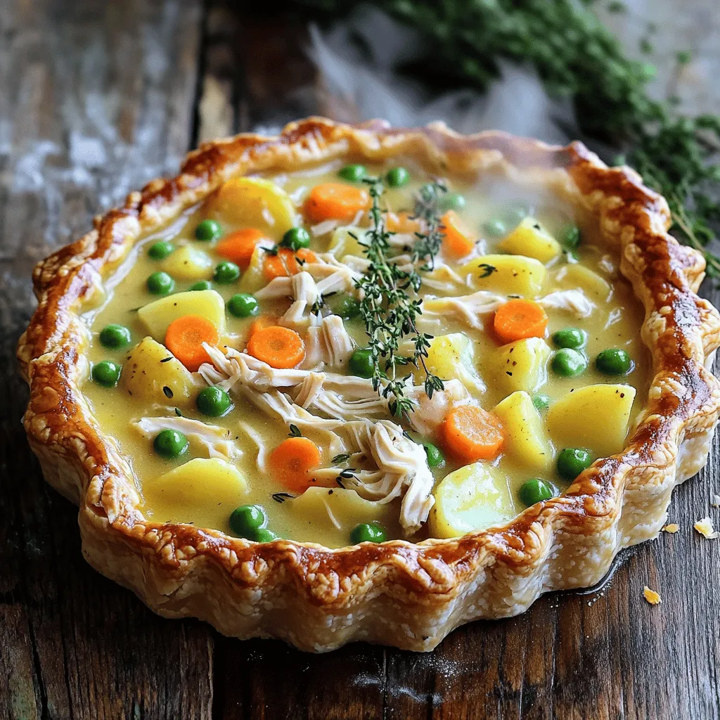 To make a classic chicken pot pie, gather these ingredients: - 2 cups cooked chicken, shredded - 1 cup carrots, diced - 1 cup frozen peas - 1 cup potatoes, peeled and diced - 1 cup celery, diced - 1 medium onion, chopped - 4 tablespoons butter - 1/3 cup all-purpose flour - 2 cups chicken broth - 1 cup milk - 1 teaspoon dried thyme - Salt and pepper to taste - 1 package (14 oz) refrigerated pie crusts (or homemade if preferred) You might need to change some ingredients. Here are some easy swaps: - Chicken: Use turkey or rotisserie chicken for added flavor. - Vegetables: Swap peas with corn or green beans. - Milk: Almond milk or coconut milk works as a dairy-free option. - Thyme: Try rosemary or sage for a different taste. Choosing fresh produce can enhance your dish. Here’s how: - Carrots: Look for firm, bright orange carrots. Avoid soft or blemished ones. - Celery: Choose crisp stalks with vibrant green leaves. - Onions: Pick onions that feel heavy and have dry skins. - Potatoes: Select smooth potatoes without sprouts or soft spots. Using fresh ingredients makes your chicken pot pie taste better. It brings comfort and warmth to every bite. For the full recipe, check out Cozy Chicken Pot Pie. Making chicken pot pie is simple. First, gather all your ingredients. The recipe calls for cooked chicken, carrots, peas, potatoes, celery, onion, butter, flour, chicken broth, milk, thyme, salt, pepper, and pie crusts. Start by preheating the oven to 425°F (220°C). In a large pot, melt the butter over medium heat. Add the chopped onion and cook for 2-3 minutes until it looks clear. Then, add the diced carrots, celery, and potatoes. Cook these for another 5 minutes while stirring. Next, sprinkle the flour over the veggies. Stir well and cook for 1-2 minutes to mix. Slowly pour in the chicken broth and milk while stirring. This helps prevent lumps. Bring the mixture to a gentle boil and let it thicken for about 3-5 minutes. Once thickened, stir in the shredded chicken, peas, thyme, salt, and pepper. Remove the pot from heat and let it cool for a few minutes. Now, it’s time to prepare the filling. Make sure it cools a bit before adding it to the pie crust. This step is important. It keeps the crust from getting soggy. While the filling cools, roll out one pie crust. Fit it into your 9-inch pie plate. Pour the chicken mixture into the crust, spreading it evenly. Next, roll out the second pie crust. Place it on top of the filling. Use your fingers to seal the edges. Crimp them together for a nice look. Cut a few small slits in the top crust. This allows steam to escape while baking. Now, place the pie in the preheated oven. Bake for 30-35 minutes or until the crust is golden brown. When it’s done, remove it from the oven. Let it cool for about 10 minutes before serving. For a lovely touch, serve slices on plates and add fresh thyme sprigs. This adds color and a hint of flavor. Enjoy your cozy chicken pot pie! For the full recipe, check out Cozy Chicken Pot Pie. To get a flaky crust, start with cold ingredients. Use cold butter and ice water. This keeps the fat from melting before baking. Cut the butter into small pieces and mix it with the flour. Don’t overwork the dough. Just mix until it comes together. Chill the dough for at least 30 minutes before rolling it out. This helps the layers form. For a great filling, let your mixture thicken well. After adding flour, stir continuously. This helps avoid lumps. I recommend using a whisk to mix the broth and milk in slowly. It should be creamy but not too runny. If it is too thick, add a bit more broth. The filling should coat the back of a spoon. To reheat leftovers, cover the pie with foil. This keeps the crust from burning. Heat in a 350°F oven for about 20-25 minutes. Check if it is hot in the center. For a crispier crust, remove the foil for the last 5 minutes. You can also microwave it, but the crust may not stay crispy. Enjoy your cozy chicken pot pie leftovers! For the complete recipe, check the Full Recipe above. {{image_2}} You can make a vegetarian version of chicken pot pie. Instead of chicken, use a mix of hearty veggies. I like using mushrooms, zucchini, and bell peppers. These add great flavor and texture. You can also use tofu or tempeh for protein. For the broth, vegetable broth works well in place of chicken broth. Follow the same steps in the recipe to create a delicious vegetarian pot pie. If you need a gluten-free option, you can use gluten-free pie crusts. Many brands make great ready-to-use crusts. You can also make your own crust using almond flour or rice flour. Just mix the flour with butter and a bit of water until it forms a dough. Roll it out and shape it like regular crust. This way, everyone can enjoy a slice of pot pie. Herbs and spices can take your pot pie to the next level. Fresh herbs like parsley or rosemary add bright flavors. You can sprinkle in a little garlic powder or onion powder for depth. For a kick, add a dash of cayenne pepper. Remember to taste as you go so that the flavors blend just right. These enhancements make your pot pie a standout dish. For the full recipe, check out Cozy Chicken Pot Pie. After enjoying your classic chicken pot pie, you may have leftovers. To store them, let the pie cool completely. Then, cover it tightly with plastic wrap or aluminum foil. You can also place it in an airtight container. This keeps the pie fresh. Store it in the fridge for up to three days. Freezing is a great way to save your pot pie for later. First, let the pie cool down to room temperature. Then, wrap it tightly in plastic wrap. After that, wrap it in aluminum foil for extra protection. You can store it in the freezer for up to three months. If you want, you can also freeze individual slices. To reheat your pot pie, preheat the oven to 350°F (175°C). Remove the plastic wrap and foil. Place the pie on a baking sheet to catch any drips. Bake for about 25-30 minutes. If you freeze it, it may take longer to heat through. Check if it is hot in the center before serving. Enjoy your cozy meal! For a detailed recipe, check the Full Recipe. Yes, you can make Classic Chicken Pot Pie ahead of time. Prepare the filling and pie crust separately. Store them in the fridge for up to two days. When ready to bake, assemble the pie and follow the baking steps. This method saves time and keeps your meal fresh. You will know the pot pie is done when the crust is golden brown. The filling should bubble slightly around the edges. A toothpick inserted into the center should come out clean. This usually takes about 30-35 minutes in a preheated oven. Chicken Pot Pie pairs well with simple sides. Consider these options: - Side salad with mixed greens - Steamed green beans - Mashed potatoes for extra comfort - Roasted carrots for a sweet touch These sides balance the rich flavors of the pot pie and add freshness to your meal. For the full recipe, check the Cozy Chicken Pot Pie section. In this article, we covered key ingredients for classic chicken pot pie and how to choose fresh produce. I shared step-by-step instructions for cooking, from filling preparation to pie assembly. We explored tips for a flaky crust, perfect filling, and reheating leftovers. I also offered variations for vegetarian and gluten-free options. Lastly, I discussed best practices for storing and reheating. With this knowledge, you can create your own delicious pot pie. Enjoy the cooking process and make it your own!