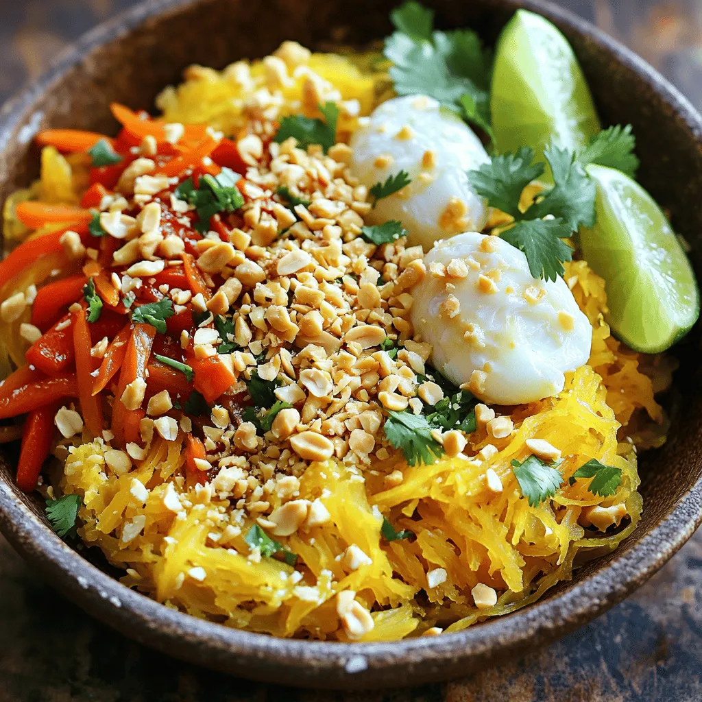 To make a tasty Spaghetti Squash Pad Thai, gather these main ingredients: - 1 medium spaghetti squash - 2 tablespoons vegetable oil - 2 cloves garlic, minced - 1 red bell pepper, thinly sliced - 1 cup bean sprouts - 2 green onions, sliced - 1 carrot, julienned - 2 large eggs, lightly beaten (or flax eggs for a vegan option) These ingredients create the base for a flavorful dish. The spaghetti squash acts as the noodles, while the fresh veggies add crunch and color. You will also need some pantry staples to enhance the flavor: - 3 tablespoons tamari or soy sauce - 1 tablespoon peanut butter - 1 tablespoon lime juice - 1 teaspoon sugar These staples give the dish its rich taste. The tamari or soy sauce adds saltiness, while the peanut butter gives a creamy texture. To make your Pad Thai even better, consider these optional garnishes: - Crushed peanuts - Fresh cilantro - Lime wedges for serving These garnishes add a nice finish. The crushed peanuts give crunch, and cilantro adds freshness. Squeezing lime juice enhances the overall flavor, making it even more delicious. For the complete recipe, check out the Full Recipe section. First, preheat your oven to 400°F (200°C). Grab the spaghetti squash and cut it in half from top to bottom. Use a spoon to scoop out the seeds. Place the squash cut side down on a baking sheet. Roast it for 30 to 40 minutes. You want the flesh to be soft enough to shred. After it cools a bit, use a fork to scrape the flesh into spaghetti-like strands. This will be the base for your Pad Thai. Now, let’s cook the veggies. Heat 2 tablespoons of vegetable oil in a large skillet over medium heat. Add 2 cloves of minced garlic. Sauté it for about 30 seconds until you smell that great aroma. Next, toss in the sliced red bell pepper and shredded carrot. Cook for 3 to 4 minutes or until the vegetables soften. Once they are ready, push the veggies to one side of the skillet. Pour in 2 beaten eggs on the other side. Scramble the eggs until they are fully cooked. Then, mix everything together in the pan. Time to bring it all together! Add the shredded spaghetti squash into the skillet. In a small bowl, mix 3 tablespoons of tamari (or soy sauce), 1 tablespoon of peanut butter, 1 tablespoon of lime juice, and 1 teaspoon of sugar until smooth. Pour this sauce over the squash and veggies. Stir well, so everything gets coated in that tasty sauce. Next, fold in 1 cup of bean sprouts and sliced green onions. Cook everything for another minute to warm it through. Now you have a delicious Spaghetti Squash Pad Thai ready to serve! Enjoy it with crushed peanuts, fresh cilantro, and lime wedges. For the full recipe, check out the section above. Roasting the spaghetti squash makes it sweet and tender. Here’s how I do it: - Preheat your oven to 400°F (200°C). - Cut the squash in half lengthwise. - Scoop out the seeds with a spoon. - Place the halves cut side down on a baking sheet. - Roast for 30-40 minutes. Check for tenderness with a fork. Let it cool a bit, then shred the inside into spaghetti-like strands. This gives you the perfect base for your Pad Thai. To get that classic Pad Thai taste, use tamari or soy sauce. This is the key! Combine it with peanut butter, lime juice, and a bit of sugar for balance. Stir it all together until smooth. This sauce adds depth to your dish. Adding fresh garlic and sautéing vegetables enhances the flavor too. You can make simple swaps for a healthier meal. Instead of regular eggs, use flax eggs for a vegan option. You can also replace peanut butter with almond butter or sunflower seed butter. Swap out the tamari for low-sodium soy sauce to cut back on salt. Adding extra veggies like zucchini or spinach boosts nutrition without changing the taste. For the full recipe, check out the details above! {{image_2}} You can easily make this dish vegan. Simply swap the eggs for flax eggs. To do this, mix 1 tablespoon of ground flaxseed with 2.5 tablespoons of water. Let it sit for 5 minutes. This will help bind the ingredients. You can also add tofu for protein. Just cube it and sauté it with the veggies. If you're avoiding gluten, tamari is a great choice. It tastes just like soy sauce but is gluten-free. You can also use rice noodles in place of spaghetti squash. Just cook them according to the package instructions. This gives you the classic Pad Thai feel without gluten. Feel free to mix it up! You can add different veggies like zucchini or mushrooms. For a spicy kick, toss in some chili flakes or sriracha. If you want a nuttier flavor, try almond butter instead of peanut butter. These swaps can change the dish completely and keep it exciting. Check out the Full Recipe for more ideas! To keep your Spaghetti Squash Pad Thai fresh, place it in an airtight container. This helps keep it moist and tasty. Store it in the fridge for up to three days. If you want to save it longer, consider freezing. When you're ready to enjoy your leftovers, reheat them in a skillet over medium heat. Add a splash of water or a bit of oil to prevent sticking. Stir gently until heated through. You can also use a microwave. Heat for one to two minutes, stirring halfway. To freeze Pad Thai, let it cool completely first. Divide it into portions, then place each portion in a freezer-safe bag or container. Squeeze out the air before sealing. It will stay good for up to three months. When you’re ready to eat, thaw it in the fridge overnight before reheating. This method keeps the taste fresh and delicious. Check out the Full Recipe for more details on preparing this tasty dish! To cut a spaghetti squash, use a sharp knife. First, place the squash on a cutting board. Then, slice it in half lengthwise. Be careful, as the skin is tough. Scoop out the seeds with a spoon. This method makes it easy to roast and shred the squash later. Yes, you can make Spaghetti Squash Pad Thai ahead of time. Just prepare the dish, then cool it down. Store it in an airtight container. When you want to eat it, heat it in a skillet or microwave. This helps save time on busy days. To enhance the flavor of your Pad Thai, use fresh ingredients. Fresh herbs like cilantro and lime make a big difference. You can also add a splash of fish sauce for depth. If you like heat, try adding chili flakes or sriracha. Experiment with flavors to find what you love! In this blog post, we explored making Spaghetti Squash Pad Thai from start to finish. We covered key ingredients, step-by-step cooking, and tips for better flavor. You learned about variations like vegan and gluten-free options. Proper storage methods help keep leftovers fresh. Creating a delicious meal doesn't have to be hard. With some practice, you can enjoy a healthier twist on a classic dish that everyone loves. Enjoy your cooking adventure!