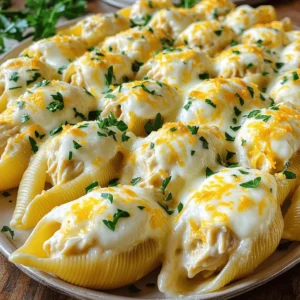 To make Chicken Alfredo Stuffed Shells, you will need: - 12 jumbo pasta shells - 1 cup cooked chicken, shredded - 1 cup ricotta cheese - 1 cup mozzarella cheese, shredded - ½ cup grated Parmesan cheese - 2 cups Alfredo sauce (store-bought or homemade) - 1 teaspoon garlic powder - 1 teaspoon Italian seasoning - Salt and pepper to taste - Fresh parsley, chopped (for garnish) These ingredients create a creamy and cheesy dish that is sure to please everyone. You can add extra flavors by using these optional ingredients: - Spinach or kale for added greens - Sun-dried tomatoes for a tangy twist - Mushrooms for a savory touch - Red pepper flakes for a bit of heat Using these ingredients can elevate your dish and make it unique. If you need to change some ingredients, here are some good swaps: - Use shredded rotisserie chicken instead of cooking your own. - Swap ricotta cheese for cottage cheese for a lighter option. - If you don't have mozzarella, try using provolone or gouda. - Use a dairy-free Alfredo sauce for a vegan version. These substitutions help you make the dish fit your needs and preferences. First, gather your ingredients. You will need jumbo pasta shells, cooked chicken, ricotta cheese, mozzarella cheese, Parmesan cheese, Alfredo sauce, garlic powder, Italian seasoning, salt, and pepper. Chop some fresh parsley for a nice touch later. Next, preheat your oven to 375°F (190°C). This ensures your shells bake evenly. While the oven warms up, cook the jumbo pasta shells according to the package instructions. Aim for al dente, so they hold their shape well. Drain the shells and let them cool slightly. In a large mixing bowl, combine the shredded chicken, ricotta cheese, half of the mozzarella, a quarter of the Parmesan, garlic powder, Italian seasoning, salt, and pepper. Mix everything together until you have a smooth filling. Now, it’s time to assemble the dish. Spread one cup of Alfredo sauce on the bottom of your baking dish. This layer adds flavor and keeps the shells moist. Take each shell and stuff it with the chicken and cheese mixture. Place them open side up in the baking dish. Once all the shells are filled, pour the remaining Alfredo sauce over them. Make sure each shell is well coated. To finish, sprinkle the remaining mozzarella and Parmesan cheese on top of the stuffed shells. Cover the dish with aluminum foil to prevent burning. Bake in the preheated oven for 20 minutes. After 20 minutes, carefully remove the foil. Continue baking for another 10 to 15 minutes. Your goal is to have bubbly and golden cheese on top. Once the shells are done baking, take them out of the oven. Let them cool for a few minutes. This helps with serving. Before serving, garnish with fresh parsley for a pop of color. Enjoy your Chicken Alfredo Stuffed Shells as a cozy weeknight meal. For the full recipe, check out the details above. To make great stuffed shells, cook the pasta just right. Follow the package instructions for al dente. This keeps the shells firm and easy to handle. After cooking, drain the shells and let them cool. If you rush, they can tear easily. When filling, use a spoon or small cookie scoop for neatness. This helps keep the filling inside. If you have leftovers, store them in an airtight container in the fridge. They can last up to three days. For reheating, place them in the oven at 350°F (175°C) for about 20 minutes. Cover with foil to keep them moist. You can also microwave them for a quicker option. Just make sure they heat evenly. Serve your Chicken Alfredo Stuffed Shells on a large platter. Drizzle some extra Alfredo sauce over the top for added flavor. Garnish with chopped parsley for a fresh look. Pair with a simple salad or garlic bread to complete your meal. This makes a delightful dinner that everyone will enjoy. For the full recipe, check out the details above! {{image_2}} You can easily make Chicken Alfredo Stuffed Shells vegetarian. Swap the chicken for cooked spinach or mushrooms. Both options add great flavor. You can also use lentils or chickpeas for protein. These choices keep the dish hearty and satisfying. Adding herbs and spices can boost flavor. Try mixing in fresh basil or oregano. These herbs complement Alfredo sauce well. You can also add a pinch of red pepper flakes for some heat. Experiment with your favorite seasonings to make the dish your own. While Alfredo sauce is classic, other sauces work too. A creamy pesto sauce adds a nice twist. You could also try a tomato-based sauce for a tangy flavor. For a lighter option, use a simple olive oil and garlic sauce. Each sauce creates a new taste experience for stuffed shells. For the full recipe, check out the details above. After you make Chicken Alfredo stuffed shells, let them cool. Store any leftovers in an airtight container. They will keep well in the fridge for three to four days. Make sure to cover the dish tightly if you keep it in the baking dish. This helps keep the shells moist and tasty. You can freeze these shells for later. To do this, prepare them as you normally would. Before baking, place the stuffed shells in a freezer-safe dish. Cover with plastic wrap and aluminum foil to avoid freezer burn. They can stay in the freezer for up to three months. When you're ready to eat, thaw them overnight in the fridge before baking. To reheat your Chicken Alfredo stuffed shells, preheat your oven to 350°F (175°C). Place the shells in a baking dish, and add a splash of Alfredo sauce to keep them moist. Cover the dish with foil to prevent drying out. Bake for about 20 to 25 minutes until heated through. You can also reheat in the microwave, but the oven gives better results, keeping the cheese nice and melty. For the full recipe, check the Chicken Alfredo Stuffed Shells section above. You can prepare Chicken Alfredo Stuffed Shells in advance. First, cook the shells and mix the filling. Stuff the shells, then place them in a baking dish with sauce. Cover tightly with plastic wrap or foil. Store in the fridge for up to two days. When ready to bake, remove the cover and add more sauce if needed. Bake as directed in the [Full Recipe]. Yes, you can use other types of pasta. For example, you can try cannelloni or manicotti. Just make sure to adjust the cooking time. The key is to have a sturdy pasta that can hold the filling. Avoid thin pasta types, as they may break easily. Chicken Alfredo Stuffed Shells go well with several side dishes. Here are some great options: - Garlic bread - Caesar salad - Roasted vegetables - Steamed broccoli These sides balance well with the rich flavors of the stuffed shells. Enjoy your meal! In this post, we covered everything about Chicken Alfredo Stuffed Shells. We discussed key ingredients, cooking methods, and tips to make them great. I shared variations for diet needs and how to store them for later. Remember, cooking is fun, so use your favorite flavors and get creative. With these steps, you can enjoy a tasty meal anytime. Try these ideas to impress your friends and family! Happy cooking!
