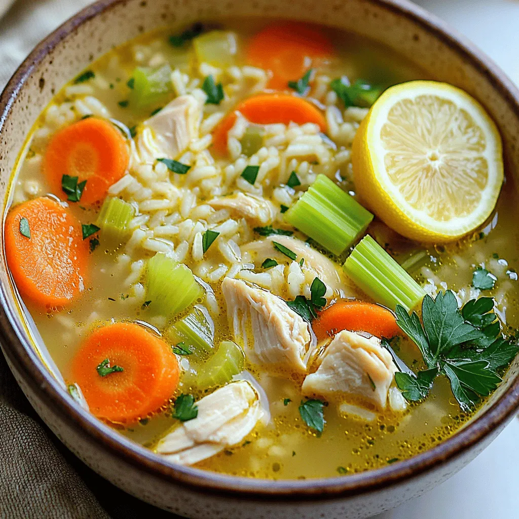 To make Cozy Chicken & Rice Soup, you need a mix of simple and fresh ingredients. Each one adds flavor and warmth to the dish. - Chicken and vegetable components - 1 pound boneless, skinless chicken thighs, diced - 1 medium onion, chopped - 3 carrots, sliced - 2 celery stalks, sliced - Herbs and spices - 1 cup long-grain rice, rinsed - 6 cups low-sodium chicken broth - 1 teaspoon dried thyme - 1 teaspoon dried oregano - 1 bay leaf - Salt and pepper to taste - Optional garnishes - 2 tablespoons olive oil - Fresh parsley, chopped (for garnish) - Juice of 1 lemon (for brightness) These ingredients work together to create a rich, comforting soup. The chicken provides protein, while the rice gives it a hearty feel. The herbs and spices boost the flavor, making every bite satisfying. I love to add lemon juice for a touch of brightness. It brings the whole dish to life! For the full recipe, check out the Cozy Chicken & Rice Soup 🧡. Cooking the chicken Start by heating olive oil in a large pot over medium heat. Add diced chicken thighs. Season with salt and pepper. Cook until they turn golden brown, around 5 to 7 minutes. Once done, remove the chicken from the pot and set it aside. This step gives your soup a rich flavor base. Sautéing the vegetables In the same pot, toss in the chopped onion, sliced carrots, and sliced celery. Cook these for about 5 minutes, stirring occasionally. The goal is to soften them and let their flavors mix. After they soften, add minced garlic and cook for another 1 to 2 minutes. You want to release that wonderful garlic aroma. Adding broth and rice Now, it’s time to bring it all together. Add the rinsed long-grain rice back into the pot. Pour in the low-sodium chicken broth, and then add dried thyme, oregano, and a bay leaf. Stir everything well to combine. This step is crucial as it sets the foundation for your cozy chicken and rice soup. Bringing to a boil Next, return the browned chicken to the pot. Bring the mixture to a gentle boil. This will help all the flavors meld beautifully together. Cooking duration Once boiling, reduce the heat to low and cover the pot. Let it simmer for about 20 to 25 minutes. This allows the rice to cook through and absorb all those tasty flavors. Final seasoning adjustments After the cooking time, remove the bay leaf. Stir in the fresh lemon juice for a bright touch. Taste your soup and adjust seasoning with more salt and pepper, if needed. This final touch makes a world of difference! For the complete process, you can refer to the Full Recipe. To enhance the taste of your Cozy Chicken & Rice Soup, try adding fresh herbs like dill or basil. These herbs bring a bright note to the rich broth. You can also mix in parsley at the end for freshness. For a better broth, use homemade chicken broth if you can. It has more depth than store-bought. Simmer the broth longer to extract more flavor. You can even add a splash of white wine for a hint of acidity. Improving the texture of the rice is easy too. Rinse the rice well before cooking to remove excess starch. This step helps the rice stay fluffy instead of becoming mushy. If you prefer, use jasmine or basmati rice for a different flavor and texture. This soup pairs well with crusty bread or a simple green salad. A side of garlic bread is also a great choice for dipping. If you want to make it a full meal, a light sandwich adds variety. To enjoy leftovers, try reheating the soup on the stove. This method helps retain the flavors. You can also add more broth or water if the soup thickens too much. To keep it fresh, top it with fresh herbs or a squeeze of lemon juice before serving. For the full recipe, check the Cozy Chicken & Rice Soup section above. {{image_2}} When making cozy chicken and rice soup, feel free to mix things up. You can swap ingredients based on what you have or your taste. Here are some ideas to create your perfect bowl of soup. - Ingredient Swaps: You can change the vegetables. Instead of carrots, try peas or corn. You could also use wild rice or brown rice instead of long-grain rice. Each choice brings a unique flavor. - Dietary Modifications: For a gluten-free option, ensure your broth is gluten-free. You can also use cauliflower rice for a low-carb version. This swap keeps the soup light and tasty. - Spicy Versions: If you like heat, add crushed red pepper or diced jalapeños. You can also toss in some cooked chorizo or spicy sausage for extra protein and flavor. This adds a fun twist to the classic recipe. These variations can help you tailor the soup to fit your needs and cravings. Don’t hesitate to explore these options! For the original recipe, check out the Full Recipe. To keep your cozy chicken and rice soup fresh, store it properly. - Refrigeration tips: Place the soup in an airtight container. This will help it stay fresh for about 3 to 4 days. Make sure to let it cool before sealing it. - Freezing guidelines: For longer storage, freeze the soup. Use freezer-safe containers or bags. Leave some space for expansion as it freezes. It will last for about 2 to 3 months in the freezer. You want to enjoy your soup just like the first time you made it. - Best methods for reheating: The best way to reheat is on the stove. Pour the soup into a pot over medium heat. Stir it often until it warms through. You can also use a microwave if you prefer. Just heat in 1-minute increments, stirring in between. - Maintaining flavor and texture: If you find the soup thickens too much, add a splash of chicken broth or water while reheating. This helps keep the rice tender and the flavors bright. Can I use canned chicken instead of fresh? Yes, you can use canned chicken. Just drain it well and add it to the soup later. This saves time and works well in a pinch. Fresh chicken gives a better taste, but canned is a good option. How can I make this soup ahead of time? You can make the soup in advance and store it in the fridge. It stays fresh for about three days. To reheat, warm it on the stove over low heat. You can also freeze it for up to three months. Just remember to leave out the rice if you freeze it. Rice can get mushy when thawed. What is the best type of rice to use? Long-grain rice works best for this soup. It cooks evenly and stays fluffy. You can also try brown rice for a nutty flavor. If you prefer a quicker option, instant rice can be used, but adjust the cooking time. Can I make this soup in a slow cooker? Yes, you can use a slow cooker. Add all the ingredients except the rice and cook on low for 6-8 hours. About 30 minutes before serving, stir in the rice. This method gives you a rich flavor with less hands-on time. Calories and serving size One serving of this soup has about 300 calories. Each recipe makes six servings, so it’s great for sharing. Key nutritional benefits of the ingredients - Chicken thighs provide protein and iron. - Carrots add fiber and vitamins. - Celery offers hydration and minerals. - Rice gives energy through carbs. - Using low-sodium broth helps keep it heart-healthy. This soup is comforting and nourishing, making it a great choice for any meal. For the complete recipe, check the Full Recipe section. This blog post covered the key steps for making a delicious soup. We explored essential ingredients like chicken, vegetables, and spices. I shared how to prepare and simmer the soup for the best flavor. You also learned tips to enhance taste and texture, plus ways to customize your dish. Don’t forget about storing leftovers properly! Whether you want extra herbs or a spicy kick, you can easily adapt this recipe. Enjoy making this soup your own and savor every bite!