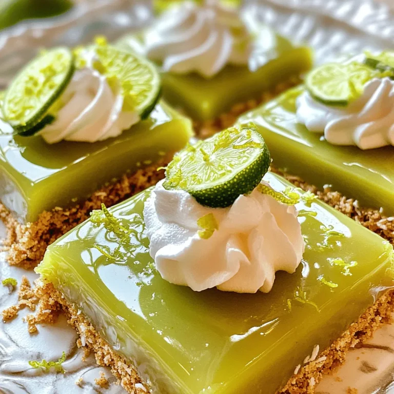 - 1 ½ cups graham cracker crumbs - ½ cup unsweetened shredded coconut - ⅓ cup granulated sugar - ½ cup unsalted butter, melted - 1 can (14 ounces) sweetened condensed milk - ½ cup fresh key lime juice (about 5-6 limes) - 2 large eggs - Zest of 2 key limes The base of these bars starts with graham cracker crumbs. They add a sweet crunch. Next, we include unsweetened shredded coconut for flavor and texture. Granulated sugar helps balance the tartness of the key limes. The melted butter binds the crust together, making it easy to press into the pan. Sweetened condensed milk gives these bars their creamy texture. Fresh key lime juice brings that bright, tangy flavor. The eggs help set the filling, giving it a lovely structure. Finally, the zest of key limes adds a burst of citrus aroma. - Whipped cream for serving - Lime slices or zest for garnish Though not needed, whipped cream adds a creamy finish. A dollop on top makes it extra special. Lime slices or zest can also enhance the look. They give a pop of color and freshness, making the dessert even more inviting. For the full recipe, check the details above. First, preheat your oven to 350°F (175°C). This helps the bars bake evenly. Then, grab an 8x8 inch baking pan. Line it with parchment paper. Leave some paper hanging over the edges. This makes removing the bars easy later. Next, mix the dry ingredients for the crust. In a bowl, combine graham cracker crumbs, shredded coconut, and granulated sugar. Pour in the melted butter. Stir until the crumbs look like wet sand. Now, press the crumb mixture into the bottom of your pan. Make sure to pack it down firmly. This forms a solid base. Bake the crust for 10 minutes. It should look lightly golden. Once baked, take it out and let it cool slightly. While the crust cools, get a separate bowl. Whisk together sweetened condensed milk, fresh key lime juice, eggs, and lime zest. Mix until everything is well blended and smooth. Pour the key lime mixture over the cooled crust. Spread it out evenly with a spatula. Then, return the pan to the oven. Bake for another 15-20 minutes. The filling should be set and slightly firm. Keep an eye on it to avoid over-baking. Once done, remove from the oven and let the bars cool to room temperature. After cooling, refrigerate for at least 2 hours. This helps the bars firm up. Once chilled, lift the bars out using the parchment paper. Cut into squares and enjoy! - Ensuring the right consistency: The filling should be smooth and creamy. Mix the sweetened condensed milk, lime juice, eggs, and zest well. Avoid lumps by whisking thoroughly. This ensures your bars set nicely without being too runny. - Best practices for avoiding over-baking: Keep an eye on the bars while they bake. They should be slightly firm to the touch but not browning on top. If you see them puffing up too much, take them out. Let them cool fully for the best texture. - Alternatives for sweetened condensed milk: If you prefer a healthier option, try using coconut cream. It adds richness and a hint of flavor. Another choice is a homemade version using milk and sugar. - Other crust options: You can use nut crusts made from ground almonds or hazelnuts. They add a nice crunch and flavor. For a gluten-free option, try a crust made from gluten-free cookies. {{image_2}} You can add unique flavors to your key lime pie bars. One great option is to mix in fresh fruit. Berries like strawberries or blueberries work well. Just chop them up and stir them into the filling. This adds color and taste. You can also try other citrus fruits. Oranges or lemons can brighten the flavor. Mix in a little zest to boost the taste even more. If you want to take it to the tropics, think about pineapple or mango. These fruits add sweetness and a fun twist. Just puree the fruit and mix it with the key lime filling. Making these bars gluten-free is simple. You can swap regular graham crackers for gluten-free ones. They still taste great and keep the same texture. For vegan options, you can replace the eggs. Use flaxseed meal or chia seeds mixed with water. This works well in many recipes. You can also choose a plant-based sweetened condensed milk. This keeps the creamy texture while making it vegan-friendly. Feel free to explore these variations. They can help create a key lime pie bar that fits your tastes and diet. For the full recipe, check out the details provided above. To keep your Key Lime Pie Bars fresh, store them in the fridge. Place them in an airtight container. This will help maintain their flavor and texture. They taste best when chilled. If you need to freeze them, wrap each bar in plastic wrap. Then, place the wrapped bars in a freezer-safe bag. Make sure to remove as much air as possible. When it’s time to eat them, take the bars out of the freezer. Let them thaw in the fridge overnight. This will keep them from becoming too soft. In the fridge, your Key Lime Pie Bars will last for about 5 days. If you freeze them, they can last for up to 3 months. Check for signs of spoilage. If you see any mold or if they smell off, it’s best to toss them. Fresh bars should have a bright lime scent and a smooth texture. Enjoy your dessert while it’s at its best! What does Key Lime Pie Bars taste like? Key Lime Pie Bars taste bright and tangy. The key lime juice gives a sweet yet tart flavor. The graham cracker crust adds a crunchy texture. The coconut enhances the tropical feel. Together, these flavors create a refreshing dessert. Can I use regular limes instead of key limes? Yes, you can use regular limes if you can't find key limes. However, the taste will be different. Key limes are smaller and sweeter. They have a unique flavor that you may miss. If you use regular limes, your bars may taste more tart. Can I make these bars ahead of time? Absolutely! You can make Key Lime Pie Bars a day ahead. Just keep them in the fridge after they are set. This allows the flavors to blend nicely. It also saves you time on the day you want to serve them. What's the best way to serve Key Lime Pie Bars? Serve the bars chilled for the best taste. You can add a dollop of whipped cream on top. A slice of lime or some zest makes a nice garnish. This adds color and extra zing to the dessert. For detailed preparation, check out the Full Recipe for Zesty Key Lime Pie Bars. Key lime pie bars blend tart key lime juice and sweet condensed milk for a treat. We covered key ingredients like graham crackers and coconut. You learned step-by-step baking and tips to avoid common mistakes. Variations can add flavors or cater to dietary needs. Store them properly to keep them fresh. Enjoy making these bars; they are simple and tasty! You’ll impress family and friends, bringing smiles. Try your own twists, and enjoy the process!