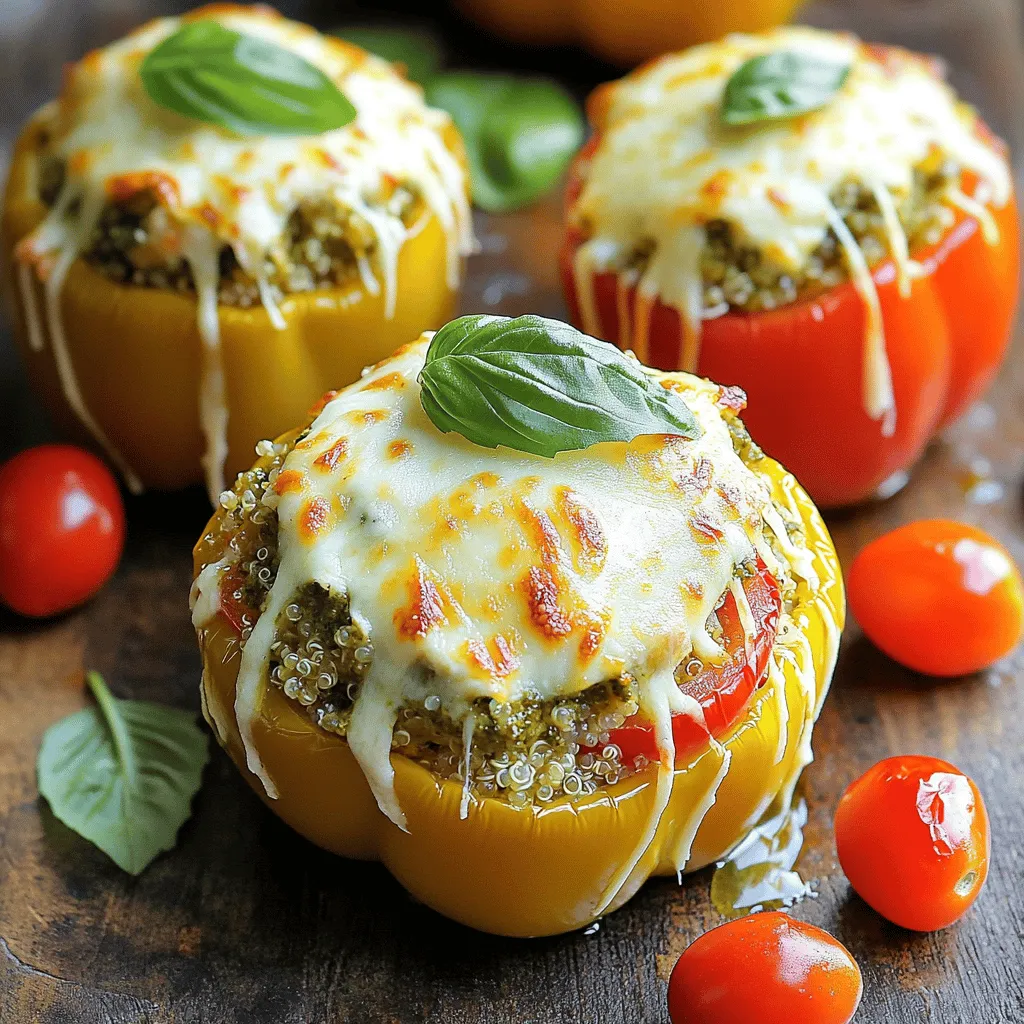 To make delicious pesto chicken stuffed bell peppers, gather these main ingredients: - 4 large bell peppers (any color) - 2 cups cooked chicken, shredded - 1 cup basil pesto - 1 cup cooked quinoa - 1 cup cherry tomatoes, halved - ½ cup mozzarella cheese, shredded - ¼ cup parmesan cheese, grated - Salt and pepper to taste - Olive oil for drizzling - Fresh basil leaves for garnish You can enhance your stuffed peppers with these optional ingredients: - Spinach or kale for extra greens - Black olives for added flavor - Red onion or garlic for a kick - Nuts, like pine nuts or walnuts, for crunch Adding these ingredients can bring a new taste to your dish. You can mix and match based on what you like. Each serving of pesto chicken stuffed bell peppers offers great nutrition. Here’s a general breakdown: - Calories: Around 350 - Protein: 30g - Carbohydrates: 30g - Fiber: 5g - Fat: 15g These peppers provide protein from chicken and cheese. The quinoa and veggies add fiber and vitamins. This meal gives you energy and keeps you full. Start by preheating your oven to 375°F (190°C). Next, take four large bell peppers. You can pick any color you like. Cut off the tops and scoop out the seeds. This helps the peppers cook well. Brush the outside with olive oil for extra flavor. Set these aside while you mix the filling. In a large bowl, combine two cups of cooked, shredded chicken with one cup of basil pesto. Add one cup of cooked quinoa for texture and nutrition. Toss in one cup of halved cherry tomatoes for a fresh taste. Then, mix in half a cup of shredded mozzarella cheese and a quarter cup of grated parmesan cheese. Stir everything until it blends well. Season with salt and pepper to your liking. Now, take each bell pepper and stuff it with the chicken mixture. Press down gently to pack it in tight. Place the stuffed peppers upright in a baking dish. Drizzle a little olive oil over each pepper. Cover the dish with aluminum foil to keep moisture in. Bake for 25 minutes, then remove the foil. Bake for another 10 to 15 minutes until the peppers are tender. They should look golden and bubbly on top. Once done, take them out and let cool for a few minutes. Top with fresh basil leaves for a nice touch. To cook quinoa, rinse it well under cold water first. This helps remove any bitter taste. Use a ratio of 1 part quinoa to 2 parts water. Bring the water to a boil, then add the rinsed quinoa. Lower the heat, cover, and simmer for about 15 minutes. When the water is gone, let it sit for 5 minutes before fluffing it with a fork. Perfectly cooked quinoa adds great texture to the filling. If you don’t have chicken, try turkey or even cooked lentils for a veggie twist. You can swap basil pesto for sun-dried tomato pesto for a rich flavor. Use brown rice or couscous instead of quinoa for a different base. If you want a lighter cheese, try using feta or goat cheese. Adjust the salt and pepper based on your taste. These stuffed peppers look great on a plate. Serve them with a side salad for fresh crunch. You can drizzle balsamic glaze over the top for extra flavor. Adding a sprinkle of extra cheese can make them even more delicious. For a fun twist, pair them with garlic bread or crusty rolls. {{image_2}} You can easily make these stuffed peppers vegetarian. Instead of chicken, use cooked lentils or chickpeas. They add great protein. For a vegan version, choose a dairy-free pesto and skip the cheese. Nutritional yeast can add a cheesy flavor. If you want to switch proteins, try cooked turkey or shredded tofu. Both options work well and bring different tastes. You can also use black beans for a hearty and unique flavor. Just remember to season them well. Spices can take your stuffed peppers up a notch. Add garlic powder or onion powder for depth. A pinch of red pepper flakes can bring heat. For a touch of earthiness, use smoked paprika. These spices will make every bite exciting! To keep your pesto chicken stuffed bell peppers fresh, let them cool first. Place them in an airtight container to avoid drying out. You can store them in the fridge for up to three days. If you want to keep them longer, freezing is a great option. To freeze stuffed peppers, wrap each one in plastic wrap tightly. Then, place them in a freezer-safe bag. This way, they will stay fresh for up to three months. When you're ready to enjoy, just thaw them overnight in the fridge before reheating. Reheat your stuffed peppers in the oven for the best results. Preheat your oven to 350°F (175°C). Place the peppers in a baking dish and cover with foil to keep them moist. Heat for about 20 minutes or until warm. You can also microwave them, but they may lose some texture. Yes, you can use different cheeses. Cheddar, feta, or goat cheese work great. Each cheese adds its own flavor. Cheddar gives a sharp taste, while feta brings a tangy kick. You can mix cheeses too for more depth. To make this dish gluten-free, use gluten-free quinoa. Always check your pesto for gluten. Many store-bought pestos are gluten-free, but it’s best to read the label. You can also make your own pesto at home with fresh basil, garlic, and nuts. You can add diced zucchini, spinach, or mushrooms to the stuffing. These veggies boost nutrition and flavor. Chopped onions or bell pepper bits are great too. Feel free to get creative and use what you have on hand. This post covered everything you need to know to make great stuffed peppers. We explored main ingredients, tasty alternatives, and even how to store your leftovers. Remember, you can switch up proteins and spices for new flavors. Don't be afraid to get creative. Try different cheeses and veggies to suit your taste. Now, you're ready to enjoy healthy meals that are fun to make and delicious to eat. Happy cooking!