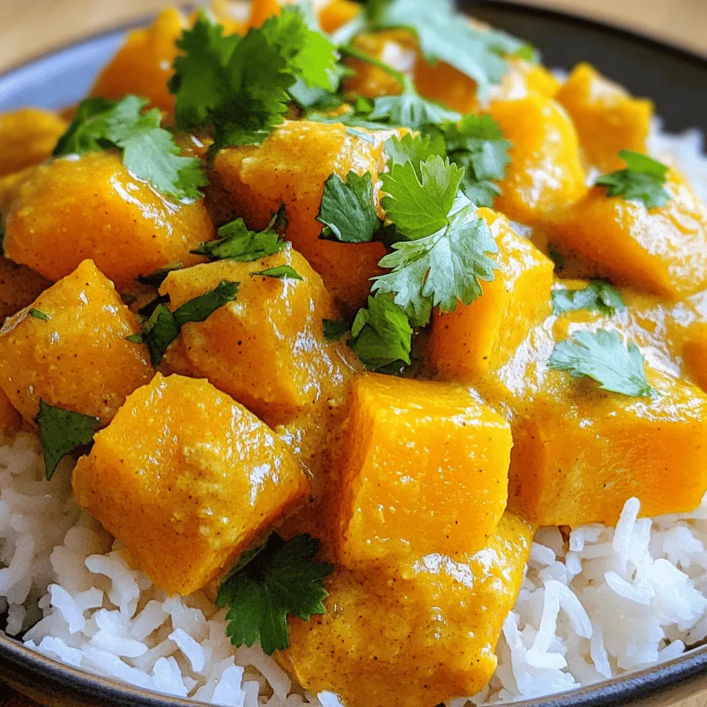 - 1 medium butternut squash, peeled and diced - 1 can (400 ml) coconut milk - 2 tablespoons red curry paste - 1 onion, finely chopped - 3 cloves garlic, minced - 1 tablespoon ginger, grated - 1 tablespoon olive oil - 2 cups vegetable broth - 1 tablespoon soy sauce - 1 tablespoon brown sugar - Salt to taste - Fresh cilantro for garnish - Cooked jasmine rice or quinoa for serving Butternut squash is sweet and creamy. It gives this dish a great base. Coconut milk adds rich flavor and creaminess. Red curry paste brings warmth and spice. Onions, garlic, and ginger create a fragrant mix. Olive oil helps with cooking. Vegetable broth keeps it light and tasty. Soy sauce adds depth, while brown sugar balances flavors. Fresh cilantro brightens the dish. Jasmine rice or quinoa makes the meal complete. Butternut squash is high in fiber and vitamins. It provides vitamin A and C. Coconut milk offers healthy fats and helps with heart health. Ginger and garlic boost your immune system. They also add flavor and health benefits. This dish is not just tasty; it's good for you too! You will need a few simple tools. A large pot or Dutch oven works well for cooking. A knife and cutting board are essential for chopping. Measuring spoons help you get the right amounts. A wooden spoon is great for stirring. An immersion blender is optional if you like a smooth texture. - Peel the butternut squash. Cut it in half, scoop out seeds, and dice it into small cubes. This helps it cook fast and evenly. - Chop one onion finely. Mince three cloves of garlic and grate one tablespoon of ginger. These ingredients add great flavor. - Heat one tablespoon of olive oil in a large pot over medium heat. Add the chopped onion and sauté it for about five minutes until it turns translucent. - Stir in the minced garlic and grated ginger. Cook these for one more minute. This step releases lovely aromas. - Add the diced butternut squash into the pot. Mix well with the onions, garlic, and ginger. Sauté for about five minutes. This gets the squash started. - Stir in two tablespoons of red curry paste and coat the squash well. The paste gives this dish its rich flavor. - Pour in two cups of vegetable broth and one can (400 ml) of coconut milk. Bring this mixture to a gentle simmer. - Add one tablespoon of soy sauce and one tablespoon of brown sugar. Stir to combine everything well. - Cover the pot and let it cook for 20 to 25 minutes, or until the butternut squash is tender. This makes the squash soft and tasty. - Taste and season with salt as needed. If you want a sweeter taste, add more brown sugar. - After cooking, let it cool for a few minutes. If you like a creamy texture, use an immersion blender to puree the mixture until smooth. - Serve the coconut curry butternut squash over cooked jasmine rice or quinoa. Garnish with fresh cilantro for a pop of color and flavor. What sides go well with coconut curry butternut squash? - Cooked jasmine rice - Quinoa - Steamed broccoli - Naan bread For garnishing, fresh cilantro adds color and flavor. You can also use lime wedges on the side. How do you get the perfect consistency? - Use a mix of coconut milk and vegetable broth. - Simmer until the squash is tender. Want to adjust the spice level? - Add more red curry paste for heat. - Use less if you like it mild. How should you store leftovers? - Keep the curry in an airtight container. - It stays fresh in the fridge for 3-4 days. How do you reheat it? - Warm it in a pot over low heat. - Stir often to prevent sticking. {{image_2}} You can swap coconut milk for almond milk or cashew cream. Both give a nice flavor. If you want a lighter option, try vegetable broth alone. For veggies, add carrots, sweet potatoes, or bell peppers. Each brings a unique taste and texture to your dish. Herbs and spices can make your curry pop. Add fresh basil or mint for a bright twist. You can also sprinkle in turmeric or cumin for warmth. A squeeze of lemon or lime juice adds a zing. This brightens the dish and balances the creaminess. This dish is easy to make vegan. Just ensure your curry paste is vegan-friendly. For a gluten-free version, use tamari instead of soy sauce. This keeps all the flavors while fitting different diets. Enjoying this dish is simple for everyone! It takes about 20 to 25 minutes to cook butternut squash when simmering in water or broth. If you roast it in the oven, it can take around 30 to 40 minutes at 400 degrees Fahrenheit. For faster cooking, you can microwave it for about 10 to 15 minutes. Always check for tenderness with a fork to know it is ready. Yes, you can use frozen butternut squash. It’s a great time saver! Just add it directly to the pot, but you may need to increase the cooking time by a few minutes. Be sure to check the texture as it cooks. Frozen squash is often pre-cooked, so it may soften faster than fresh. For this dish, I recommend using red curry paste. It adds a warm, rich flavor that pairs well with butternut squash. Brands like Thai Kitchen or Maesri are great choices. If you want a milder taste, try yellow curry paste instead. Always taste and adjust to your liking! 1. Heat olive oil in a large pot over medium heat. 2. Add the chopped onion and sauté until it turns soft and clear, about 5 minutes. 3. Stir in the minced garlic and grated ginger. Cook for another minute until it smells good. 4. Add the diced butternut squash to the pot. Mix well with the onion, garlic, and ginger. Sauté for about 5 minutes. 5. Stir in the red curry paste until the squash is well coated. 6. Pour in the vegetable broth and coconut milk. Bring the mixture to a gentle simmer. 7. Add soy sauce and brown sugar. Stir to combine all the flavors. 8. Cover the pot and let it cook for 20-25 minutes. The squash should be soft. 9. Taste the dish and add salt if needed. If you want it sweeter, add more brown sugar. 10. Once ready, remove from heat. Let it cool for a few minutes. If you want a creamy soup, use an immersion blender to puree it until smooth. 11. Serve the coconut curry butternut squash over cooked jasmine rice or quinoa. Garnish with fresh cilantro. This blog post guides you through making a delicious Coconut Curry Butternut Squash dish. We covered the key ingredients, their nutritional perks, and the tools you need. You learned simple steps from prep to cooking, plus tips for serving and storing. Feel free to explore variations to fit your taste. Cooking should be fun and easy. Try this dish, and enjoy the flavors! Your kitchen is about to be filled with warmth and comfort. Happy cooking!