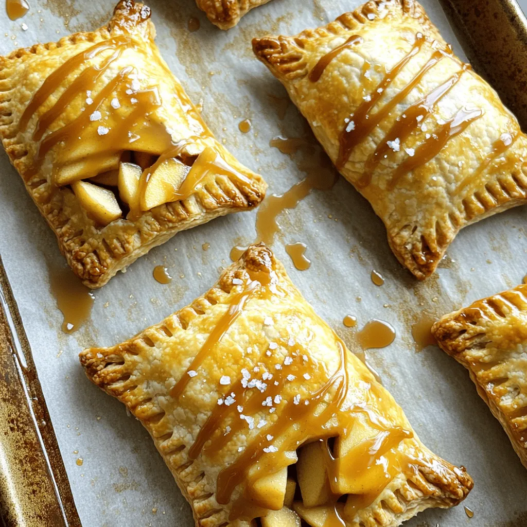 - 2 cups all-purpose flour - 1/2 teaspoon salt - 1 tablespoon sugar - 1/2 cup unsalted butter, chilled and cubed - 6–8 tablespoons ice water - 3 medium apples (such as Granny Smith or Honeycrisp), peeled and diced - 1/2 cup brown sugar - 1 teaspoon cinnamon - 1 tablespoon lemon juice - 1/4 cup salted caramel sauce (store-bought or homemade) - 1 egg (for egg wash) - Sea salt flakes for topping The main ingredients make these hand pies special. First, the all-purpose flour provides a great base for the dough. The salt and sugar balance the flavors. Chilled butter gives the crust its flaky texture. Ice water helps bring the dough together quickly. Next, the apples shine in this recipe. I love using Granny Smith or Honeycrisp for their tartness. The brown sugar adds depth, while cinnamon and lemon juice brighten the mix. Salted caramel sauce is a must. It brings that sweet, salty flavor that makes these pies irresistible. - Mixing bowl - Rolling pin - Cookie cutter or glass - Baking sheet - Parchment paper Using the right tools makes cooking easier. A mixing bowl is essential for combining ingredients. A rolling pin helps roll out the dough evenly. You can use a cookie cutter or a glass to shape the dough circles. A baking sheet lined with parchment paper keeps the hand pies from sticking. This setup ensures your baking process runs smoothly, allowing you to focus on creating delicious treats. Start by mixing 2 cups of flour, 1/2 teaspoon of salt, and 1 tablespoon of sugar in a large bowl. Use a whisk to blend them well. Then, cut in 1/2 cup of chilled, cubed butter. Aim for a mix that looks like coarse crumbs. Next, slowly add 6-8 tablespoons of ice water. Stir until the dough starts to come together. Divide the dough into two disks, wrap them in plastic, and chill for at least 30 minutes. For the filling, take 3 medium apples, peel and dice them. In a separate bowl, mix the diced apples with 1/2 cup of brown sugar, 1 teaspoon of cinnamon, and 1 tablespoon of lemon juice. Stir until the apples are well-coated. If you want, drizzle in 1/4 cup of salted caramel sauce and gently fold it in. This adds a rich flavor to the filling. Once your dough is ready, roll out one disk on a floured surface until it's about 1/8-inch thick. Use a cookie cutter or a glass to cut out circles that are 4-5 inches wide. Place about 1 tablespoon of the apple filling on one half of each dough circle. Fold the dough over to create a half-moon shape. Seal the edges with your fingers or a fork. Preheat your oven to 400°F (200°C) while you prepare the baking sheet. Line it with parchment paper. Brush the tops of the hand pies with a beaten egg for a golden color. Sprinkle sea salt flakes on top for extra flavor. Bake the hand pies for 20-25 minutes, or until they turn golden brown and crispy. Enjoy them warm! - Keeping butter cold for a flaky crust: Cold butter makes a tender and flaky crust. Cut the butter into small cubes and chill it in the fridge before using. When you mix it into the flour, do so quickly. The less the butter warms up, the better your crust will be. - How to prevent shrinking during baking: To stop your dough from shrinking, let it rest. After mixing, wrap it in plastic and chill for at least 30 minutes. This helps the gluten relax. When rolling out, don’t stretch the dough; let it fall naturally into shape. - Adjusting sweetness with different apple types: Different apples give different flavors. Granny Smith apples are tart and great for balance. Honeycrisp apples are sweet and juicy. Mix them for a more complex taste. - Enhancing flavors with additional spices: You can add spices to make your filling pop. Consider nutmeg or ginger for warmth. A pinch of cloves can also add depth to your apple mixture. Experiment to find your perfect blend. - Best serving ideas and pairing options: Serve these hand pies warm with vanilla ice cream. The creaminess of the ice cream pairs well with the warm, sweet filling. You can also serve them with whipped cream for a light touch. - Drizzling options for extra caramel flavor: For an extra treat, drizzle more salted caramel sauce on top. Just warm it slightly to make it easier to pour. You can also sprinkle some sea salt on top for a sweet and salty combo. {{image_2}} You can switch up the filling in your salted caramel apple hand pies. Try using pears or peaches for a fruity twist. You can also use berries for a tart flavor. For nut lovers, adding chopped pecans or walnuts can bring a nice crunch. Want something rich? Add chocolate chips for a sweet surprise. Mix them with apples for a great blend of flavors. You can even go savory! Fill your pies with cheese and herbs or cooked meats for a fun snack. If you need a gluten-free version, it's easy to adjust the recipe. Use gluten-free flour blends instead of all-purpose flour. Look for blends that include xanthan gum for the best texture. You might need to tweak the amount of liquid. Gluten-free flours absorb more moisture, so add a little more water if the dough feels dry. Just keep an eye on the dough's consistency. It should still be easy to roll out. Mini hand pies are perfect for parties or snacks. To make them, roll the dough out thinner and cut smaller circles, about 3 inches in diameter. Adjust the baking time, too. Smaller pies will bake faster, so check them after 15 minutes. They should be golden brown and crispy. These bite-sized treats are fun to eat and share. To keep your salted caramel apple hand pies fresh, store them in the fridge. Place them in an airtight container. This helps reduce moisture and keeps the crust crispy. They last up to three days in the fridge. If you want them warm, just reheat them in the oven for a few minutes. You can freeze hand pies before baking. Assemble the pies, but do not bake them. Place them in a single layer on a baking sheet. Freeze for two hours until solid. Then, transfer them to a freezer bag. When you want to bake them, you can cook them straight from the freezer. Just add a few extra minutes to the baking time. To keep the crust crispy, avoid stacking the hand pies. Use parchment paper between layers if you must stack. Store them in a container that allows for airflow. A wire rack works great for this. Keeping them in a cool, dry place also helps maintain that crunch. To make salted caramel sauce from scratch, follow these simple steps: 1. Gather your ingredients: You need sugar, water, heavy cream, butter, and sea salt. 2. Combine sugar and water: In a saucepan, mix one cup of sugar with a quarter cup of water. Stir until dissolved. 3. Cook the mixture: Heat over medium heat. Do not stir. Watch for a golden color. 4. Add cream: Once golden, remove from heat. Slowly whisk in half a cup of heavy cream. Be careful, it will bubble. 5. Add butter and salt: Stir in four tablespoons of butter and a pinch of sea salt. Let it cool. This sauce is rich, sweet, and perfect for drizzling over your hand pies. Yes, you can use store-bought pie crust. Here are the pros and cons: - Pros: - Saves time and effort. - Consistent texture and flavor. - Cons: - Less control over ingredients. - May not be as flaky as homemade. If you want a quick dessert, store-bought crust is a good choice. If you have time, homemade adds a special touch. If your dough is too sticky, here’s how to fix it: 1. Add more flour: Sprinkle a little flour onto the dough and knead gently. 2. Chill the dough: Place it in the fridge for 10-15 minutes. This firms it up. 3. Use floured surfaces: Always roll out on a floured surface to prevent sticking. These steps will help you achieve the right dough consistency for your hand pies. In this blog post, we explored how to make delicious hand pies. We covered the main ingredients like apples, butter, and spices. You learned step-by-step instructions for making the dough and filling, plus helpful tips to ensure success. Remember, you can easily customize flavors and try different fillings. Keep your hand pies on point by following storage tips for freshness. With practice, you’ll master this simple dessert. Enjoy baking and sharing your sweet treats!