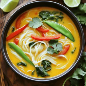 - 200g rice noodles - 1 tablespoon vegetable oil - 1 onion, finely chopped - 3 cloves garlic, minced - 1 tablespoon ginger, grated - 2 tablespoons red curry paste - 1 can (400ml) coconut milk - 2 cups vegetable broth - 1 tablespoon soy sauce - 1 teaspoon brown sugar - 1 red bell pepper, sliced - 1 cup snow peas - 1 cup baby spinach leaves - Fresh cilantro, for garnish - Lime wedges, for serving Each ingredient plays a key role in the flavor. Rice noodles soak up the soup. The vegetable oil helps cook the onion, garlic, and ginger. Red curry paste brings heat and depth. Coconut milk adds a creamy texture. Vegetable broth provides a base for the soup. Soy sauce and brown sugar balance the flavors. Fresh veggies add crunch and color. Choose rice noodles that are labeled "fresh" or "dry." Fresh noodles cook faster. For vegetables, look for bright colors and firm textures. The onion should feel heavy for its size. Garlic should have a firm skin. Ginger should be smooth and free of wrinkles. Pick cilantro with vibrant green leaves. Check lime for firmness and a shiny skin. These choices will boost your soup's flavor. To start, boil water in a large pot. Add the rice noodles and cook them as the package says. This usually takes about 4-6 minutes. When they are soft, drain the noodles and set them aside. You want them ready for the soup but not mushy. Now, grab a big pot and heat the vegetable oil over medium heat. Add the chopped onion. Stir it for about 3-4 minutes until it turns soft. Next, mix in the minced garlic and grated ginger. This adds a nice flavor. Cook for one minute, then add the red curry paste. Stir well for about 2 minutes to blend everything together. Once the paste is mixed in, pour in the coconut milk and vegetable broth. Stir to mix the curry paste into the broth. After that, add the soy sauce and brown sugar. Bring this mix to a gentle simmer. This is where the magic starts. When the soup simmers, add the sliced red bell pepper and snow peas. Cook these for about 5 minutes. You want them tender but still bright. Finally, stir in the baby spinach leaves. They will wilt quickly and add a nice touch. To serve, place a portion of the cooked rice noodles in each bowl. Ladle the hot soup over the noodles. Top with fresh cilantro leaves and add lime wedges on the side. This adds a fresh zing to your meal. Enjoy your Thai red curry noodle soup! When making Thai red curry noodle soup, avoid skipping steps. Each step builds flavor. Don’t rush cooking the onion. It should turn soft and sweet. If the garlic burns, it will taste bitter. Also, don’t add too much red curry paste at once. Start with a little, then taste. You can add more, but you can’t take it out. Want more kick? Add more red curry paste. If it’s too hot, you can add more coconut milk. This will cool it down. You can also try adding some sugar. It balances the heat well. Taste as you go to find your perfect heat level. Serve your soup hot with fresh lime wedges. The lime adds a nice zest. Fresh cilantro on top gives a bright flavor. You can also serve it with crusty bread on the side. This is great for dipping. Enjoy your meal with family or friends for a cozy night in! {{image_2}} You can add protein to your Thai red curry noodle soup. Chicken, shrimp, and tofu work well. For chicken, use bite-sized pieces. Cook them after the onions. For shrimp, add them when the soup simmers. They only need a few minutes to cook. Tofu is great for a vegetarian option. Use firm tofu, cut into cubes, and add it with the vegetables. This soup is easy to make vegetarian or vegan. Simply use vegetable broth instead of chicken broth. For protein, add tofu or chickpeas. They will make the soup hearty. Ensure your curry paste is vegan, as some brands add shrimp paste. You can also add more veggies for extra flavor and texture. Feel free to swap in your favorite vegetables. Carrots, zucchini, and broccoli all work nicely. You can also try sweet potatoes for a creamy texture. Just remember to cut them small so they cook quickly. Adding more greens like kale or bok choy can boost nutrition. Experiment and find your favorite mix! To store leftovers of your Thai red curry noodle soup, let it cool first. Then, transfer it to an airtight container. This keeps it fresh and tasty. Store it in the fridge. It will stay good for about three to four days. When you want some, just take it out to enjoy later. If you want to save it for later, you can freeze the soup. Use a freezer-safe container or a zip-top bag. Make sure to leave some space at the top, as liquids expand when frozen. The soup will keep well for up to three months in the freezer. Just remember to label it with the date. When you are ready to eat your soup, thaw it if you froze it. You can reheat it on the stove over low heat. Stir it often to avoid burning. If it seems too thick, add a little vegetable broth or water. You can also use the microwave. Heat it in a microwave-safe bowl, stirring every minute until hot. Enjoy your warm, flavorful soup! If you need a substitute for coconut milk, try using almond milk or cashew cream. You can also blend silken tofu with water for a creamy texture. These options will change the flavor, but they can work well in a pinch. Coconut milk is rich and creamy, which is hard to replace, but these alternatives can still make a tasty soup. Yes, you can use different noodles! Rice noodles are the best for this dish, but you can try egg noodles or even whole wheat noodles. Just keep in mind that cooking times may vary. Make sure to follow the package directions for perfect noodles that fit your taste. Yes, this soup can be gluten-free if you use gluten-free soy sauce. Many brands now offer gluten-free options. Rice noodles are also naturally gluten-free, so you can enjoy this dish without worry. Always check labels to ensure all ingredients meet your dietary needs. Thai red curry noodle soup hails from Thailand. It combines rich flavors from Thai cuisine, such as coconut milk, curry paste, and fresh herbs. This dish showcases the balance of sweet, spicy, and savory tastes common in Thai food. It’s a beloved comfort food in many Thai homes and restaurants. This blog post outlined key steps to make a tasty Thai red curry noodle soup. We discussed ingredients, cooking techniques, and tips for fresh selections. I shared common mistakes and ways to adjust spice levels. Plus, I offered variations for proteins and vegetarian options. Remember, cooking is fun and flexible. Don't be afraid to try new things. With this guide, you can make a delicious bowl that suits your taste. Enjoy your cooking journey!