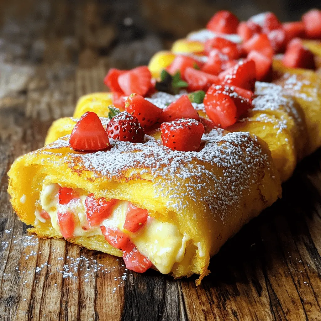 To make Strawberry Cheesecake French Toast Roll-Ups, you will need the following ingredients: - 8 slices of bread (white or whole wheat) - 1 cup fresh strawberries, hulled and diced - 1 cup cream cheese, softened - 1/4 cup powdered sugar - 1 teaspoon vanilla extract - 2 large eggs - 1/4 cup milk - 1 teaspoon cinnamon - 1 tablespoon butter (for cooking) - Optional toppings: extra powdered sugar and strawberries These ingredients come together to create a sweet and creamy filling that pairs perfectly with the crispy roll-up. The bread acts as a soft shell, while the strawberries add a fresh burst of flavor. You can choose white or whole wheat bread based on your preference. The cream cheese gives the filling a rich texture, while the powdered sugar adds sweetness. Don’t forget the vanilla extract—it enhances the overall flavor wonderfully. The eggs and milk create a custard-like coating for the rolls, while cinnamon adds a warm touch. Using fresh strawberries makes a big difference. They provide a bright taste that shines through the creamy filling. If you want, you can add extra powdered sugar and strawberries on top for a lovely finish. Gather these ingredients, and you will be ready to create a delightful treat that everyone will love! To start, grab a mixing bowl and add the softened cream cheese. Next, add the diced strawberries. Mix these together until they are smooth. Then, add the powdered sugar and vanilla extract. This step adds sweetness and flavor to your filling. Now it's time to flatten the bread. Take a rolling pin and gently roll over each slice. This makes the bread easier to roll later on. Aim for a thin, even layer. It helps create a nice wrap for the filling. Spoon about 2 tablespoons of the cheesecake filling onto one edge of each slice. Gently roll the bread tightly around the filling. Make sure to seal the ends by pinching them. This keeps the filling from leaking out during cooking. In a separate bowl, whisk together the eggs, milk, and cinnamon. This mixture will coat the rolls. It adds flavor and helps them crisp up nicely. Make sure it’s well mixed for even coating. Heat a skillet over medium heat and add butter. Dip each roll-up into the egg mixture. Make sure to coat them on all sides, but don’t soak them. Place the rolls in the skillet and cook for about 2-3 minutes on each side. Look for a golden brown color to know they are ready. Once cooked, remove the rolls and let them cool slightly. Dust them with powdered sugar for a sweet finish. You can also add extra fresh strawberries on top. This makes for a beautiful and tasty presentation. To make the filling just right, focus on texture and taste. Use soft cream cheese for easy mixing. The strawberries should be fresh, hulled, and diced small. This helps them blend well with the cream cheese. Mix until you achieve a smooth yet slightly chunky texture. The chunks add a nice bite. Add powdered sugar to sweeten the mix. Vanilla extract gives a lovely flavor boost. Taste the filling to ensure it’s sweet enough for your liking. Choosing the right bread is key. I recommend using white or whole wheat bread. Both types hold the filling well. White bread gives a soft, fluffy bite. Whole wheat adds a bit of nuttiness and extra fiber. Make sure the bread is fresh for the best results. A slightly stale loaf can work, too, as it rolls easily. Avoid bread that is too crusty; it may break when you roll it. Getting that perfect golden brown crust is simple. Start by heating your skillet over medium heat. Add butter to the pan before cooking. This adds flavor and helps with browning. Dip each roll-up in the egg mixture, but do not soak them. You want a light coating. Place them in the skillet and cook for 2-3 minutes on each side. Watch closely to avoid burning. Flip only when the bottom is golden and crispy. Enjoy the delightful scent as they cook! {{image_2}} You can change up the fruit in these roll-ups. Try blueberries, raspberries, or even bananas. Each fruit gives a new taste. You can also use flavored cream cheese. Strawberry, vanilla, or even chocolate cream cheese can add a twist. If you need gluten-free options, use gluten-free bread. It works just as well. For vegan eaters, swap the cream cheese with a plant-based version. Use almond or oat milk instead of regular milk. This way, everyone can enjoy the dish. You can serve these roll-ups for breakfast or as dessert. For breakfast, add some fresh fruit and maple syrup. For dessert, drizzle with chocolate sauce or serve with whipped cream. This makes each bite even better. To store leftovers, place the roll-ups in an airtight container. Keep them in the fridge. They stay fresh for up to three days. Make sure they cool down first. This helps prevent sogginess. To reheat without losing texture, use a skillet. Heat it on low. Add a little butter for flavor. Place the roll-ups in the skillet. Cook until warm, about two to three minutes on each side. You can also use an oven. Preheat it to 350°F and bake for about ten minutes. To freeze for later use, wrap each roll-up tightly in plastic wrap. Then, place them in a freezer bag. They can last up to three months in the freezer. When ready to eat, thaw them in the fridge overnight before reheating. This keeps them tasty and fresh. Yes, you can use frozen strawberries. First, thaw them completely. Drain any extra juice. This keeps the filling from getting too watery. Chop the strawberries into small pieces. This way, the flavor stays strong. Frozen strawberries work well, but fresh ones taste best. If you don’t have powdered sugar, you can use granulated sugar. Simply blend it in a blender until it is fine. You can also use honey or maple syrup. Just adjust the amount since they are sweeter. Use about half the amount of liquid sweetener. To prepare this recipe in advance, make the filling first. Store it in the fridge for up to one day. You can also flatten and roll the bread ahead of time. Just keep the rolls in the fridge until ready to cook. Cook them just before serving for the best taste. This blog post detailed a fun and tasty recipe for cheesecake rolls. I covered the ingredients needed and provided easy steps to prepare them. You learned tips to perfect your filling and choose the right bread. I also shared ways to customize the recipe to suit your taste and dietary needs. These cheesecake rolls are great for breakfast or dessert. Enjoy making them and share with others!
