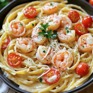 - 8 oz linguine pasta - 1 lb large shrimp, peeled and deveined - 4 cloves garlic, minced - 1 cup heavy cream - 1 cup chicken broth - 1 cup cherry tomatoes, halved - 1/2 cup grated Parmesan cheese - 2 tablespoons olive oil - 2 tablespoons butter - 1 teaspoon red pepper flakes (optional) - Salt and pepper to taste - Fresh parsley, chopped (for garnish) To create creamy garlic shrimp linguine, gather these key ingredients. The linguine pasta serves as the base. Use large shrimp for a hearty bite. Fresh garlic adds a rich flavor. Heavy cream brings the creaminess that makes this dish special. Chicken broth boosts the taste even more. Sweet cherry tomatoes add color and freshness. Grated Parmesan cheese gives a salty kick. Olive oil and butter create a perfect sauté mix. Red pepper flakes add a hint of heat, if desired. Finally, salt and pepper enhance all the flavors. Don't forget fresh parsley to brighten the dish when serving. With these ingredients, you can make a delicious meal in no time. Each one plays an important role in the final taste. I love how simple yet flavorful this dish is. It's perfect for a cozy dinner or special occasion. 1. Boiling pasta: Start by filling a large pot with water. Add a good amount of salt. Bring the water to a rapid boil. Once boiling, add the linguine pasta. Cook the pasta according to the package instructions until it is al dente, which takes about 8 to 10 minutes. 2. Reserving pasta water: Before draining the pasta, scoop out about 1/2 cup of the pasta water. This water is starchy and helps to thicken the sauce later. Drain the pasta and set it aside. 1. Heating olive oil and butter: In a large skillet, set the heat to medium. Add 2 tablespoons of olive oil and 2 tablespoons of butter. Let the butter melt and bubble gently. 2. Seasoning and cooking shrimp: Add 4 cloves of minced garlic to the skillet. Cook the garlic for about 1 minute until it smells great. Now, add the shrimp to the pan. Season with salt, pepper, and red pepper flakes if you want some heat. Cook the shrimp for 2 to 3 minutes on each side. They should turn pink and be fully cooked. Once done, remove the shrimp from the skillet and set them aside. 1. Simmering chicken broth: In the same skillet, pour in 1 cup of chicken broth. Turn the heat up slightly and bring it to a gentle simmer. 2. Adding heavy cream and thickening: Next, add 1 cup of heavy cream to the broth. Stir well and let it cook for 2 to 3 minutes. This will help the sauce thicken a little. 1. Mixing in cherry tomatoes: Add 1 cup of halved cherry tomatoes to the sauce. Cook for another 2 to 3 minutes. The tomatoes should start to soften and release their juices. 2. Incorporating Parmesan cheese: Stir in 1/2 cup of grated Parmesan cheese. Mix until the cheese melts and the sauce becomes creamy. 1. Mixing cooked linguine and shrimp: Add the reserved linguine and the shrimp back into the skillet. Toss everything together well. If the sauce looks too thick, add a little of the reserved pasta water until you like the consistency. 2. Adjusting seasoning: Taste the dish and adjust the seasoning with more salt and pepper if needed. Mix well one last time before serving. To make a creamy sauce, I focus on two main things: the right ingredients and timing. I use heavy cream for rich flavor. Chicken broth adds depth too. For creaminess, make sure to simmer the broth first. This helps the flavors combine well. If your sauce is too thick, add a splash of reserved pasta water. This water holds starch from the pasta, which helps the sauce cling better. If it is too thin, let it simmer longer to thicken. Cook shrimp on medium heat, so they stay tender. Overcooked shrimp turn rubbery quickly. Aim for 2-3 minutes on each side. They should be pink and opaque when done. To enhance flavor, season shrimp with salt, pepper, and red pepper flakes. Adding these before cooking helps the spices soak in. If you want a twist, try adding lemon juice for brightness. To serve, I like using large bowls. This gives a nice, warm feel. Add extra grated Parmesan on top for a cheesy touch. A sprig of fresh parsley brightens the dish. For visual appeal, lay a few whole cherry tomatoes on top. This adds color and makes the dish look gourmet. {{image_2}} Alternative pasta types You can switch linguine for other pasta. Try spaghetti, fettuccine, or even gluten-free pasta. These options give the dish a new twist. Different seafood options If shrimp isn't your favorite, use scallops or crab. You can also add mixed seafood for a fun medley. Each option brings its unique flavor. Optional spices and herbs To spice things up, add a pinch of smoked paprika or Italian herbs. Fresh basil or oregano can also enhance the dish. These add depth and freshness. Variations with vegetables Sneak in veggies like spinach or bell peppers. You can add them when you cook the tomatoes. This not only boosts nutrition but also adds vibrant color. Gluten-free adjustments For a gluten-free version, use gluten-free pasta or zucchini noodles. This keeps the dish tasty without gluten. Dairy-free alternatives To make it dairy-free, swap heavy cream for coconut cream or cashew cream. Nutritional yeast can replace Parmesan for a cheesy flavor. These swaps help everyone enjoy this dish. To store leftovers, place the creamy garlic shrimp linguine in an airtight container. This helps keep the dish fresh. You can store it in the fridge for up to 3 days. If you want to enjoy it later, be sure to check the smell and look for any changes. You can freeze this dish if you want to save it for later. To do this, let the linguine cool completely. Then, pack it in a freezer-safe container. Be sure to leave some space at the top since the dish may expand. It can last in the freezer for up to 3 months. To thaw and reheat, move the container to the fridge for a night. You can also use the microwave. Heat it in short bursts, stirring in between, until it's warm. If the sauce seems thick, add a bit of chicken broth or reserved pasta water to bring it back to life. How to make creamy garlic shrimp linguine from scratch? To make creamy garlic shrimp linguine, first, cook the linguine. Boil water and add salt. Cook the pasta until al dente. Drain it but save some pasta water. Next, sauté minced garlic in olive oil and butter. Add shrimp, season with salt and pepper, and cook until pink. Remove shrimp and set aside. In the same skillet, add chicken broth, then heavy cream. Stir and let it thicken. Add halved cherry tomatoes and melted Parmesan cheese. Mix in the drained linguine and shrimp. Toss well and adjust with reserved pasta water. Can I use frozen shrimp? Yes, you can use frozen shrimp. Just thaw them before cooking. Place them in cold water for about 15 minutes. Pat them dry with a towel before cooking. This will help them cook evenly. What can I serve with creamy garlic shrimp linguine? This dish pairs well with a fresh green salad or garlic bread. You could also serve it with steamed vegetables for a healthy side. A glass of white wine complements the meal nicely. How do I ensure the shrimp is tender? To keep shrimp tender, do not overcook them. Cook shrimp just until they turn pink and curl slightly. This usually takes about 2-3 minutes per side. If they cook too long, they can become tough. Can I make this recipe spicier? Yes, you can add more red pepper flakes. You can also use a dash of hot sauce or chopped fresh chili peppers for extra heat. Adjust to your taste for a spicy kick. What are some suitable side dishes? Good sides for creamy garlic shrimp linguine include garlic bread, a Caesar salad, or roasted asparagus. You can also serve it with a light tomato salad for a refreshing contrast. How do I reheat leftover linguine? To reheat, place it in a skillet over low heat. Add a splash of chicken broth or water to prevent drying. Stir until heated through. You can also use the microwave. Heat in short bursts, stirring in between. In this post, I covered how to make creamy garlic shrimp linguine. We explored the key ingredients like linguine, shrimp, and cheese. I gave you steps on cooking pasta, sautéing shrimp, and creating the sauce. I also shared tips for perfecting the dish, including storage and variations. For your next meal, don’t hesitate to try this simple and tasty recipe. You’ll enjoy every bite. Happy cooking!
