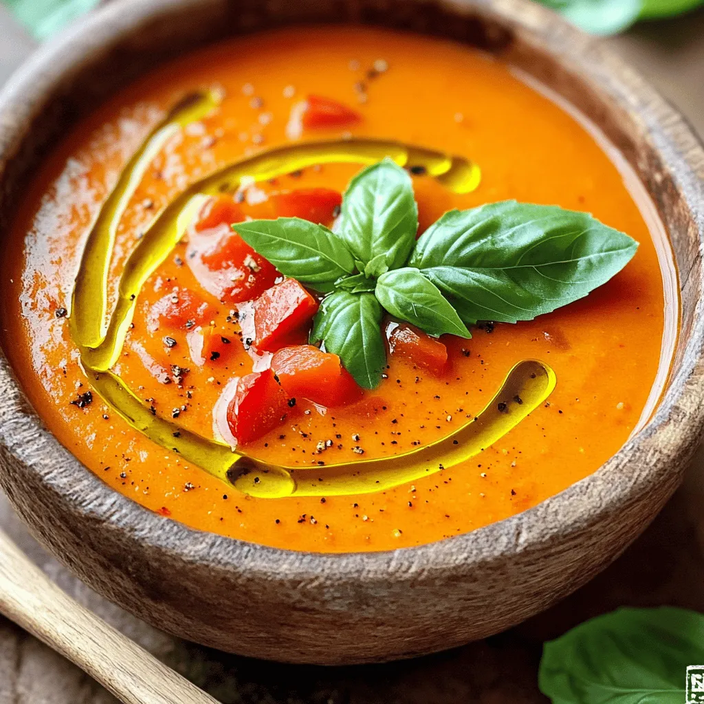 To make this creamy roasted red pepper tomato soup, gather the following items: - 4 large red bell peppers, roasted and peeled - 1 can (14 oz) of diced tomatoes (with juice) - 1 medium onion, chopped - 3 cloves garlic, minced - 2 cups vegetable broth - 1 cup heavy cream (or coconut cream for a vegan version) - 2 tablespoons olive oil - 1 teaspoon dried basil - 1 teaspoon dried oregano - Salt and pepper to taste - Fresh basil leaves for garnish If you have dietary needs, here are some easy swaps: - For dairy-free, use coconut cream instead of heavy cream. - If you need it gluten-free, check your vegetable broth for gluten. - You can use fresh tomatoes instead of canned, just make sure they are ripe. Choosing fresh produce makes a big difference. Here are some tips: - Look for bell peppers that are firm and shiny. Avoid any with soft spots. - Choose tomatoes that are bright and fragrant. Ripe tomatoes have a slight give when you press them. - For onions, pick ones that feel heavy for their size and have no sprouting. This soup is all about fresh and vibrant ingredients. When you select the best, your soup will shine! To start, preheat your oven to 400°F (200°C). Grab four large red bell peppers. Cut them in half and remove the seeds. Place the peppers cut-side down on a baking sheet lined with parchment paper. Roast the peppers for about 25-30 minutes. You want the skins to be charred and the peppers soft. After roasting, remove them from the oven and let them cool. Once cool, peel off the charred skin. This step adds a deep, sweet flavor. Next, take a large pot and heat two tablespoons of olive oil over medium heat. Add one chopped onion and sauté it for about five minutes. You want the onion to become translucent. Then, add three cloves of minced garlic. Cook this for one more minute until it smells great. After that, chop the roasted peppers roughly and add them to the pot. Also, add one can of diced tomatoes along with their juice, two cups of vegetable broth, one teaspoon of dried basil, and one teaspoon of dried oregano. Bring the mixture to a boil. Once boiling, reduce the heat and let it simmer for about 15 minutes. This helps all the flavors blend nicely. Once everything has simmered, it’s time to blend! If you have an immersion blender, use that to blend the soup until it is smooth. If you don’t, carefully transfer the soup to a regular blender in batches. Be cautious, as the soup is hot. After blending, return the soup to the pot and stir in one cup of heavy cream or coconut cream for a vegan option. Heat the soup on low for another five minutes. Finally, taste and add salt and pepper as needed. Serve hot and garnish with fresh basil leaves for a touch of color and flavor. Enjoy your creamy roasted red pepper tomato soup! To make your soup creamy, use heavy cream or coconut cream. Both add richness. If you want a lighter soup, use less cream. For a smooth texture, blend well with an immersion blender. Blend until there are no chunks left. This step is key for the right creaminess. Add fresh herbs for extra flavor. Fresh basil leaves on top bring a bright taste. You can also add a pinch of red pepper flakes for some heat. If you like a smoky taste, try adding smoked paprika. Experiment with spices to find your favorite mix. Avoid overcooking the garlic. If it burns, it adds a bitter taste. Be careful when blending hot soup. Always let it cool for a few minutes. This prevents splatters and burns. Lastly, don’t skip the seasoning. Taste your soup and add salt and pepper as needed. A well-seasoned soup makes all the difference! {{image_2}} To make this soup vegan, just swap the heavy cream for coconut cream. This change keeps the soup rich and creamy while adding a hint of coconut flavor. It works great with the roasted red peppers. You won’t miss the dairy at all! If you like heat, why not spice it up? Adding red pepper flakes or diced jalapeños can give your soup an exciting kick. You can also stir in some smoked paprika for a smoky taste. Just add these ingredients when you sauté the onion and garlic. Adjust the spice level to your taste! Pair this soup with crusty bread or a fresh salad. Grilled cheese sandwiches also make a great side. For added fun, try topping your soup with croutons or a swirl of extra coconut cream. Fresh basil leaves not only look nice but add a burst of flavor too! To keep your creamy roasted red pepper tomato soup fresh, store it in a sealed container. Let the soup cool to room temperature first. Then, place it in the fridge. This soup lasts about 4 to 5 days in the fridge. Always check for any signs of spoilage before enjoying it again. If you want to save some soup for later, freezing is a great option. Use an airtight container or freezer bags. Leave some space at the top since soup expands when frozen. You can freeze it for up to 3 months. When you’re ready to eat, just thaw in the fridge overnight. To reheat your soup, you have a few options. You can use the stovetop or microwave. If using the stovetop, heat on low and stir often. For the microwave, heat in short bursts, stirring in between. Make sure it is heated all the way through before serving. If the soup seems too thick, add a splash of broth or water to adjust the consistency. To make this soup gluten-free, simply check your broth. Use a gluten-free vegetable broth. The other ingredients, like red peppers and tomatoes, are naturally gluten-free. You can enjoy this dish without worry! Yes, you can use fresh tomatoes! If you want to swap them, use about 4-5 medium tomatoes. Peel them and chop them before adding to the pot. Fresh tomatoes add a bright taste, making the soup even better. Homemade soup lasts about 3 to 4 days in the fridge. Store it in an airtight container to keep it fresh. If you want to save it longer, consider freezing it. This way, you can enjoy it later! In this blog post, we covered how to make a delicious soup. We discussed ingredients, including fresh produce and substitutions. You learned the step-by-step process from preparation to blending. I shared tips for creaminess and avoiding common mistakes. We also explored fun variations and serving ideas. Lastly, I provided storage tips to keep your soup fresh. Making soup can be simple and rewarding. Enjoy experimenting with flavors and techniques!