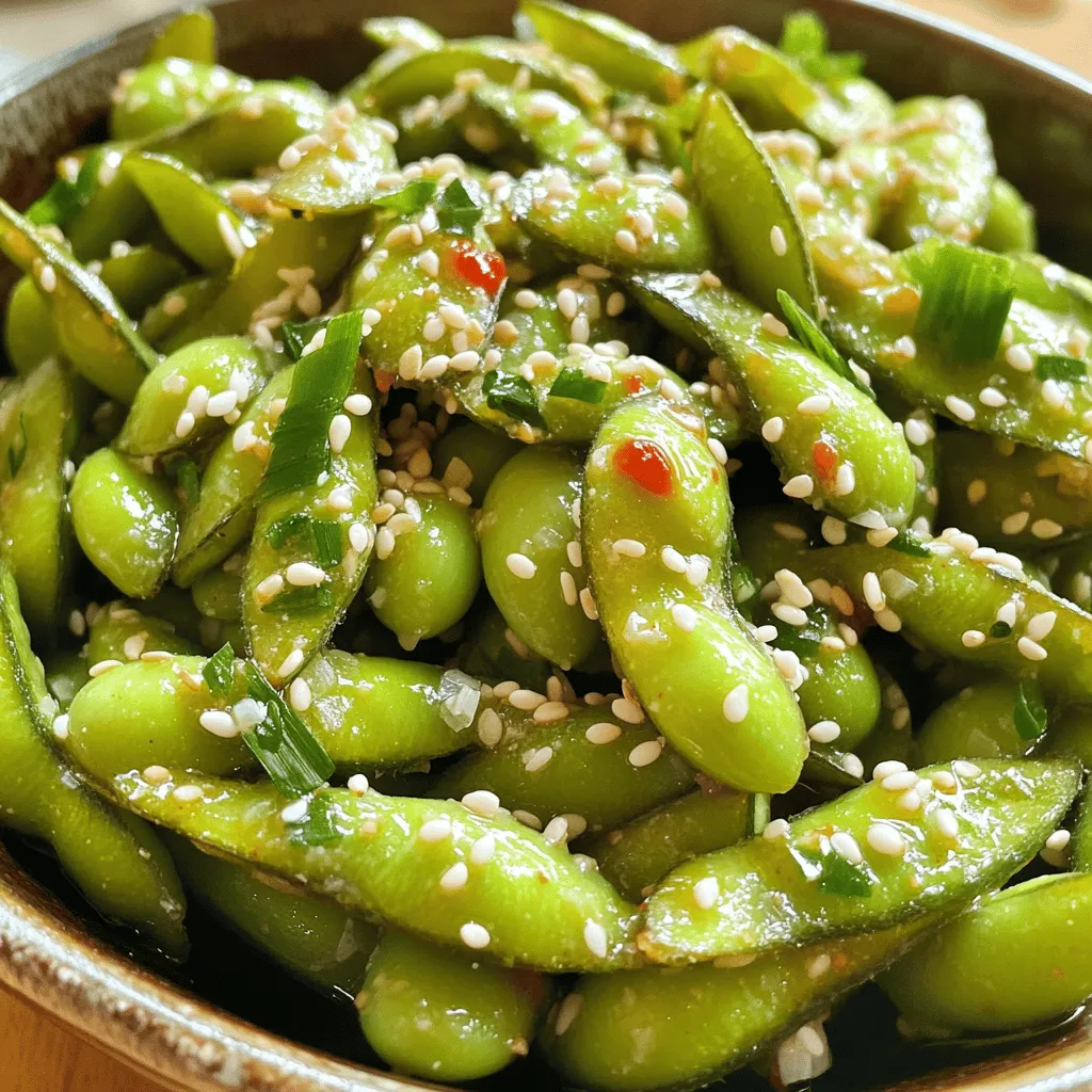 - 2 cups edamame (in pods) - 3 tablespoons olive oil - 4 cloves garlic, minced - 1-2 tablespoons sriracha - 1 tablespoon soy sauce - 1 teaspoon sesame oil - 1 tablespoon sesame seeds - 1 green onion, finely chopped (for garnish) - Sea salt to taste For this spicy garlic edamame, I use fresh edamame in pods. They are fun to pop open and full of flavor. I prefer to use good-quality olive oil. It adds richness to the dish. Mince the garlic finely to get the best taste. Sriracha gives it the heat, so adjust it based on your spice level. Soy sauce adds depth to the flavor. Sesame oil adds a nice nutty taste. I sprinkle sesame seeds on top for crunch. Finally, the green onion makes it look vibrant and fresh. - Estimated calories per serving: about 150 calories - Health benefits of edamame: Edamame is high in protein and fiber. It contains essential vitamins and minerals. It can help with heart health and weight management. Eating edamame is a smart choice for a healthy snack. To start, I bring a large pot of water to a boil. I add a pinch of salt to the water. Then, I toss in 2 cups of edamame pods. I cook the edamame for 3 to 5 minutes. You want them to be vibrant green and tender. Once cooked, I drain them and rinse under cold water. This step stops the cooking process and keeps them firm. Next, I grab a large skillet and heat 3 tablespoons of olive oil over medium heat. I add 4 cloves of minced garlic. I sauté the garlic for about 1 minute. It's important to watch closely to avoid burning it. Once it’s fragrant, I stir in 1 to 2 tablespoons of sriracha, 1 tablespoon of soy sauce, and 1 teaspoon of sesame oil. I mix well to combine all the flavors. After that, I add the cooked edamame pods to the skillet. I toss them in the spicy garlic mixture. This step ensures they are well-coated. I cook them for an extra 2 to 3 minutes. This allows all the flavors to meld together. Finally, I remove the skillet from heat. I sprinkle sesame seeds and sea salt to taste. To make it look nice, I garnish with chopped green onion before serving. For a great presentation, I serve the spicy garlic edamame in a shallow bowl or platter. This makes it colorful and inviting! To make the spice just right, you can change how much sriracha you use. Start with one tablespoon for mild heat. If you like more spice, add a bit more. Taste after mixing in the sriracha. You can always add more, but you can't take it out! For perfect garlic flavor, always chop the garlic fine. This helps it cook evenly. When you heat it, watch closely. You want it fragrant, not burnt. Burnt garlic can ruin your dish. Don't forget to rinse your edamame after cooking. Rinsing stops the cooking process. It helps the pods stay bright green and crisp. Spicy garlic edamame pairs well with drinks like beer or sparkling water. It also goes great with rice or noodles. For serving, use a shallow dish. Sprinkle extra sesame seeds and green onions on top. This makes the dish colorful and appealing. {{image_2}} You can make spicy garlic edamame even more tasty. Try adding spices like cumin or paprika. Fresh herbs, like cilantro or basil, add a nice touch too. If you want a different heat, use other hot sauces. Try chili garlic sauce or even a sprinkle of red pepper flakes for a kick. Not a fan of edamame? No problem! You can swap them for other veggies. Snap peas or green beans work well. For protein, try cooked chickpeas or tofu. You can also make this dish vegan and gluten-free. Just check your sauces and use gluten-free soy sauce. You can put a global spin on this recipe. For a Mexican twist, add lime juice and cumin. For an Italian flair, mix in sun-dried tomatoes and Italian herbs. Get creative! Combine different ingredients to make your own unique version. Enjoy exploring flavors from around the world! To keep your spicy garlic edamame fresh, store it in the fridge. Place it in an airtight container. This helps keep moisture out and flavors in. The edamame should stay good for up to three days. When you want to reheat, use a skillet. Heat it on medium-low to warm the edamame. Stir often to keep it from burning. If you want to save your edamame for later, freezing is a great choice. First, let the edamame cool completely. Then, place it in a freezer-safe bag. Squeeze out all the air before sealing. This way, it won’t get freezer burn. To thaw, put the frozen edamame in the fridge overnight. If you need it fast, run it under cold water. This helps it thaw quickly before you serve. In the fridge, your spicy garlic edamame stays fresh for about three days. If you freeze it, it can last for up to three months. Always check for any signs of spoilage before eating. You should cook edamame for 3-5 minutes. Boil water and add a pinch of salt. Once the water boils, add the edamame pods. The edamame will turn bright green when done. If you prefer a softer texture, cook them for the full 5 minutes. If you like them firmer, check at 3 minutes. Drain them and rinse under cold water to stop the cooking. This helps keep them vibrant and fresh. Yes, you can prepare spicy garlic edamame ahead of time. Cook the edamame and mix them with the garlic sauce. Let them cool, then store in an airtight container. When you are ready to serve, reheat them in a skillet over low heat. This way, they keep their flavor and texture. You can also microwave them for a quick fix, but the skillet method is best for taste. Spicy garlic edamame pairs well with many dishes. Try serving them alongside sushi or a fresh salad. They also go great with rice or noodles. For drinks, enjoy them with green tea or a light beer. The flavors complement each other, making your meal even better. You can even serve them as a snack with drinks at a party. This blog post covered how to make spicy garlic edamame. You learned about the ingredients, step-by-step cooking methods, and storage tips. I shared various flavor ideas and serving suggestions to enhance your dish. Remember, you can adjust the spice to fit your taste. Try different herbs and sauces for new twists. With these tips, you can enjoy this healthy snack anytime. Happy cooking!