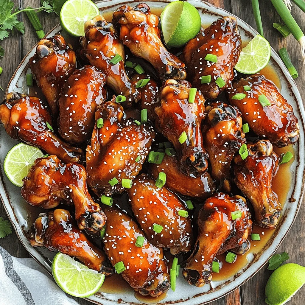 To make sticky honey soy chicken wings, gather these ingredients: - 2 pounds chicken wings - 1/2 cup soy sauce - 1/4 cup honey - 2 cloves garlic, minced - 1 tablespoon fresh ginger, grated - 1 tablespoon sesame oil - 1 tablespoon rice vinegar - 1 teaspoon chili flakes (optional) - 2 green onions, chopped (for garnish) - Sesame seeds (for garnish) If you need swaps, here are some easy options: - Use low-sodium soy sauce for less salt. - Maple syrup can replace honey for a vegan option. - Garlic powder works if you don’t have fresh garlic. - Ground ginger is a good stand-in for fresh ginger. - Canola oil or olive oil can substitute for sesame oil. Choose the best wings with these tips: - Look for bright, pink skin with no dark spots. - Fresh wings should feel firm and not slimy. - Check the sell-by date on the package. - If buying from a butcher, ask about their freshness. - If possible, choose wings that are air-chilled for better texture. To start, gather your ingredients. You will need soy sauce, honey, garlic, ginger, sesame oil, rice vinegar, and chili flakes. In a large bowl, mix the soy sauce and honey. I love watching the honey dissolve into the soy sauce. Next, add the minced garlic and grated ginger. These two ingredients give the wings a lovely flavor. Then, pour in the sesame oil and rice vinegar. If you want some heat, sprinkle in the chili flakes. Whisk everything together until it is well blended and smooth. Now, it’s time for the chicken wings. Add the wings to the marinade and stir to coat them well. Make sure every wing is covered in that tasty sauce. Cover the bowl with plastic wrap. Place it in the fridge for at least one hour. For the best taste, let them marinate overnight. This gives the wings time to soak up all that flavor. When you are ready to bake, preheat your oven to 400°F (200°C). Line a baking sheet with parchment paper. This makes cleanup easy. Take the marinated wings out of the fridge. Let any extra marinade drip off before placing them on the baking sheet. Spread the wings in a single layer. Bake them for 30 to 35 minutes. Flip them halfway through to get a nice golden color. For an extra crispy finish, you can broil them for an extra 2 to 3 minutes. Once they are done, let the wings rest for about 5 minutes. Garnish with chopped green onions and sesame seeds before serving. Enjoy the sticky, sweet, and savory goodness! To make your wings extra crispy, follow these simple steps. Bake them at 400°F (200°C) for the best results. After baking, broil them for 2-3 minutes. This step gives the skin a nice crunch. Make sure to flip the wings halfway through baking. This helps them crisp evenly. You can also dry the wings with a paper towel before marinating. This extra step reduces moisture and adds to the crispiness. You can easily change the flavor of your wings. Try adding orange juice for a citrus twist. You can also add a splash of lime for extra zing. If you like heat, mix in more chili flakes. For a sweet touch, add brown sugar or pineapple juice. You can even toss in sesame seeds right into the marinade for extra crunch. Get creative based on your taste! Serve your sticky honey soy chicken wings on a large platter. Garnish with chopped green onions and sesame seeds. This makes them look beautiful and tasty. Pair them with a side of crunchy veggies or a fresh salad. Cold drinks like iced tea or lemonade go well with wings. You can also serve them with dipping sauces like ranch or blue cheese for extra flavor. Enjoy the fun of sharing this dish with friends! {{image_2}} You can change the spice level of your wings. If you like heat, add more chili flakes. For a milder taste, leave them out. You can also use fresh chopped chili for a fresh kick. Just remember, a little spice goes a long way! Baking is not the only way to cook these wings. You can grill them for a smoky flavor. Just marinate as usual, then cook on medium heat until crispy. Air frying is another great choice. Set your air fryer to 360°F and cook for about 25 minutes. Both methods give you tasty, juicy wings. Want to mix things up? Try adding fruits like pineapple or mango to the marinade. Their sweetness pairs well with the honey. You can also switch up the sauces. Use teriyaki or barbecue sauce for a fun twist. These small changes can create a whole new dish! After you enjoy your sticky honey soy chicken wings, store any leftovers in an airtight container. This keeps them fresh and tasty. Make sure they cool down first. You can keep them in the fridge for up to three days. If you want to keep them longer, freezing is a great option! When it's time to eat your wings again, reheating is simple. You can use the oven for the best results. Preheat your oven to 350°F (175°C). Place the wings on a baking tray and heat for about 10-15 minutes. This keeps them crispy. You can also use a microwave, but the wings may get soggy. If you use the microwave, heat them for 1-2 minutes until warm. To freeze your sticky honey soy chicken wings, place them in a freezer-safe bag. Make sure to remove as much air as possible. Label the bag with the date. You can freeze them for up to three months. When you're ready to eat them, thaw them in the fridge overnight. After thawing, follow the reheating techniques for the best taste! To make Sticky Honey Soy Chicken Wings, follow these steps: 1. Mix the Marinade: In a big bowl, mix 1/2 cup soy sauce, 1/4 cup honey, 2 minced garlic cloves, 1 tablespoon grated ginger, 1 tablespoon sesame oil, and 1 tablespoon rice vinegar. Add chili flakes if you want some heat. 2. Marinate the Wings: Add 2 pounds of chicken wings to the bowl. Stir until all wings are coated. Cover the bowl and chill in the fridge for at least 1 hour. For the best taste, marinate overnight. 3. Preheat the Oven: Heat your oven to 400°F (200°C). Line a baking sheet with parchment paper. This helps with cleanup. 4. Bake the Wings: Take the wings out of the marinade and place them on the baking sheet. Bake for 30-35 minutes, flipping them halfway. For extra crispiness, broil for 2-3 minutes. 5. Garnish and Serve: Let the wings rest for 5 minutes. Top with chopped green onions and sesame seeds. You can use boneless chicken, but it will change the cooking time. Boneless pieces cook faster than wings. If you use boneless chicken, check for doneness after 20-25 minutes. The marinade will still add great flavor! Just remember to adjust the cooking time. Sticky Honey Soy Chicken Wings pair well with many sides. Here are some ideas: - Rice: Steamed jasmine or brown rice works great. - Veggies: Serve with a fresh salad or steamed broccoli. - Dips: Try a tangy dipping sauce, like sweet chili or ranch. - Snacks: Add some crunchy veggies or tortilla chips for fun! These wings can shine as a main dish or a tasty appetizer. Enjoy your cooking! To sum it up, you now have all the details to make great chicken wings. We covered the key ingredients and how to choose fresh wings. The steps for marinating and baking are clear. You learned tips for extra crispiness and flavor variations. Lastly, we discussed storage methods and answered common questions. With this knowledge, you can create tasty wings that impress your friends and family. Enjoy trying out new flavors and cooking methods!