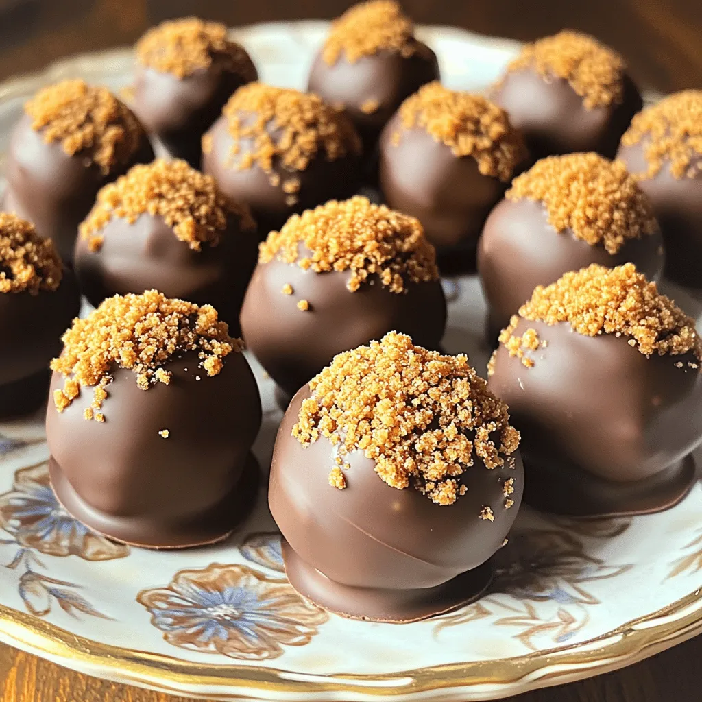 To make No-Bake Biscoff Cookie Butter Truffles, you need the following ingredients: - 1 cup Biscoff cookie crumbs - 1/2 cup creamy Biscoff cookie butter - 1/4 cup cream cheese, softened - 1/2 cup powdered sugar - 1 teaspoon vanilla extract - 1/2 cup dark chocolate chips (for coating) - Additional Biscoff cookie crumbs (for rolling) These ingredients blend to create a rich and creamy treat. The Biscoff cookie crumbs add crunch and flavor. The cookie butter gives a sweet, spiced taste. Cream cheese adds creaminess, while powdered sugar sweetens the mix. You can add some fun garnishes for extra flair: - Drizzle of melted chocolate - Pinches of sea salt - Crushed nuts, like hazelnuts or almonds These garnishes enhance the truffles' look and taste. A drizzle of chocolate adds a touch of elegance. Sea salt balances the sweetness and brings out the flavors. If you lack some ingredients, don't worry! Here are some easy swaps: - Use graham cracker crumbs instead of Biscoff cookie crumbs. - Swap cream cheese with mascarpone for a lighter texture. - Replace dark chocolate with milk chocolate for a sweeter taste. These substitutions work well and still give you delicious truffles. Adjusting ingredients can make this recipe fit your pantry and taste. Start by gathering your ingredients. You need Biscoff cookie crumbs, creamy Biscoff cookie butter, softened cream cheese, powdered sugar, and vanilla extract. In a mixing bowl, combine the Biscoff cookie crumbs, cookie butter, cream cheese, powdered sugar, and vanilla. Mix them well until you have a dough-like consistency. You can use a spatula or your hands to mix. Once blended, pop the bowl in the fridge for about 30 minutes. This helps the mixture firm up, making it easier to shape. After chilling, it’s time to shape the truffles. Use a small cookie scoop or your hands to roll the mixture into bite-sized balls, about 1 inch wide. Make sure each ball is smooth and even. Place the rolled truffles on a parchment-lined baking sheet. This keeps them from sticking and makes for easy cleanup. Next, we coat the truffles in chocolate. In a microwave-safe bowl, add the dark chocolate chips. Melt the chocolate in 30-second intervals. Stir in between until it’s nice and smooth. Now, dip each truffle in the melted chocolate. Make sure they are fully coated. Use a fork to lift them out, letting any extra chocolate drip off. Roll the chocolate-covered truffles in more Biscoff cookie crumbs while the chocolate is still wet. Finally, return the truffles to the baking sheet. Refrigerate them for another 15 to 20 minutes until the chocolate sets. Enjoy the fun of making these tasty treats! To get the right texture for your truffles, mix the ingredients well. Start with the Biscoff cookie crumbs and cookie butter. Add cream cheese, powdered sugar, and vanilla extract. This blend should feel doughy. If it’s too sticky, add more cookie crumbs. If it’s too dry, mix in a bit more cookie butter. Chilling the mixture for 30 minutes helps too. It firms up, making it easy to shape. Melting chocolate can be tricky, but I have some tips. Use a microwave-safe bowl for the dark chocolate chips. Heat them in 30-second bursts. Stir after each interval. This method prevents burning. If you see some lumps, keep stirring. The heat will melt them. The chocolate should be smooth and shiny. If it gets too thick, add a tiny bit of coconut oil to loosen it up. Presentation can make your truffles pop. Use a decorative plate to show them off. Dust the top with extra cookie crumbs for a fun look. You can also place each truffle in a mini cupcake liner. This adds a touch of elegance. For a pop of color, serve with fresh berries or mint leaves. These small touches make your truffles even more inviting! {{image_2}} You can easily adapt these truffles for different diets. For gluten-free eaters, use gluten-free Biscoff cookies. If you're dairy-free, try vegan cream cheese and a dairy-free chocolate. These swaps keep the flavor strong while catering to various needs. Want to mix things up? Add a pinch of salt for contrast. You can also incorporate spices like cinnamon or nutmeg for warmth. For a fun twist, try adding a splash of espresso or coffee to enhance the chocolate flavor. The options are endless! Dark chocolate is delicious, but you can switch it up! Use milk chocolate for a sweeter taste. White chocolate works too, especially if you want a pretty contrast. You can even use colored candy melts for fun occasions. Each choice offers a unique flavor and look. Store your Biscoff cookie butter truffles in an airtight container. This keeps them fresh. I recommend placing a layer of parchment paper between each layer of truffles. This prevents sticking. Keep the container in the fridge for the best taste and texture. Avoid storing them at room temperature. Heat can melt the chocolate coating. These truffles last about one week in the fridge. The flavors develop and deepen over time. If you notice any change in texture or smell, it is best to toss them. Always check for signs of spoilage before enjoying your truffles. You can freeze these truffles for up to three months. To freeze, place them in a single layer on a baking sheet. Once frozen, transfer them to a freezer-safe bag or container. When you're ready to eat, take them out and let them thaw in the fridge. This keeps them creamy and delicious. Enjoy your sweet treat! Yes, you can make these truffles ahead of time. I often prepare them a day in advance. Once they are set, store them in an airtight container in the fridge. This way, they stay fresh and tasty. Just be sure to roll them in extra Biscoff crumbs right before serving for a great look. To keep your chocolate smooth, melt it slowly. Use a microwave and heat in 30-second bursts. Stir in between each burst until it melts completely. If you notice it thickening, you can add a tiny bit of coconut oil. This will help the chocolate stay creamy for dipping. Work quickly when coating the truffles to keep the chocolate soft. There are many fun options for decorating these truffles. You can roll them in chopped nuts or sprinkles. Drizzle melted white chocolate on top for a nice touch. You could even use edible glitter for a sparkly look. Another idea is to use crushed Biscoff cookies mixed with cocoa powder. Each option makes your truffles unique and special. You learned how to make delicious truffles using a simple process. We covered the essential ingredients, shaping techniques, and storage tips. Don’t forget the helpful advice for perfect consistency and chocolate melting. Explore variations to meet dietary needs and enhance flavors. These tricks will polish your truffle-making skills. Now, you can impress friends and family with tasty treats. Enjoy your truffle journey and have fun experimenting with your own ideas!