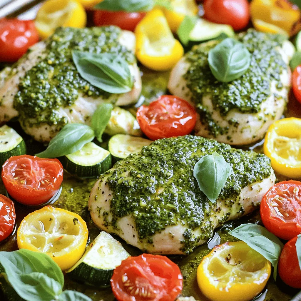 - 4 boneless, skinless chicken breasts - 1 cup basil pesto - 2 cups cherry tomatoes, halved - 1 bell pepper, sliced - 1 zucchini, sliced - 1 red onion, sliced - 3 tablespoons olive oil - Salt and pepper to taste - Fresh basil leaves (optional) - Lemon wedges (optional) To create a delightful dish, start with the chicken. Boneless, skinless chicken breasts are perfect for this recipe. They cook evenly and soak up the flavors well. Next, the basil pesto adds a rich and herby taste. You can use store-bought or make your own for a fresh kick. Now, let's talk about the veggies. Cherry tomatoes bring sweetness and color. Their juicy bites work well with the chicken. A bell pepper adds crunch and vibrant hues. Zucchini offers a tender texture, while red onion adds a savory depth. Don’t forget the olive oil! It helps everything cook nicely. Season with salt and pepper to enhance all the flavors. If you want a bright touch, fresh basil leaves and lemon wedges make excellent garnishes. They add a fresh aroma and a zesty finish to your meal. - Preheat your oven to 400°F (200°C). This step helps cook everything evenly. - In a large bowl, add the chicken breasts. Pour half of the basil pesto over them. Mix well to coat the chicken. Marinate for at least 15 minutes. This will boost the flavor. - Take a large sheet pan. Spread the halved cherry tomatoes, sliced bell pepper, zucchini, and red onion evenly across the pan. - Drizzle the vegetables with olive oil. Season with salt and pepper. Toss them until they are well coated. This will make them taste great. - Create space in the center of the pan. Lay the marinated chicken breasts on top of the veggies. This helps them cook together. - Spoon the remaining pesto over the chicken. Make sure they are covered well. This adds a burst of flavor. - Place the sheet pan in the preheated oven. Bake for 25-30 minutes. The chicken should reach an internal temperature of 165°F (75°C). The veggies should be tender. - Check the chicken's doneness with a meat thermometer. This ensures it is safe to eat. - Once done, take out the sheet pan and let it rest for 5 minutes. Resting helps the juices settle. To get the best taste from your dish, marinate the chicken well. Use half of the pesto to coat the chicken and let it sit for at least 15 minutes. This helps the flavor soak in deeply. You can use store-bought pesto for ease. However, homemade pesto can add a fresh kick. It lets you control the taste and texture. To ensure your veggies are tender, cut them into even pieces. This helps them cook at the same rate. Cherry tomatoes and zucchini cook quickly, so check them often. To prevent overcooking chicken, use a meat thermometer. Cook until it reaches 165°F. This keeps it juicy and flavorful. Garnish your dish with fresh basil leaves. They add color and a nice aroma. You can also serve lemon wedges on the side. A squeeze of lemon brightens the flavor. For side dishes, consider a light salad or some crusty bread. These pair well with the rich pesto chicken. {{image_2}} You can switch out chicken for tofu or shrimp. Tofu adds a nice texture. It soaks up the pesto flavor well. Just cut it into cubes and marinate like the chicken. Shrimp cooks fast, so add it just before baking. You can also use other veggies. Try broccoli, asparagus, or carrots. They all roast well and taste great with pesto. You can mix and match to suit your taste. Pesto comes in many flavors. You can use sun-dried tomato pesto for a sweet touch. Arugula pesto gives a peppery kick. Each type adds a new twist to your dish. Don’t stop there! Add spices or herbs to amp up the flavor. A pinch of red pepper flakes gives heat. Fresh thyme or rosemary can add a nice aroma. Experiment with what you love! How do you store leftovers? To store leftovers, place them in an airtight container. Make sure the chicken and veggies cool down first. This helps keep them fresh. What is the recommended time frame for consumption? You can safely eat the leftovers within three days. After that, the taste and quality may decline. Can this dish be frozen? Yes, you can freeze this dish. Just make sure to cool it completely before freezing. Place it in a freezer-safe container. What are proper thawing methods? To thaw, move the dish to the fridge overnight. This keeps the chicken and veggies safe to eat. For a quicker method, you can use the microwave. Just be careful not to cook them while thawing. You should bake chicken at 400°F for about 25 to 30 minutes. This time allows the chicken to cook through and stay juicy. Always check the chicken's internal temperature. It should reach 165°F to be safe to eat. Yes, you can use other proteins. Tofu, shrimp, or even pork can work well. Adjust the cooking time based on the protein you choose. Shrimp cooks faster, while tofu may need a bit more time to absorb flavors. If you need a substitute, try sun-dried tomato pesto or arugula pesto. You can also make your own by blending nuts, cheese, and herbs. This gives you a fresh twist on the dish. This dish is quite healthy. It includes lean protein from chicken and lots of colorful veggies. Pesto adds flavor without too many extra calories. Using olive oil provides healthy fats, too. Yes, you can prepare this meal ahead. Marinate the chicken and chop the veggies a day before. Store them in the fridge until you're ready to cook. This saves time and makes dinner even easier. This blog post guides you through an easy sheet pan dinner. You learned about key ingredients like chicken, basil pesto, and fresh veggies. I shared helpful preparation steps and tips for flavor and texture. You can even explore variations to fit your diet. Store leftovers properly, and remember, this meal can be frozen. Enjoy making this simple, tasty dish that can please everyone.