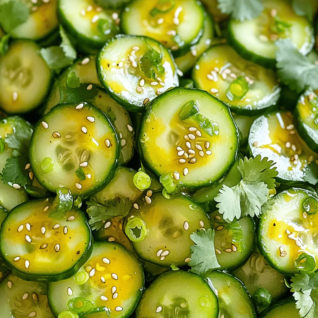 - Cucumber Specifications - 2 large cucumbers, thinly sliced Cucumbers are the star of this salad. Choose firm cucumbers for the best crunch. Thin slices ensure a good balance of flavor and texture. - Condiments and Oils - 1 tablespoon kosher salt - 2 tablespoons sesame oil - 1 tablespoon rice vinegar - 1 tablespoon soy sauce - 1 teaspoon chili paste (adjust for spice level) - 1 teaspoon sugar These condiments create a delicious dressing. The salt draws out moisture from the cucumbers, making them crisp. Sesame oil adds a nutty flavor, while rice vinegar gives a tangy kick. Soy sauce deepens the taste, and chili paste brings the heat. Sugar balances the spice, making it all come together. - Garnishes and Optional Add-ins - 2 tablespoons toasted sesame seeds - 2 green onions, finely chopped - Fresh cilantro leaves for garnish Toasted sesame seeds add a nice crunch and extra flavor. Green onions give a fresh bite, and cilantro adds brightness. You can skip them if you want, but they enhance the dish. Salting the Cucumbers Start by slicing the cucumbers thin. Use two large cucumbers for the best taste. Place the slices in a big bowl. Sprinkle one tablespoon of kosher salt over them. Toss the slices well so the salt coats them evenly. Let them sit for about fifteen minutes. This step helps remove some water, making the salad crunchier. Making the Dressing While the cucumbers sit, grab a small bowl. In it, whisk together two tablespoons of sesame oil, one tablespoon of rice vinegar, one tablespoon of soy sauce, one teaspoon of chili paste, and one teaspoon of sugar. Mix until all the ingredients blend well. This dressing adds a spicy and sweet touch to the salad. Combining Ingredients After fifteen minutes, drain the liquid from the cucumbers. Pat them dry with a paper towel to make sure they stay crisp. Now, add the cucumbers to the bowl with the dressing. Toss them gently to coat every slice evenly. This ensures each bite is packed with flavor. Mixing in Toppings Next, sprinkle two tablespoons of toasted sesame seeds and two finely chopped green onions over the salad. Gently fold these toppings into the salad. They add extra crunch and flavor, making the dish even more delightful. Serving Suggestions Transfer the salad to a serving dish. For a lovely finish, garnish with fresh cilantro leaves. This adds a pop of color and freshness. Serve your spicy sesame cucumber salad right away for the best taste! Adjusting Spiciness To make the salad spicier, you can add more chili paste. Start with a little. Taste the dressing after mixing. If you want more heat, add more chili paste slowly. You can also use fresh chilies if you prefer. They add a nice kick and color. Marinating Time Recommendations Let the salad sit for at least 10 minutes before serving. This time lets the flavors blend well. If you have more time, let it sit for 30 minutes. The longer it sits, the better the taste becomes. Just be careful not to let it sit too long, or the cucumbers can get soggy. Achieving Crunchiness To keep the cucumbers crunchy, salt them first. This step removes extra water. After salting, drain and pat them dry. This process keeps the salad crisp and fresh. You can also use a mandoline to slice the cucumbers thinly. Thin slices add to the crunch. Storing for Freshness Store the salad in an airtight container. Keep it in the fridge for up to two days. If you need to prepare it in advance, add the dressing just before serving. This way, the cucumbers stay fresh and crunchy. If any liquid forms, just drain it before serving. {{image_2}} Alternative Vegetables You can mix it up with other crunchy veggies. Try using radishes or bell peppers for a twist. Carrots also add a nice crunch and sweetness. Each choice will give your salad a new flavor. Different Oils and Vinegars If you want a new taste, switch up your oils. Instead of sesame oil, you can use olive oil for a lighter flavor. For vinegars, rice vinegar works well, but you can also try apple cider vinegar. Each oil or vinegar you choose can change the salad's flavor profile. Mild vs. Spicy Versions The spice level can change quite a bit. If you like less heat, use less chili paste. For a spicy kick, add more chili paste or even some fresh chopped chilies. You control the heat! User Modifications Feel free to make this salad your own. Add some garlic or ginger for more flavor. You can also mix in a splash of lime juice for a fresh twist. Each change makes the salad unique to your taste. - Refrigeration Tips Store the salad in an airtight container. This keeps it fresh and crunchy. Place it in the fridge right after serving. It will stay good for a few days. Avoid storing it with extra dressing. Excess moisture can make it soggy. - Freezing Considerations I do not recommend freezing this salad. Cucumbers lose their crunch when frozen. If you freeze it, the texture will change. Instead, enjoy this salad fresh. - How Long It Lasts When stored properly, the salad lasts for 3 to 5 days in the fridge. The flavors will get better as it sits. However, it is best to eat it within the first two days for optimal crunch. - Signs of Spoilage Look for any signs of spoilage before eating. If the cucumbers feel slimy, it's time to toss it. A sour smell or discoloration also means it's bad. Always check before enjoying your spicy sesame cucumber salad. Yes, you can use other types of cucumbers. Persian cucumbers work well. They are sweet and crunchy. English cucumbers are also great. They have fewer seeds and taste fresh. For a fun twist, try pickling cucumbers. They add a nice crunch and flavor. Yes, this salad can be gluten-free. Use gluten-free soy sauce, like tamari. Most ingredients are naturally gluten-free. This makes it safe for those with gluten issues. Always check labels to be sure. You can prepare this salad in advance, but with some care. Make the salad a few hours ahead. Keep the dressing separate until you serve it. This helps keep the cucumbers crisp. If you make it too early, the cucumbers may get soggy. Enjoy your fresh and crunchy salad! This blog post covers everything you need to know about making a delicious cucumber salad. We discussed key ingredients, easy step-by-step instructions, and useful tips that enhance flavor and texture. I also shared variations to suit your taste and important storage advice to keep your salad fresh. Remember, cucumber salads can be versatile and quick to prepare. Enjoy experimenting with different ingredients to make it your own. Trust in your creativity, and you’ll make a salad that delights.