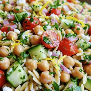- 1 cup orzo pasta - 1 can (15 oz) chickpeas, rinsed and drained - 1 cup cherry tomatoes, halved - ½ cucumber, diced - ¼ red onion, finely chopped - 2 cloves garlic, minced - ¼ cup fresh parsley, chopped - 3 tablespoons olive oil - 2 tablespoons lemon juice - Zest of 1 lemon - Salt and pepper to taste The heart of this salad is the orzo and chickpeas. Orzo is a small pasta that cooks quickly. It adds a great bite to the dish. Chickpeas offer protein and fiber. They also bring a lovely, nutty flavor. Fresh veggies like cherry tomatoes, cucumber, and red onion add crunch and color. The tomatoes burst with juice, while the cucumber gives a refreshing crunch. The red onion adds a hint of sharpness. Finally, we have the dressing. A mix of minced garlic, olive oil, and lemon juice makes it zesty. The lemon zest brightens everything up and adds a nice fragrance. - ¼ cup feta cheese, crumbled (optional) - Fresh parsley, for garnish If you want to add creaminess, sprinkle some feta cheese on top. It melts into the warm salad, making it richer. Fresh parsley is not just for looks; it adds a fresh flavor too. This salad is a great choice for everyone. It is vegan and vegetarian-friendly. The orzo and chickpeas provide balanced carbs and proteins. Chickpeas are rich in vitamins and minerals. They help keep you full, making this salad a good option for lunch or dinner. The fresh veggies add fiber and antioxidants. They support your overall health and vitality. By choosing fresh ingredients, you can enjoy a meal that is not only tasty but healthy too. To start, bring a large pot of salted water to a boil. Use about one tablespoon of salt for every four quarts of water. This adds flavor to the orzo. Once the water is boiling, add 1 cup of orzo pasta. Cook it according to the package instructions, which usually takes about 8-10 minutes. You want the orzo to be al dente, meaning it should be firm but not hard. After cooking, drain the orzo and rinse it under cold water. This halts the cooking process and helps keep it from sticking together. Now, it’s time to make the salad. In a large mixing bowl, combine the cooked orzo, 1 can of rinsed and drained chickpeas, 1 cup of halved cherry tomatoes, ½ diced cucumber, ¼ finely chopped red onion, and ¼ cup of chopped fresh parsley. Stir these ingredients together gently to mix them well. Next, we’ll make the dressing. In a small bowl, whisk together 2 cloves of minced garlic, 3 tablespoons of olive oil, 2 tablespoons of lemon juice, and the zest of 1 lemon. Add salt and pepper to taste. This dressing is key to bringing all the flavors together. Pour the dressing over your salad mix. Gently toss everything to ensure all the ingredients are coated evenly. If you like, sprinkle ¼ cup of crumbled feta cheese on top and give it one last gentle toss. Taste your salad. You can adjust the seasoning by adding more salt, pepper, or lemon juice if you want. Let the salad rest for at least 10 minutes before serving. This waiting time allows the flavors to meld together beautifully. You’ll find that the longer it sits, the more delicious it becomes! To get the best texture, cook the orzo just until al dente. This gives a firm bite that holds up well in the salad. After cooking, rinse the orzo under cold water to stop the cooking process. This keeps it from getting mushy. Adjusting seasoning is key. Start with the dressing. Mix olive oil, lemon juice, and zest with salt and pepper. Taste it before adding to the salad. If it seems flat, add more salt or lemon juice. A little can make a big difference! Chopping vegetables can be quick and easy. Use a sharp knife for clean cuts. For even-sized pieces, cut the cherry tomatoes in half and the cucumber into small cubes. Finely chop the red onion to enhance the flavor without overpowering the dish. Prepare ingredients ahead of time. You can cook the orzo and chop the veggies a day before. Just store them in the fridge. This makes putting the salad together a breeze on serving day. Garnishing adds a nice touch. Sprinkle fresh parsley on top for a pop of green. If you like, add crumbled feta for a creamy finish. It looks great and adds flavor as well. Serve the salad chilled or at room temperature. Letting it sit for 10 minutes before serving helps the flavors blend. This makes each bite more delicious and refreshing. {{image_2}} You can easily make this salad vegan. For a great plant-based twist, skip the feta cheese. Try using a vegan cheese alternative or add more veggies for creaminess. Instead of orzo, you can use gluten-free pasta. Quinoa or brown rice also works well. They add a nice texture too. To boost flavor, add some fresh herbs. Basil and mint can brighten the salad. You can also mix in spices like cumin or smoked paprika for depth. For extra crunch, consider adding bell peppers or radishes. These veggies add color and freshness. This salad shines as a main dish or a side. If you want a heartier meal, serve it with grilled chicken or shrimp. It pairs well with fish or steak too. You can even enjoy it on its own for a light lunch. To keep your Lemon Garlic Chickpea Orzo Salad fresh, store it in an airtight container. This way, it won’t absorb other smells in the fridge. The salad lasts about 3 to 5 days. If you see any signs of spoilage, toss it out. You can freeze this salad, but it’s best to freeze just the orzo and chickpeas. The veggies will lose their crunch. To freeze, place the orzo and chickpeas in a freezer-safe bag. When you’re ready to eat, thaw the salad overnight in the fridge. Reheat the orzo and chickpeas in a pot with a splash of water. Add fresh veggies after heating. To keep your ingredients fresh, store chickpeas in a cool, dry place. If you buy canned chickpeas, use them by the date on the can. For veggies, keep them in the crisper drawer of your fridge. Store tomatoes at room temperature, away from sunlight. This way, they stay ripe and tasty longer! Yes, you can make this salad ahead of time. To prep in advance, cook the orzo and let it cool. Mix the orzo with chickpeas and veggies. Keep the dressing separate until you are ready to serve. This keeps the salad fresh and crunchy. Store everything in the fridge. It tastes great after the flavors mix overnight. If you don’t have orzo, try other grains or pasta. You can use quinoa for a nutty flavor. Small pasta shapes like ditalini or farfallini work well too. Brown rice is another good option. Each choice brings its own taste and texture. This salad is perfect for meal prep. Make a big batch and store it in containers. It stays fresh for up to four days in the fridge. Just add the dressing when you are ready to eat. This keeps the salad crisp. Pair it with grilled chicken or fish for a complete meal. This blog post provided a clear guide to making Lemon Garlic Chickpea Orzo Salad. We covered essential ingredients, cooking tips, and variations to suit your needs. Emphasizing the salad's nutritional benefits and storage tips helps ensure freshness. You can easily adapt this dish for various diets and occasions. Whether you serve it as a side or main meal, it’s a tasty and healthy choice. Enjoy your cooking and savor every bite of this colorful salad!