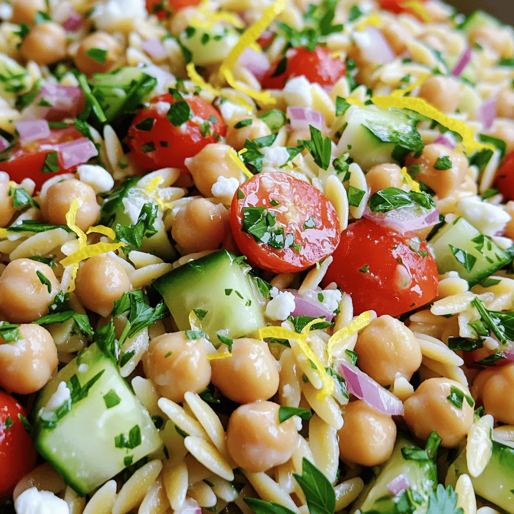 - 1 cup orzo pasta - 1 can (15 oz) chickpeas, rinsed and drained - 1 cup cherry tomatoes, halved - ½ cucumber, diced - ¼ red onion, finely chopped - 2 cloves garlic, minced - ¼ cup fresh parsley, chopped - 3 tablespoons olive oil - 2 tablespoons lemon juice - Zest of 1 lemon - Salt and pepper to taste The heart of this salad is the orzo and chickpeas. Orzo is a small pasta that cooks quickly. It adds a great bite to the dish. Chickpeas offer protein and fiber. They also bring a lovely, nutty flavor. Fresh veggies like cherry tomatoes, cucumber, and red onion add crunch and color. The tomatoes burst with juice, while the cucumber gives a refreshing crunch. The red onion adds a hint of sharpness. Finally, we have the dressing. A mix of minced garlic, olive oil, and lemon juice makes it zesty. The lemon zest brightens everything up and adds a nice fragrance. - ¼ cup feta cheese, crumbled (optional) - Fresh parsley, for garnish If you want to add creaminess, sprinkle some feta cheese on top. It melts into the warm salad, making it richer. Fresh parsley is not just for looks; it adds a fresh flavor too. This salad is a great choice for everyone. It is vegan and vegetarian-friendly. The orzo and chickpeas provide balanced carbs and proteins. Chickpeas are rich in vitamins and minerals. They help keep you full, making this salad a good option for lunch or dinner. The fresh veggies add fiber and antioxidants. They support your overall health and vitality. By choosing fresh ingredients, you can enjoy a meal that is not only tasty but healthy too. To start, bring a large pot of salted water to a boil. Use about one tablespoon of salt for every four quarts of water. This adds flavor to the orzo. Once the water is boiling, add 1 cup of orzo pasta. Cook it according to the package instructions, which usually takes about 8-10 minutes. You want the orzo to be al dente, meaning it should be firm but not hard. After cooking, drain the orzo and rinse it under cold water. This halts the cooking process and helps keep it from sticking together. Now, it’s time to make the salad. In a large mixing bowl, combine the cooked orzo, 1 can of rinsed and drained chickpeas, 1 cup of halved cherry tomatoes, ½ diced cucumber, ¼ finely chopped red onion, and ¼ cup of chopped fresh parsley. Stir these ingredients together gently to mix them well. Next, we’ll make the dressing. In a small bowl, whisk together 2 cloves of minced garlic, 3 tablespoons of olive oil, 2 tablespoons of lemon juice, and the zest of 1 lemon. Add salt and pepper to taste. This dressing is key to bringing all the flavors together. Pour the dressing over your salad mix. Gently toss everything to ensure all the ingredients are coated evenly. If you like, sprinkle ¼ cup of crumbled feta cheese on top and give it one last gentle toss. Taste your salad. You can adjust the seasoning by adding more salt, pepper, or lemon juice if you want. Let the salad rest for at least 10 minutes before serving. This waiting time allows the flavors to meld together beautifully. You’ll find that the longer it sits, the more delicious it becomes! To get the best texture, cook the orzo just until al dente. This gives a firm bite that holds up well in the salad. After cooking, rinse the orzo under cold water to stop the cooking process. This keeps it from getting mushy. Adjusting seasoning is key. Start with the dressing. Mix olive oil, lemon juice, and zest with salt and pepper. Taste it before adding to the salad. If it seems flat, add more salt or lemon juice. A little can make a big difference! Chopping vegetables can be quick and easy. Use a sharp knife for clean cuts. For even-sized pieces, cut the cherry tomatoes in half and the cucumber into small cubes. Finely chop the red onion to enhance the flavor without overpowering the dish. Prepare ingredients ahead of time. You can cook the orzo and chop the veggies a day before. Just store them in the fridge. This makes putting the salad together a breeze on serving day. Garnishing adds a nice touch. Sprinkle fresh parsley on top for a pop of green. If you like, add crumbled feta for a creamy finish. It looks great and adds flavor as well. Serve the salad chilled or at room temperature. Letting it sit for 10 minutes before serving helps the flavors blend. This makes each bite more delicious and refreshing. {{image_2}} You can easily make this salad vegan. For a great plant-based twist, skip the feta cheese. Try using a vegan cheese alternative or add more veggies for creaminess. Instead of orzo, you can use gluten-free pasta. Quinoa or brown rice also works well. They add a nice texture too. To boost flavor, add some fresh herbs. Basil and mint can brighten the salad. You can also mix in spices like cumin or smoked paprika for depth. For extra crunch, consider adding bell peppers or radishes. These veggies add color and freshness. This salad shines as a main dish or a side. If you want a heartier meal, serve it with grilled chicken or shrimp. It pairs well with fish or steak too. You can even enjoy it on its own for a light lunch. To keep your Lemon Garlic Chickpea Orzo Salad fresh, store it in an airtight container. This way, it won’t absorb other smells in the fridge. The salad lasts about 3 to 5 days. If you see any signs of spoilage, toss it out. You can freeze this salad, but it’s best to freeze just the orzo and chickpeas. The veggies will lose their crunch. To freeze, place the orzo and chickpeas in a freezer-safe bag. When you’re ready to eat, thaw the salad overnight in the fridge. Reheat the orzo and chickpeas in a pot with a splash of water. Add fresh veggies after heating. To keep your ingredients fresh, store chickpeas in a cool, dry place. If you buy canned chickpeas, use them by the date on the can. For veggies, keep them in the crisper drawer of your fridge. Store tomatoes at room temperature, away from sunlight. This way, they stay ripe and tasty longer! Yes, you can make this salad ahead of time. To prep in advance, cook the orzo and let it cool. Mix the orzo with chickpeas and veggies. Keep the dressing separate until you are ready to serve. This keeps the salad fresh and crunchy. Store everything in the fridge. It tastes great after the flavors mix overnight. If you don’t have orzo, try other grains or pasta. You can use quinoa for a nutty flavor. Small pasta shapes like ditalini or farfallini work well too. Brown rice is another good option. Each choice brings its own taste and texture. This salad is perfect for meal prep. Make a big batch and store it in containers. It stays fresh for up to four days in the fridge. Just add the dressing when you are ready to eat. This keeps the salad crisp. Pair it with grilled chicken or fish for a complete meal. This blog post provided a clear guide to making Lemon Garlic Chickpea Orzo Salad. We covered essential ingredients, cooking tips, and variations to suit your needs. Emphasizing the salad's nutritional benefits and storage tips helps ensure freshness. You can easily adapt this dish for various diets and occasions. Whether you serve it as a side or main meal, it’s a tasty and healthy choice. Enjoy your cooking and savor every bite of this colorful salad!