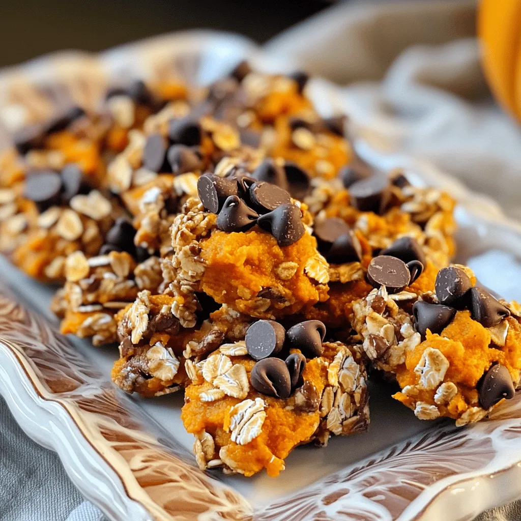 For these no-bake pumpkin spice chocolate oat clusters, you need some simple yet delightful ingredients: - 2 cups rolled oats - 1 cup pumpkin purée - ½ cup natural almond butter (or peanut butter) - ½ cup honey or maple syrup - 1 teaspoon vanilla extract - 1 teaspoon pumpkin spice mix - ½ teaspoon salt - ½ cup dark chocolate chips - ¼ cup chopped walnuts (optional) Each ingredient plays a key role. The rolled oats give a nice chewy base. Pumpkin purée adds flavor and moisture. Nut butter binds everything together. Honey or maple syrup sweetens the mix. The vanilla extract adds depth. Pumpkin spice brings warmth, while salt enhances all the flavors. Dark chocolate chips provide a rich touch, and walnuts add crunch. You can easily swap ingredients if you want. Here are some ideas: - Nut Butter: Use peanut butter or sunflower seed butter for a nut-free option. - Sweeteners: Swap honey for agave syrup or maple syrup for a vegan choice. - Pumpkin Spice: If you don't have pumpkin spice, use cinnamon, nutmeg, and ginger instead. - Chocolate Chips: Use milk chocolate or white chocolate chips if you prefer. - Walnuts: Try pecans or omit nuts if you want a nut-free treat. These swaps make the recipe flexible. You can adjust it to fit your taste or dietary needs. Each cluster is a tasty treat! Here’s a rough estimate of the nutritional info per serving (assuming 12 servings): - Calories: 150 - Protein: 4g - Carbohydrates: 20g - Fat: 7g - Fiber: 2g - Sugar: 6g These clusters are not only delicious but also provide nutrients from oats and pumpkin. They make a great snack or dessert! - Mix dry and wet ingredients Start by taking a large mixing bowl. Add 2 cups of rolled oats to the bowl. Next, pour in 1 cup of pumpkin purée. Then, add ½ cup of almond butter or peanut butter. Drizzle in ½ cup of honey or maple syrup. Don’t forget to include 1 teaspoon of vanilla extract, 1 teaspoon of pumpkin spice mix, and ½ teaspoon of salt. Now, stir all the ingredients well. The mix should feel sticky and hold together nicely. - Forming the clusters After mixing, it’s time to add some fun! Fold in ½ cup of dark chocolate chips and, if you like, ¼ cup of chopped walnuts. Mix gently until the chocolate and nuts are evenly spread. Now, take a spoon or your hands. Form small clusters, about 1 to 2 tablespoons each. Place them on a parchment-lined baking sheet. Make sure to keep space between each one. This helps them set better. - Large mixing bowl - Spoon or spatula - Parchment paper - Baking sheet - Refrigerator - Airtight container for storage These tools make the process easy and fun. You don’t need anything fancy, just what you have at home. Enjoy creating these delicious clusters! To get the best cluster texture, focus on the mixing. Mix your oats, pumpkin purée, and almond butter well. This way, the mixture becomes sticky and holds together. If it feels too dry, add a bit more pumpkin purée or almond butter. The key is to make sure each oat is coated. Once you form the clusters, don't press them too hard. This keeps them light and crunchy. One common mistake is not letting the clusters chill long enough. If you skip refrigeration, they may fall apart when you try to eat them. Another error is using too much chocolate. While chocolate is tasty, too much can make the clusters too soft. Keep the chocolate chips balanced with the oats for the best texture. Melting chocolate can be tricky. Use a microwave-safe bowl for easy melting. Start with short bursts of heat, about 15 seconds. Stir after each burst to avoid burning. You can also use a double boiler on low heat. This method allows for even melting. Once melted, let it cool a bit before mixing it into your cluster mix. This helps the chocolate stay smooth and easy to work with. {{image_2}} You can switch up the flavor of your no-bake pumpkin spice chocolate oat clusters. Try adding cinnamon for a warm touch. A dash of nutmeg can also add depth. If you like heat, a pinch of cayenne gives a nice kick. You might also enjoy adding a bit of ginger for a zesty twist. Each spice adds its own charm, making your clusters unique. Want to make these clusters gluten-free? Use certified gluten-free oats. This small change keeps the recipe safe for those with gluten allergies. For a nut-free option, swap almond butter with sunflower seed butter. It has a similar texture and taste. You can also use agave syrup instead of honey or maple syrup, making it vegan-friendly. Get creative with your add-ins! Dried fruits like cranberries or raisins add sweetness and chewiness. If you like crunch, try adding seeds like pumpkin or sunflower seeds. Chopped dark chocolate instead of chips can enhance the chocolate flavor. You can even mix in chia seeds for added nutrition. The options are endless, so feel free to experiment! To keep your No-Bake Pumpkin Spice Chocolate Oat Clusters fresh, place them in an airtight container. A glass or plastic container works well. I recommend storing them in the fridge. This helps maintain their texture and flavor. They will stay fresh for up to a week in the fridge. If you want to enjoy them longer, consider freezing them. You can freeze these clusters for longer storage. To do this, first, let the clusters cool completely. Then, arrange them in a single layer on a baking sheet. Freeze them for about an hour. Once firm, transfer the clusters to a freezer-safe bag or container. Be sure to label the bag with the date. They can last up to three months in the freezer. When ready to eat, just thaw them in the fridge overnight. These clusters taste best when fresh but can last a bit longer. Always check for any signs of spoilage. If they look or smell off, it’s best to throw them away. To keep them fresh, avoid leaving them at room temperature for long periods. Always return leftovers to the fridge. Enjoy these tasty treats as a quick snack or a sweet dessert! Yes, you can! Almond butter works well, but peanut butter is another great choice. Sunflower seed butter is a good option for nut-free diets. Just pick your favorite nut butter to add flavor and creaminess. These clusters can last up to a week in the fridge. Store them in an airtight container to keep them fresh. If you want them to last longer, check the texture and taste before eating. Absolutely! To make these clusters vegan, use maple syrup instead of honey. Almond butter or peanut butter is already vegan. Just make sure your chocolate chips are dairy-free. You can serve these clusters as a snack or dessert. Pair them with a warm drink like chai tea or hot cocoa. They also go great with a scoop of vanilla ice cream for a fun treat! You learned about key ingredients, cooking steps, and tips for no-bake pumpkin spice chocolate oat clusters. You now have ideas for variations and proper storage. Remember, use other fats or oat types if needed. These clusters are tasty and easy to make. Try them out and enjoy every bite, whether as a snack or a dessert. Make sure to share your creations and impress your friends. Now, get cooking!