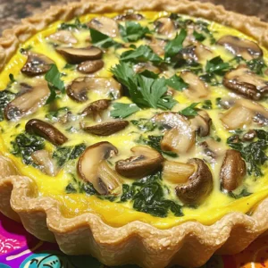 - 1 pre-made pie crust (or homemade if you prefer) - 1 tablespoon olive oil - 1 cup mushrooms, sliced - 2 cups fresh spinach, washed and chopped - 1 small onion, finely chopped - 3 large eggs - 1 cup milk (or plant-based milk) - 1 cup shredded cheese (cheddar, mozzarella, or a blend) - 1/2 teaspoon garlic powder - 1/4 teaspoon nutmeg - Salt and pepper to taste To make a great quiche, choose your ingredients wisely. You can use a pre-made pie crust for convenience. If you enjoy baking, try making your own crust. It adds a personal touch. Next, gather fresh vegetables. I like to use mushrooms, spinach, and onion. These veggies bring a lot of flavor and nutrients. Use olive oil for sautéing. It adds richness and helps cook the vegetables evenly. For the egg base, you will need eggs and milk. You can choose plant-based milk if you prefer. This makes the dish lighter and suitable for many diets. Cheese is key to a tasty quiche. I suggest cheddar, mozzarella, or a blend of both. Shredded cheese melts nicely and creates a creamy texture. Finally, don’t forget the seasonings. Garlic powder and nutmeg add warmth and depth. Salt and pepper enhance all the flavors. With these ingredients, you will create a delicious and satisfying Spinach Mushroom Quiche. First, set your oven to 375°F (190°C). This warm-up helps bake the quiche evenly. If you use a homemade crust, roll it out and place it in a pie dish. Make sure to prick the bottom with a fork. This step stops bubbling while baking. If you're short on time, a pre-made crust works just fine. Next, bake the crust for about 10 minutes. This pre-baking gives it a nice, crispy base. When the time’s up, take it out and let it cool while you prepare the filling. Now, let’s sauté the veggies. Heat 1 tablespoon of olive oil in a skillet over medium heat. Add 1 small chopped onion and cook until it turns clear, about 3-4 minutes. Next, toss in 1 cup of sliced mushrooms. They should cook for about 5 minutes until they are golden brown. After that, add 2 cups of fresh chopped spinach. Stir until it wilts down. Don't forget to sprinkle in salt, pepper, and 1/2 teaspoon of garlic powder while cooking. This helps the flavors pop. In a large bowl, crack 3 large eggs. Pour in 1 cup of milk or your favorite plant-based milk. Whisk these together until they are well combined. Add 1/4 teaspoon of nutmeg along with more salt and pepper to taste. Once mixed, gently fold in the sautéed vegetables. Be careful not to crush them. This mixture is the heart of your quiche. It’s time to assemble! Pour the egg and veggie mixture into your pre-baked crust. Spread it evenly. Now, take 1 cup of shredded cheese—cheddar or mozzarella works great—and sprinkle it on top. Make sure the cheese is spread out so you get that melty goodness in every bite. Now, place the quiche in the oven. Bake it for 30-35 minutes. You’ll know it’s done when the edges are golden brown and the center is firm. A toothpick should come out clean if you test it. After baking, let your quiche cool for about 10 minutes. This makes it easier to slice. Serve it warm or at room temperature for a tasty meal. For a beautiful presentation, place the quiche on a colorful platter. You can garnish with fresh parsley or basil. This adds a nice touch and makes it look even more inviting. The egg mixture is key for a smooth quiche. Use three large eggs and one cup of milk. This combo gives a nice creamy base. Too many eggs can make it rubbery. You want a balance. To ensure a flaky crust, pre-bake it for about ten minutes. This step helps prevent sogginess. If you use a homemade crust, roll it out thin and prick it well. This lets steam escape while baking. Want more flavor? Try adding herbs like thyme or basil. These herbs pair well with spinach and mushrooms. A pinch of red pepper flakes can add heat. As for cheese, cheddar is great, but mozzarella adds a milder taste. You can also mix cheeses for a unique flavor. A blend of gouda and feta can give a nice twist. You can serve the quiche hot or cold. It's tasty at any temperature! If you serve it warm, let it cool for ten minutes first. This helps the filling set better. For sides, a fresh salad works well. A light vinaigrette adds a nice touch. You might also enjoy a glass of white wine or iced tea. These drinks complement the quiche flavors nicely. {{image_2}} You can make this quiche even more colorful and tasty by adding more vegetables. Try bell peppers, zucchini, or broccoli for a fresh twist. You can also replace the cheese with a dairy-free option like almond or cashew cheese. These changes keep the dish light yet flavorful. If you love meat, consider adding bacon or ham. These add a savory kick that pairs well with spinach and mushrooms. For a balanced flavor, use about 1/2 cup of cooked bacon or ham. Chop it up small so it mixes well with the eggs and veggies. For a gluten-free quiche, look for a gluten-free pie crust at the store. You can also make your own with almond or oat flour. Just keep in mind that you might need to adjust the amount of liquid in the filling. This will help maintain the right texture and taste. To keep your spinach mushroom quiche fresh, use airtight containers. Glass containers work great. They help keep the flavors in and moisture out. You can also wrap the quiche tightly in foil or plastic wrap. Store it in the fridge for up to four days. For best taste, enjoy it sooner rather than later. If you want to freeze quiche, follow these steps: 1. Let the quiche cool completely after baking. 2. Wrap it tightly in plastic wrap. Then, wrap it in foil for extra protection. 3. Label the wrapping with the date. This way, you’ll know when to use it. 4. You can freeze the quiche for up to three months. When you're ready to enjoy it, follow these tips: - Thaw the quiche overnight in the fridge. - If you’re in a hurry, you can bake it straight from frozen. - Just add about 10-15 minutes to the baking time. To reheat leftover quiche, the oven is best. It keeps the crust crisp. Set your oven to 350°F (175°C). Place the quiche on a baking sheet and heat for about 15-20 minutes. You can also use the microwave. But, the crust may get soggy. If using a microwave, heat in short bursts. Check every 30 seconds until warm. Enjoy your quiche freshly reheated! Yes, you can use frozen spinach. However, expect some differences. Frozen spinach has more moisture than fresh spinach. This can change the texture of your quiche. To fix this, thaw the spinach and squeeze out extra water. This way, your quiche stays firm and tasty. You can store your quiche in the fridge for up to four days. Just make sure to keep it in an airtight container. This keeps it fresh and safe to eat. Always check for any signs of spoilage before enjoying leftovers. Absolutely! You can prepare the quiche a day in advance. Just assemble it and cover it well in the fridge. Bake it the next day before serving. This saves time and lets flavors blend nicely overnight. Spinach mushroom quiche pairs well with many sides. Consider a fresh green salad for a light touch. You can also serve it with roasted vegetables for a heartier meal. For brunch, add fruit or yogurt to round out the meal. This article covered how to make a delicious spinach mushroom quiche. We discussed the key ingredients, detailed the cooking steps, and shared tips for perfecting your dish. Quiche is versatile; you can customize it to suit your taste. Remember to store leftovers properly and try reheating methods that keep the quiche tasty. Don’t be afraid to experiment with flavors and variations. Enjoy your baking and impress your family or friends with this easy, flavorful dish!