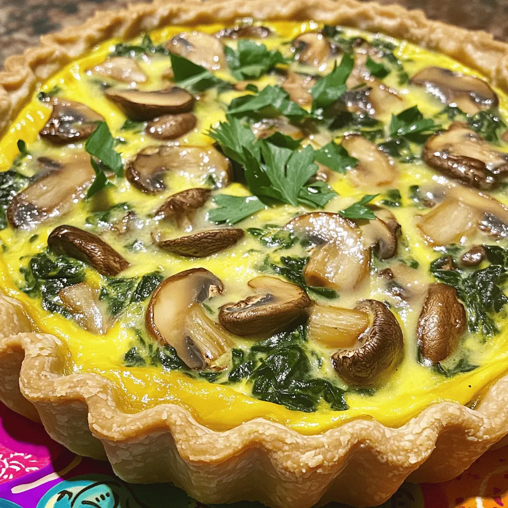 - 1 pre-made pie crust (or homemade if you prefer) - 1 tablespoon olive oil - 1 cup mushrooms, sliced - 2 cups fresh spinach, washed and chopped - 1 small onion, finely chopped - 3 large eggs - 1 cup milk (or plant-based milk) - 1 cup shredded cheese (cheddar, mozzarella, or a blend) - 1/2 teaspoon garlic powder - 1/4 teaspoon nutmeg - Salt and pepper to taste To make a great quiche, choose your ingredients wisely. You can use a pre-made pie crust for convenience. If you enjoy baking, try making your own crust. It adds a personal touch. Next, gather fresh vegetables. I like to use mushrooms, spinach, and onion. These veggies bring a lot of flavor and nutrients. Use olive oil for sautéing. It adds richness and helps cook the vegetables evenly. For the egg base, you will need eggs and milk. You can choose plant-based milk if you prefer. This makes the dish lighter and suitable for many diets. Cheese is key to a tasty quiche. I suggest cheddar, mozzarella, or a blend of both. Shredded cheese melts nicely and creates a creamy texture. Finally, don’t forget the seasonings. Garlic powder and nutmeg add warmth and depth. Salt and pepper enhance all the flavors. With these ingredients, you will create a delicious and satisfying Spinach Mushroom Quiche. First, set your oven to 375°F (190°C). This warm-up helps bake the quiche evenly. If you use a homemade crust, roll it out and place it in a pie dish. Make sure to prick the bottom with a fork. This step stops bubbling while baking. If you're short on time, a pre-made crust works just fine. Next, bake the crust for about 10 minutes. This pre-baking gives it a nice, crispy base. When the time’s up, take it out and let it cool while you prepare the filling. Now, let’s sauté the veggies. Heat 1 tablespoon of olive oil in a skillet over medium heat. Add 1 small chopped onion and cook until it turns clear, about 3-4 minutes. Next, toss in 1 cup of sliced mushrooms. They should cook for about 5 minutes until they are golden brown. After that, add 2 cups of fresh chopped spinach. Stir until it wilts down. Don't forget to sprinkle in salt, pepper, and 1/2 teaspoon of garlic powder while cooking. This helps the flavors pop. In a large bowl, crack 3 large eggs. Pour in 1 cup of milk or your favorite plant-based milk. Whisk these together until they are well combined. Add 1/4 teaspoon of nutmeg along with more salt and pepper to taste. Once mixed, gently fold in the sautéed vegetables. Be careful not to crush them. This mixture is the heart of your quiche. It’s time to assemble! Pour the egg and veggie mixture into your pre-baked crust. Spread it evenly. Now, take 1 cup of shredded cheese—cheddar or mozzarella works great—and sprinkle it on top. Make sure the cheese is spread out so you get that melty goodness in every bite. Now, place the quiche in the oven. Bake it for 30-35 minutes. You’ll know it’s done when the edges are golden brown and the center is firm. A toothpick should come out clean if you test it. After baking, let your quiche cool for about 10 minutes. This makes it easier to slice. Serve it warm or at room temperature for a tasty meal. For a beautiful presentation, place the quiche on a colorful platter. You can garnish with fresh parsley or basil. This adds a nice touch and makes it look even more inviting. The egg mixture is key for a smooth quiche. Use three large eggs and one cup of milk. This combo gives a nice creamy base. Too many eggs can make it rubbery. You want a balance. To ensure a flaky crust, pre-bake it for about ten minutes. This step helps prevent sogginess. If you use a homemade crust, roll it out thin and prick it well. This lets steam escape while baking. Want more flavor? Try adding herbs like thyme or basil. These herbs pair well with spinach and mushrooms. A pinch of red pepper flakes can add heat. As for cheese, cheddar is great, but mozzarella adds a milder taste. You can also mix cheeses for a unique flavor. A blend of gouda and feta can give a nice twist. You can serve the quiche hot or cold. It's tasty at any temperature! If you serve it warm, let it cool for ten minutes first. This helps the filling set better. For sides, a fresh salad works well. A light vinaigrette adds a nice touch. You might also enjoy a glass of white wine or iced tea. These drinks complement the quiche flavors nicely. {{image_2}} You can make this quiche even more colorful and tasty by adding more vegetables. Try bell peppers, zucchini, or broccoli for a fresh twist. You can also replace the cheese with a dairy-free option like almond or cashew cheese. These changes keep the dish light yet flavorful. If you love meat, consider adding bacon or ham. These add a savory kick that pairs well with spinach and mushrooms. For a balanced flavor, use about 1/2 cup of cooked bacon or ham. Chop it up small so it mixes well with the eggs and veggies. For a gluten-free quiche, look for a gluten-free pie crust at the store. You can also make your own with almond or oat flour. Just keep in mind that you might need to adjust the amount of liquid in the filling. This will help maintain the right texture and taste. To keep your spinach mushroom quiche fresh, use airtight containers. Glass containers work great. They help keep the flavors in and moisture out. You can also wrap the quiche tightly in foil or plastic wrap. Store it in the fridge for up to four days. For best taste, enjoy it sooner rather than later. If you want to freeze quiche, follow these steps: 1. Let the quiche cool completely after baking. 2. Wrap it tightly in plastic wrap. Then, wrap it in foil for extra protection. 3. Label the wrapping with the date. This way, you’ll know when to use it. 4. You can freeze the quiche for up to three months. When you're ready to enjoy it, follow these tips: - Thaw the quiche overnight in the fridge. - If you’re in a hurry, you can bake it straight from frozen. - Just add about 10-15 minutes to the baking time. To reheat leftover quiche, the oven is best. It keeps the crust crisp. Set your oven to 350°F (175°C). Place the quiche on a baking sheet and heat for about 15-20 minutes. You can also use the microwave. But, the crust may get soggy. If using a microwave, heat in short bursts. Check every 30 seconds until warm. Enjoy your quiche freshly reheated! Yes, you can use frozen spinach. However, expect some differences. Frozen spinach has more moisture than fresh spinach. This can change the texture of your quiche. To fix this, thaw the spinach and squeeze out extra water. This way, your quiche stays firm and tasty. You can store your quiche in the fridge for up to four days. Just make sure to keep it in an airtight container. This keeps it fresh and safe to eat. Always check for any signs of spoilage before enjoying leftovers. Absolutely! You can prepare the quiche a day in advance. Just assemble it and cover it well in the fridge. Bake it the next day before serving. This saves time and lets flavors blend nicely overnight. Spinach mushroom quiche pairs well with many sides. Consider a fresh green salad for a light touch. You can also serve it with roasted vegetables for a heartier meal. For brunch, add fruit or yogurt to round out the meal. This article covered how to make a delicious spinach mushroom quiche. We discussed the key ingredients, detailed the cooking steps, and shared tips for perfecting your dish. Quiche is versatile; you can customize it to suit your taste. Remember to store leftovers properly and try reheating methods that keep the quiche tasty. Don’t be afraid to experiment with flavors and variations. Enjoy your baking and impress your family or friends with this easy, flavorful dish!