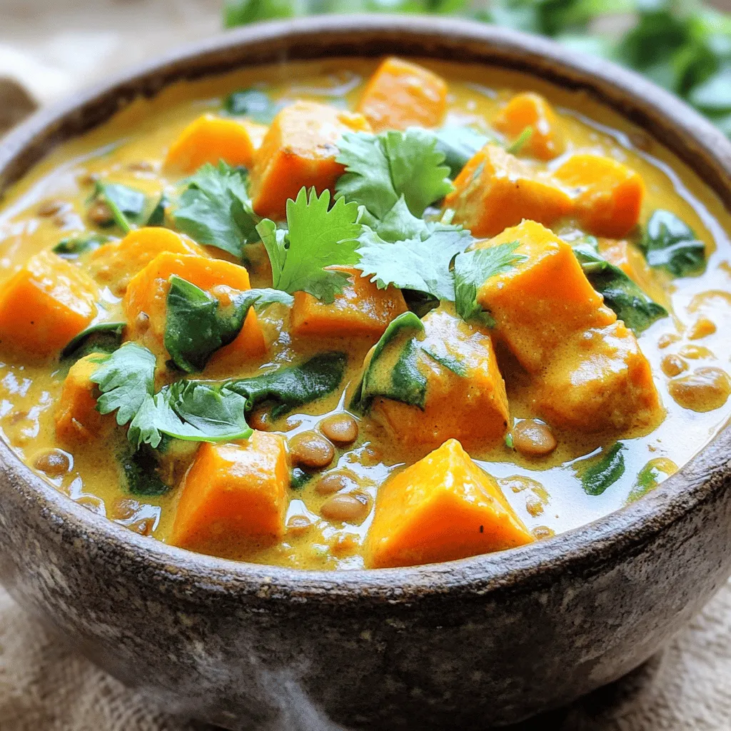 - 2 medium sweet potatoes, peeled and cubed - 1 cup dried green or brown lentils, rinsed - 1 medium onion, finely chopped - 3 cloves garlic, minced - 1 tablespoon fresh ginger, minced - 1 can (14 oz) coconut milk - 1 can (14 oz) diced tomatoes - 2 cups vegetable broth - 1 tablespoon curry powder - 1 teaspoon turmeric powder - 1 teaspoon cumin - 1 teaspoon salt - ½ teaspoon black pepper - 2 tablespoons olive oil - 1 cup fresh spinach or kale, roughly chopped - Juice of 1 lime - Fresh cilantro for garnish This recipe is plant-based and rich in nutrients. Sweet potatoes provide fiber and vitamins. Lentils add protein and minerals. Coconut milk gives a creamy texture without dairy. The dish is gluten-free, making it safe for those avoiding gluten. You can swap sweet potatoes for butternut squash if you prefer. If you have red lentils, those work too, but adjust the cooking time since they cook faster. Instead of coconut milk, try cashew cream for a different flavor. Use any leafy green you like, like collard greens, if spinach or kale is not available. First, gather your ingredients. You need sweet potatoes, lentils, onion, garlic, ginger, coconut milk, diced tomatoes, vegetable broth, curry powder, turmeric, cumin, salt, black pepper, olive oil, spinach or kale, lime, and cilantro. Peel and cube the sweet potatoes. Rinse the lentils to remove any dust. Chop the onion finely, mince the garlic and ginger, and set them all aside. 1. Press the Sauté button on your Instant Pot. Add olive oil to the pot and let it heat. 2. Once hot, add the chopped onion. Cook until it turns translucent, which takes about 3-4 minutes. 3. Stir in the minced garlic and ginger. Cook for another minute until they smell great. 4. Add the spices: curry powder, turmeric, cumin, salt, and black pepper. Mix well and cook for 30 seconds to let the flavors blend. 5. Now, add the cubed sweet potatoes, rinsed lentils, diced tomatoes with their juices, coconut milk, and vegetable broth. Stir everything well to combine. 6. Close the lid and set the vent to sealed. Select Manual or Pressure Cook and set it for high pressure for 15 minutes. 7. After cooking, let the pressure release naturally for about 10 minutes. Then, do a quick release for any remaining pressure. Open the lid and stir in the chopped spinach or kale. Add the lime juice and mix until the greens are wilted. Taste your curry and adjust the seasonings if needed. Finally, garnish with fresh cilantro before serving. Enjoy your delicious Instant Pot sweet potato lentil curry! To boost flavor in your sweet potato lentil curry, try these simple tips: - Use fresh spices. Fresh spices have more punch than old ones. Buy whole spices and grind them yourself for the best taste. - Add a pinch of sugar. A little sugar can balance the curry's spices and bring out the sweet potato flavor. - Incorporate acid. A splash of vinegar or more lime juice can brighten the dish. Add it just before serving for the best effect. - Fresh herbs matter. Fresh cilantro not only looks great but also adds a burst of flavor. Toss it in right before serving. Using the Instant Pot can make cooking easier and faster. Here are some tips to get the best results: - Layer ingredients. Place harder veggies like sweet potatoes at the bottom. This ensures they cook evenly and don’t turn mushy. - Don’t skip the sauté step. Sautéing the onions, garlic, and spices first adds depth to the flavor. It makes a big difference! - Natural release is key. Allowing for a natural pressure release helps the flavors meld better. It also keeps your lentils from getting too soft. - Check for doneness. Always taste before serving. If you want it thicker, you can sauté it again to reduce the liquid. Here are some common mistakes that can ruin your curry: - Not rinsing lentils. Rinsing lentils removes dirt and any bitter taste. Don’t skip this step! - Overcooking sweet potatoes. Sweet potatoes can get mushy if you cook them too long. Stick to the recommended time. - Ignoring seasoning adjustments. Always taste your curry before serving. You may want to adjust salt or spices. - Using old ingredients. Check your spices and canned goods. Old ingredients can dull the flavor of your curry. {{image_2}} You can switch up the veggies in your curry. Add carrots, bell peppers, or peas. Each brings a new taste and texture. If you use frozen vegetables, add them during the last few minutes of cooking. This keeps them bright and fresh. You can also try zucchini or cauliflower for a twist. These options add color and flavor. Want to add protein? Chickpeas are a great choice. They blend well with the sweet potatoes and lentils. You can also add cooked chicken or tofu for more variety. If you use meat, add it before sealing the lid. This helps the flavors combine. For a vegan option, stick with lentils and chickpeas. They fill you up and keep the dish hearty. Love heat? Add fresh chili peppers or cayenne pepper. Start small, then taste as you go. If you prefer a milder curry, skip the extra heat. You can also add a touch of honey to balance the spice. This adds sweetness without losing the curry flavor. Adjust the spices to match your taste. Making it your own is part of the fun! After you enjoy your Instant Pot sweet potato lentil curry, let it cool. Then, transfer the leftovers into an airtight container. You can store it in the fridge for up to 4 days. Make sure to keep it sealed to prevent it from drying out or absorbing other smells. When you're ready to eat the leftovers, you have a few options. You can reheat it on the stove over medium heat until hot. Stir it often to heat evenly. You can also use the microwave. Place the curry in a microwave-safe bowl and cover it. Heat it for 1-2 minutes. Stir halfway to ensure even heating. If you want to save some for later, freezing is a great option. Allow the curry to cool completely. Then, pour it into a freezer-safe container or bag. Leave some space at the top, as it will expand when frozen. You can freeze it for up to 3 months. When you're ready to eat, thaw it in the fridge overnight before reheating. Yes, you can use other lentils like red or black. Each type cooks differently. Red lentils cook faster and become mushy. Green or brown lentils hold their shape better. If you use red lentils, adjust the cooking time to about 10 minutes. This recipe is already vegan! It uses coconut milk for creaminess. You can add more veggies or legumes for extra protein. Chickpeas or peas work well. Just make sure to keep the broth vegetable-based. This curry pairs well with rice or quinoa. You can also serve it with warm naan bread. For added crunch, try a side salad. A refreshing cucumber or tomato salad complements the spices nicely. This blog post covered all you need to know about Sweet Potato Lentil Curry. We explored key ingredients, dietary info, and substitutions for any restrictions. You learned step-by-step instructions for easy preparation, cooking, and finishing touches. The tips shared will help boost flavor and avoid common mistakes. Remember, you can customize your curry with veggies, proteins, and spices. Store leftovers correctly for later enjoyment. Now you can enjoy this tasty dish and impress your friends and family. Happy cooking!