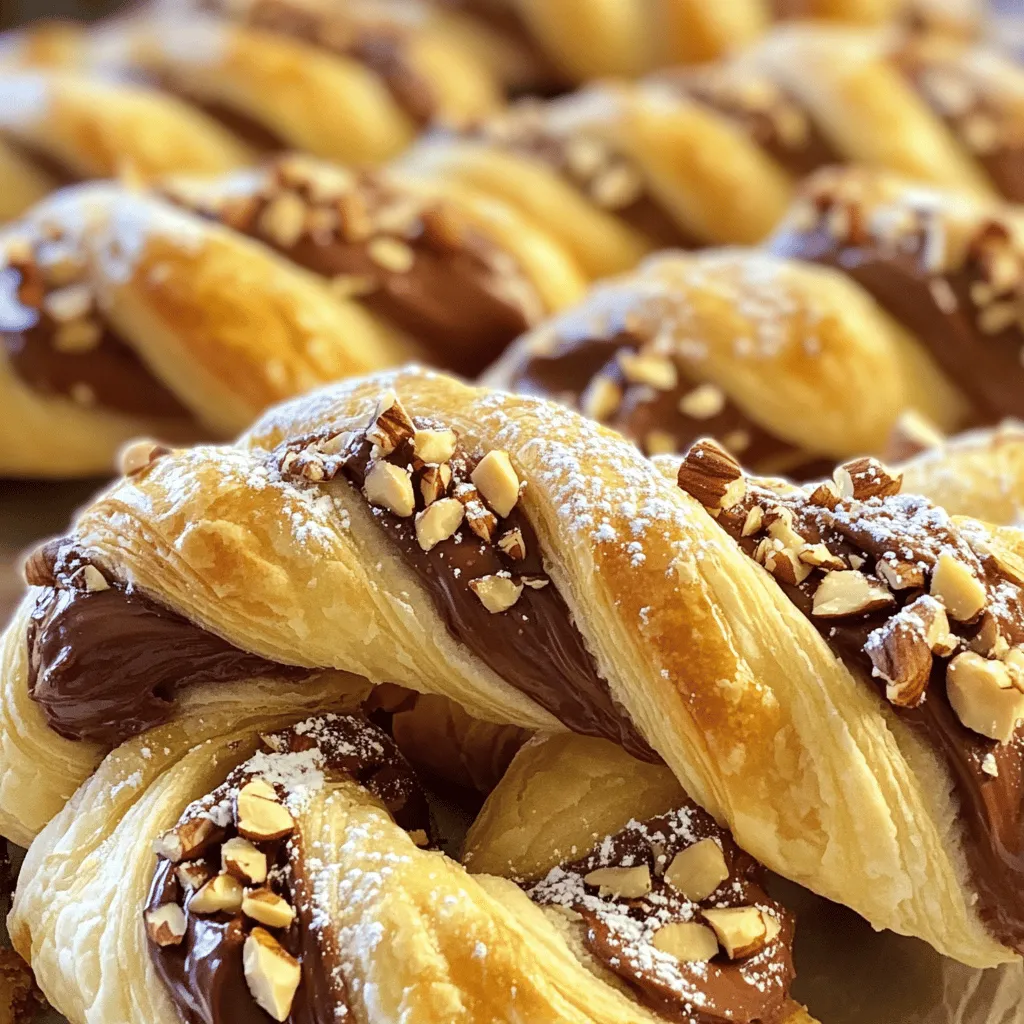 To make Chocolate Hazelnut Puff Pastry Twists, gather these simple ingredients: - 1 sheet of puff pastry (thawed) - 1/2 cup chocolate hazelnut spread (like Nutella) - 1/4 cup finely chopped hazelnuts - 1 egg (for egg wash) - 1 tablespoon milk (for egg wash) - Powdered sugar (for dusting) Each ingredient plays a key role. The puff pastry provides a light, flaky texture. The chocolate hazelnut spread adds rich, creamy flavor. Chopped hazelnuts give a nice crunch and nutty taste. The egg wash helps the twists turn golden brown. Milk in the wash makes the crust shiny. Finally, a sprinkle of powdered sugar finishes the treats with a sweet touch. Make sure your puff pastry is fully thawed before using it. This ensures it rolls out smoothly and puffs beautifully when baked. To make Chocolate Hazelnut Puff Pastry Twists, follow these simple steps. 1. Preheat oven and prepare baking sheet Start by preheating your oven to 400°F (200°C). This helps the pastries puff up nicely. While the oven heats, line a baking sheet with parchment paper. This keeps the twists from sticking. 2. Roll out puff pastry and cut into rectangles Take your thawed puff pastry and place it on a lightly floured surface. Roll it out gently to smooth out any creases. Then, cut the pastry into 8 equal rectangles. Each piece will hold the tasty filling. 3. Layer chocolate hazelnut spread and hazelnuts Spread a generous layer of chocolate hazelnut spread over each rectangle. Leave about a 1/2 inch border around the edges. Next, sprinkle the finely chopped hazelnuts over the chocolate spread. This adds a nice crunch to each bite. 4. Fold, cut, and twist the pastry strips Carefully fold each rectangle in half. Press the edges gently to seal in the filling. Use a sharp knife or pizza cutter to slice each folded rectangle into strips about 1 inch wide. Now comes the fun part! Twist each strip gently from both ends to create a spiral shape. Place the twists on your prepared baking sheet. Now you're ready to bake these delightful treats! To keep puff pastry flaky, handle it gently. The more you work it, the less flaky it gets. Always roll the pastry on a lightly floured surface. This prevents it from sticking. For the best egg wash, combine one egg with a tablespoon of milk. Whisk them well before use. Brush this mix on your pastry to get a golden, shiny finish. Use a light hand; too much wash can make it soggy. To ensure even baking and browning, space out your pastry twists on the baking sheet. This allows hot air to circulate. Check on them halfway through baking to avoid burning. If they brown too fast, cover with foil. This keeps them golden without overcooking. {{image_2}} You can have fun with these puff pastry twists by adding your favorite flavors. Here are some ideas: - Adding spices like cinnamon or vanilla A dash of cinnamon can add warmth. Vanilla gives a sweet touch. Mix these in the chocolate hazelnut spread for a cozy twist. - Incorporating fruits like bananas or strawberries Sliced bananas or strawberries can bring freshness. Place fruit on top of the spread before sealing. This adds a fruity burst with every bite. - Using alternative nut spreads or chocolate flavors Try almond or peanut butter instead of hazelnut spread. You can also use white chocolate or dark chocolate for different tastes. Each choice gives a new life to your pastry twists! Experiment with these options to make your Chocolate Hazelnut Puff Pastry Twists even more delightful! To keep your chocolate hazelnut puff pastry twists fresh, use an airtight container. Place a layer of parchment paper between each twist to prevent sticking. Store them at room temperature for up to three days. For best results, avoid refrigeration. The cold can make the pastry soggy. If you need to store them longer, freezing is a great option. Reheating tips: To warm them up, preheat your oven to 350°F (175°C). Place the twists on a baking sheet. Heat for about 8-10 minutes. This method helps restore their crisp texture. Freezing options: You can freeze unbaked twists. Prepare them, then place them on a baking sheet in the freezer until firm. After that, transfer them to a freezer-safe bag. When you're ready to bake, simply add a few extra minutes to the baking time. This keeps them fresh and delicious for later. Can I use homemade puff pastry? Yes, you can use homemade puff pastry. It will give a fresh taste. Just ensure it is rolled out thinly for best results. Homemade pastry often has a rich flavor that can make these twists even better. What can I substitute for hazelnuts? If you can't find hazelnuts, try almonds or walnuts. They both add a nice crunch. You can also use sunflower seeds for a nut-free version. These options will still pair well with the chocolate spread. How long do these pastries last after baking? These pastries are best enjoyed fresh. They last about two days at room temperature. Store them in a sealed container to keep them soft. If you want to save them longer, freeze them. Just make sure to wrap them well before freezing. You now know how to make chocolate hazelnut puff pastry twists easily. We covered the ingredients, preparation steps, and tips for success. Variations let you try new flavors, while storage tips keep them fresh. With these insights, you can create delicious treats that impress. Enjoy your baking adventure and share these twists with friends and family!