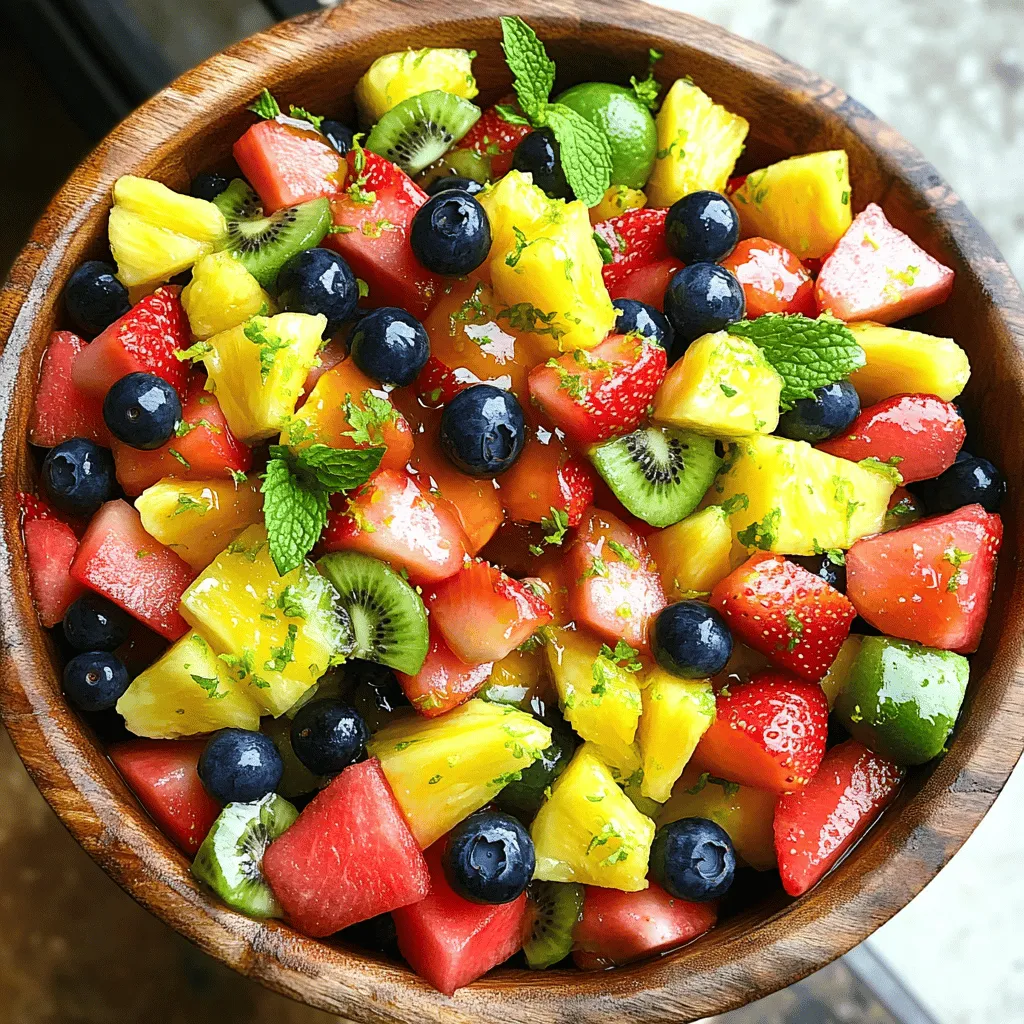 - 2 cups watermelon, diced - 1 cup strawberries, hulled and sliced - 1 cup pineapple, diced - 1 cup blueberries - 1 cup kiwi, peeled and diced - 1 tablespoon honey - 2 tablespoons lime juice - Zest of 1 lime - Fresh mint leaves for garnish This Honey Lime Fruit Salad uses bright, fresh fruits that burst with flavor. Each fruit adds a unique taste and texture, making this dish a delightful experience. Watermelon gives a refreshing crunch, while strawberries add sweetness. Pineapple brings a tropical touch, and blueberries offer a juicy pop. Kiwi adds a tangy twist, making the salad fun to eat. You can also add optional ingredients for a twist. Consider adding grapes, mango, or even pomegranate seeds for extra flavor. These fruits not only taste good, but they also add color and make the salad visually appealing. Using fresh fruits has many benefits. Fresh fruits are packed with vitamins and minerals. They help keep you healthy and energized. Eating colorful fruits can improve your mood and provide hydration. This salad is not just a treat for your taste buds; it is also good for your body. Enjoy the taste of summer with this easy and healthy dish! To start, wash all your fruits well. This step keeps them clean and safe to eat. For watermelon, cut it in half. Then, use a knife to slice it into small cubes. Aim for bite-sized pieces, about one inch each. For strawberries, remove the green tops and slice them thinly. Pineapple needs peeling and coring before dicing. Use a sharp knife for this. Blueberries can go in whole, and for kiwis, peel them first. Then, slice them into small cubes like the watermelon. To keep your fruits fresh, try these tips: - Keep them in the fridge before mixing. - Use a clean bowl for cutting. - Mix fruits just before serving to prevent browning. Now, let’s make the honey lime dressing. Take a small bowl and add one tablespoon of honey. Then, squeeze two tablespoons of fresh lime juice into the bowl. Add the zest of one lime for extra flavor. Use a whisk to mix these ingredients. Whisk until smooth and well combined. It should look shiny and slightly thick. If it feels too thick, add a splash of water and whisk again. Once your fruits are ready, combine them in a large mixing bowl. Pour the honey lime dressing over the fruit. Use a large spoon to gently toss the salad. Be careful not to mash the fruit; you want them to stay whole. Toss until all pieces are coated in the dressing. This step brings out the best flavors. Let the salad sit for about 10-15 minutes. This time helps the flavors meld together. Before serving, stir it gently once more. Finally, add some fresh mint leaves on top for a pop of color and flavor. Enjoy your fresh and tasty Honey Lime Fruit Salad! Choosing ripe fruits is key for this salad. Ripe fruits are sweeter and more flavorful. Look for watermelon that is firm and has a deep color. Strawberries should be bright red and smell sweet. Pineapples should feel heavy and have a nice aroma. Blueberries should be plump, while kiwis should be soft but not mushy. Seasonal fruits also make a big difference. In summer, berries are at their peak. In fall, consider apples or pears for a twist. Using seasonal fruits can enhance the taste and freshness of your salad. Garnishing your salad can elevate its look. Fresh mint leaves add a pop of color and flavor. You can also use lime wedges to add more zest. Serve the salad in a clear bowl to show off the colors. For special occasions, consider using a melon ball scoop for a fun shape. Creative serving ideas can impress your guests. Serve in individual cups for a party. You can also layer the salad in a jar for a picnic. This makes for a tasty and pretty display! One mistake is overmixing the salad. Gently toss the fruits to keep them intact. This helps maintain their shape and texture. Another common error is using too much dressing. A little goes a long way. Too much dressing can make the salad soggy. Aim for just enough to coat the fruits lightly. {{image_2}} You can swap fruits based on what's in season. In the summer, try peaches or cherries. In the fall, think about apples or pears. You can even use frozen fruits. Frozen berries or mangoes work well in a pinch. Just let them thaw before mixing. Adding nuts or seeds gives your salad a nice crunch. Try sliced almonds or walnuts for flavor. Sunflower seeds also add a fun texture. For creaminess, consider adding yogurt. A dollop of Greek yogurt can make the salad rich and smooth. You can change the honey-lime dressing. Try using agave nectar for a vegan option. Different citrus like orange or lemon juice can change the flavor too. Just mix them with honey or agave for a new twist. To keep your Honey Lime Fruit Salad fresh, store it in the fridge. Use an airtight container to prevent air exposure. This helps maintain the salad's crispness and flavor. Make sure to separate the mint leaves until serving. They can wilt if mixed in too early. The salad lasts about 3 days in the fridge. After that, the fruits may become mushy. Check for signs of spoilage, like an off smell or discoloration. If the fruits look soft or look brown, it's best to toss them out. You can freeze Honey Lime Fruit Salad, but it’s not ideal. Freezing changes the texture of the fruits. If you choose to freeze it, use a freezer-safe container. To prevent freezer burn, remove as much air as possible. When ready to eat, thaw it in the fridge overnight for best results. To make this salad, follow these simple steps: 1. Take 2 cups of diced watermelon and add it to a large bowl. 2. Next, add 1 cup of hulled and sliced strawberries. 3. Include 1 cup of diced pineapple and 1 cup of blueberries. 4. Add 1 cup of peeled and diced kiwi for a nice touch. 5. In a small bowl, whisk together 1 tablespoon of honey, 2 tablespoons of lime juice, and the zest of 1 lime until it’s smooth. 6. Pour the dressing over the fruits and toss gently. 7. Let the salad sit for 10-15 minutes to let the flavors mix. 8. Before serving, stir it again and add fresh mint leaves on top. Yes! You can customize this salad with various fruits. Some great options are: - Apples - Grapes - Oranges - Raspberries - Peaches Feel free to mix and match based on what you like or what’s fresh. This makes the salad fun and unique for your taste! Besides honey lime, you can try other dressings such as: - Yogurt-based dressings for creaminess - A splash of orange juice for sweetness - A dash of balsamic vinegar for a tangy twist Experimenting with dressings can add new flavors to your fruit salad. Enjoy the creativity! In this blog post, we explored Honey Lime Fruit Salad from its key ingredients to storage tips. I shared how to prepare fruits, make the dressing, and combine everything nicely. We also covered variations and common mistakes to help you create a perfect salad. Remember, fresh fruits make a big difference in taste and health. Enjoy your salad as a tasty snack or a fun side dish. Picking the right fruits and dressing can really brighten your meal. Happy salad-making!