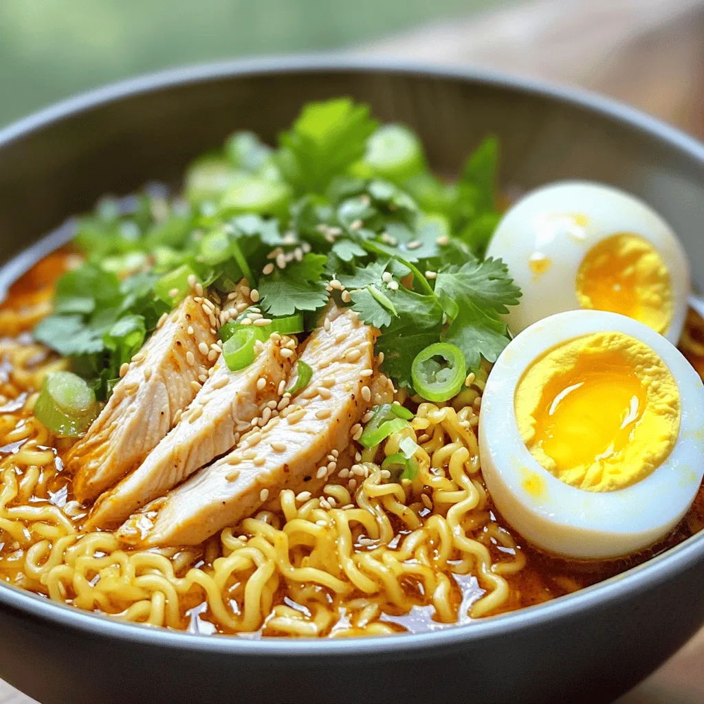 - 2 cups chicken broth - 1 cup water - 200g instant ramen noodles - 1 chicken breast, thinly sliced For this dish, chicken broth is key. It adds a rich base. Instant ramen noodles cook quickly, giving you that comforting texture. You want to slice the chicken breast thinly. This helps it cook fast and evenly. - 3 tablespoons soy sauce - 2 tablespoons chili garlic sauce - 2 cloves garlic, minced - 1 teaspoon ginger, grated Soy sauce adds depth and umami. Chili garlic sauce gives it a spicy kick. Fresh garlic and ginger bring bright flavors. These ingredients work together to create a tasty broth. - 1 boiled egg, halved - Sesame seeds - 1 spring onion, chopped - Fresh cilantro, for garnish Garnishes make your ramen pretty and tasty. A boiled egg adds creaminess. Sesame seeds give a nice crunch. Chopped spring onion and fresh cilantro add a pop of color and flavor. You can mix and match these to fit your taste. Start by slicing the chicken breast into thin pieces. This helps it cook quickly and evenly. Next, mince two cloves of garlic and grate a teaspoon of ginger. These aromatics will add a nice kick to your ramen. Heat one tablespoon of sesame oil in a large pot over medium heat. Add the minced garlic and grated ginger, and sauté them for about a minute. This step brings out their flavors. Then, add the sliced chicken breast. Cook it for about three minutes until it turns brown and is cooked through. Now pour in two cups of chicken broth and one cup of water. Bring this mixture to a gentle simmer. Stir in three tablespoons of soy sauce and two tablespoons of chili garlic sauce. Adjust the spice level to suit your taste. Once the broth is simmering, add 200 grams of instant ramen noodles. Cook them according to the package instructions, which usually takes about three to four minutes. Once the noodles are cooked, turn off the heat. Stir in one chopped spring onion for freshness. Serve the ramen hot in bowls. Garnish with fresh cilantro, half of a boiled egg if you like, and a sprinkle of sesame seeds. This adds a nice crunch and color to your dish. Enjoy your tasty, quick meal! To perfect the flavor of your Minute Chili Garlic Chicken Ramen, adjusting spice levels is key. If you like it hot, add more chili garlic sauce. For milder tastes, use less. Start with one tablespoon, then taste. You can always add more. You can use homemade broth or store-bought broth. Homemade broth is rich and fresh. It takes time but is worth it. Store-bought broth saves time and is good too. Choose low-sodium options for better control over saltiness. The one-pot method is a game changer. It saves time and cuts the mess. You cook everything in one pot, making cleaning easy. This method also blends flavors well as they cook together. For time-saving tips, prepare your ingredients first. Slice the chicken and mince the garlic before cooking. This makes the cooking process smooth. Also, have everything ready before you start. This way, you won’t waste time looking for items. For bowl arrangements, layer your ramen for a beautiful look. First, add the noodles, then pour the broth over them. This makes the noodles soak up the flavor. For unique garnish suggestions, use fresh cilantro and sesame seeds. They add color and crunch. A boiled egg half looks fancy and tastes great too. Place it on top for a lovely finish. {{image_2}} You can change the protein in this dish for new flavors. Shrimp works great if you want seafood. Just cook the shrimp until it turns pink. Tofu is a good choice for a vegan option. Use firm tofu and add it at the same time you add the broth. You can also use beef or pork. Thinly slice the meat and cook it until it’s browned. This keeps the meal tasty and fun. Switching up the broth can change the whole dish. If you want a vegetarian or vegan option, use vegetable broth instead of chicken broth. It tastes great and keeps the meal light. You can also try different flavors. For a richer taste, add miso paste or coconut milk to the broth. This adds depth and makes each bite exciting. Toppings can make your ramen look and taste better. You can add seasonal vegetables like spinach, bok choy, or mushrooms. These add color and nutrients. You can also switch up garnishes. Try using sliced radishes, nori strips, or even chili flakes for a kick. This keeps your bowl beautiful and full of flavor. Store leftover ramen in an airtight container. This keeps it fresh and tasty. Make sure to cool it down first. You can store it in the fridge for up to three days. If you have leftover broth, store it separately. Broth also lasts three days. Keep fresh herbs like cilantro in a damp paper towel. Place them in a sealed bag in the fridge. To reheat ramen, use a pot on medium heat. Add a splash of water to keep it moist. Stir and heat until warm. You can also use a microwave. Place the ramen in a bowl and cover it. Heat for about two minutes. Check to make sure it is hot throughout. Avoid boiling, as it can change the taste. Check the best before dates on your broth and noodles. Chicken broth usually lasts for a few months if unopened. Once opened, use it within five days. Instant ramen noodles can last a long time. Store them in a cool, dry place. Fresh herbs like cilantro should be used within a week. If they start to wilt, it’s time to toss them. This tasty ramen takes only 20 minutes to make. You spend about 10 minutes prepping your ingredients and 10 minutes cooking. It’s quick and perfect for a busy weeknight meal. Yes, you can make this ramen ahead. Store it in the fridge for up to one day. To reheat, add a splash of water and warm it on the stove. This keeps the noodles from getting too mushy. If you want less heat, try using sweet chili sauce instead. For more spice, use sriracha or sambal oelek. Each option gives a unique taste to your ramen while still being delicious. This article explored how to make delicious Minute Chili Garlic Chicken Ramen. We discussed the key ingredients like chicken broth, ramen noodles, and chicken breast. You learned about flavor enhancers like soy sauce and chili garlic sauce. We also covered cooking steps, tips for adjusting flavors, and ways to present your dish. By following these steps, you can create a fast, tasty meal anytime. Enjoy experimenting with different proteins, broths, and toppings. Happy cooking!