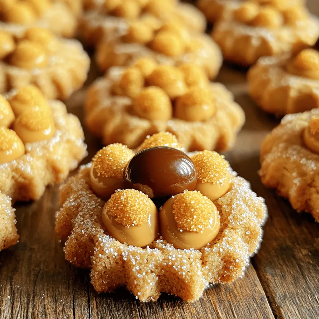 - 1 cup creamy peanut butter - 1 cup granulated sugar - 1 cup brown sugar, packed Peanut Butter Blossom Cookies need creamy peanut butter. This gives them that rich, nutty flavor. The sugars add sweetness and create a nice texture. You can use natural or processed peanut butter, but creamy is best for this recipe. - 2 large eggs - 2 teaspoons vanilla extract - 2 cups all-purpose flour You will need two large eggs. They help bind the dough together. Vanilla extract adds a lovely aroma and taste. All-purpose flour gives the cookies structure and makes them soft. - 1 teaspoon baking soda - ½ teaspoon salt - 36 Hershey's Kisses, unwrapped - Granulated sugar for rolling Baking soda helps the cookies rise. Salt balances the sweetness. You will top each cookie with a Hershey's Kiss. This is what makes them special! Lastly, roll the dough balls in granulated sugar for a sweet crust. 1. Preheat your oven to 350°F (175°C). Line two baking sheets with parchment paper. 2. In a large bowl, mix 1 cup of creamy peanut butter, 1 cup of granulated sugar, and 1 cup of brown sugar. Stir until the mix is smooth and well combined. 3. Add 2 large eggs, one at a time. Then, pour in 2 teaspoons of vanilla extract. Mix until everything is fully blended. 4. In another bowl, whisk 2 cups of all-purpose flour, 1 teaspoon of baking soda, and ½ teaspoon of salt. Gradually add this dry mix to the peanut butter mix. Stir until just combined. 5. Scoop tablespoons of dough and roll them into balls. Coat each ball in granulated sugar. 6. Place the sugar-coated balls on your baking sheets, spacing them about 2 inches apart. 7. Bake for 10-12 minutes, until the cookies are lightly golden on the edges. 8. Remove the cookies from the oven. Quickly press a Hershey's Kiss into the center of each cookie. 9. Let the cookies cool on the baking sheets for 5 minutes. After that, transfer them to a wire rack to cool completely. - Space the cookies 2 inches apart on the baking sheet. This helps them bake evenly. If they are too close, they might merge together. - Check the cookies at 10 minutes. They should be lightly golden at the edges. If they look too soft, give them a minute or two more. - Use creamy peanut butter. It gives the cookies a smooth, rich texture. Chunky peanut butter can make the cookies crumbly. - Adjust the sugar if you want a sweeter or less sweet cookie. You can add a bit more granulated or brown sugar to taste. - Let the cookies cool on the sheet for 5 minutes. This helps them set before moving. - Store cookies in an airtight container. This keeps them soft and fresh for longer. {{image_2}} You can switch things up by using chocolate peanut butter instead of creamy peanut butter. This change gives the cookies a rich, chocolatey twist. You can also add chocolate chips to the dough. Just toss in about a cup of chips when mixing the dry ingredients. This step makes the cookies even more decadent. If you need a nut-free cookie, sun butter or soy nut butter works well. Both options give a similar taste and texture. When using these spreads, you might want to lower the sugar a bit. This adjustment helps balance the sweetness and keeps the cookies delicious. You can make these cookies fit the season! For fall, try adding a pinch of cinnamon or nutmeg for warm flavors. Another fun idea is to swap Hershey's Kisses for seasonal candies. Think pumpkin spice or peppermint kisses for a festive touch! These changes keep your baking exciting and fresh. To keep your Peanut Butter Blossom Cookies fresh, follow these tips: - Cool cookies completely before storing. - Use an airtight container to seal in moisture. - Layer cookies with parchment paper to prevent sticking. I recommend clear plastic containers or glass jars. They show off your cookies and keep them fresh. Freezing cookies is a great way to enjoy them later. Here’s how: - Wrap each cookie in plastic wrap or foil. - Place wrapped cookies in a freezer bag. Remove as much air as possible. When you're ready to eat them, thaw cookies at room temperature. This keeps their texture soft and chewy. Peanut Butter Blossom Cookies last about a week at room temperature. To keep them longer: - Store in a cool, dry place. - Use the freezer option for up to three months. These tips help ensure you enjoy these treats whenever you crave them! Peanut Butter Blossom Cookies are soft and chewy treats. They combine peanut butter with a sweet, sugary dough. Each cookie has a chocolate kiss on top. This adds a nice contrast to the peanut butter flavor. The cookies are golden brown with a crinkly surface. These cookies are perfect for any occasion. They are fun to make and even better to eat. Peanut Butter Blossom Cookies stay fresh for about one week. Store them in an airtight container to keep them soft. If you live in a humid area, they may last less time. You can freeze the cookies for up to three months. Just make sure to wrap them well. Thaw them at room temperature when you are ready to enjoy them. Yes, you can make gluten-free Peanut Butter Blossom Cookies! Use a gluten-free flour blend instead of all-purpose flour. Look for blends that work well in baking. You may need to adjust the amount slightly. This change will help keep the cookie texture nice. Enjoy your gluten-free version just as much! To sum up, making Peanut Butter Blossom Cookies is simple and fun. You need key ingredients like peanut butter, sugar, and eggs. Follow the easy steps to mix, shape, and bake. Remember to let them cool before enjoying. These cookies are tasty and perfect for sharing. You can also try fun variations and storage tips to keep them fresh. Baking is an adventure, so have fun with it! Enjoy every bite of your sweet creations.