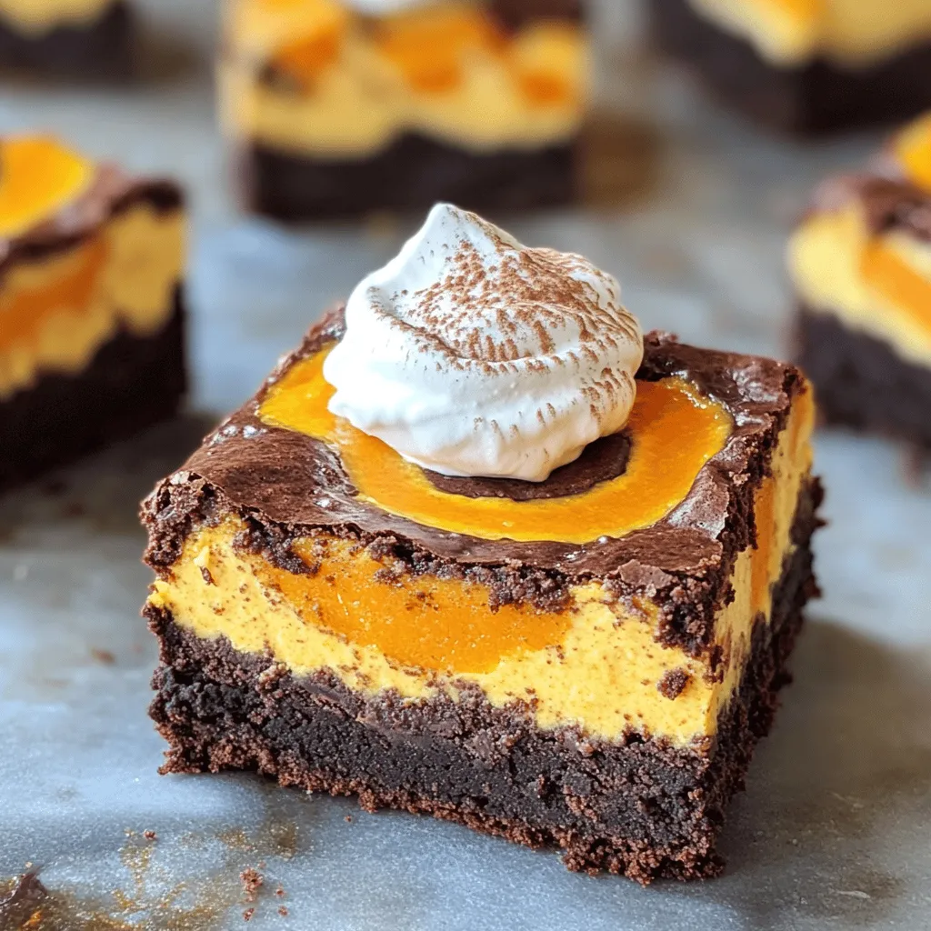 To make the brownie layer, gather these items: - 1 cup unsalted butter, melted - 1 cup granulated sugar - 1 cup brown sugar, packed - 4 large eggs - 1 teaspoon vanilla extract - 1 cup all-purpose flour - 1/2 cup unsweetened cocoa powder - 1/4 teaspoon salt These ingredients create a rich, fudgy base. The mix of sugars gives it a sweet depth. Melted butter keeps the brownies moist and soft. Next, for the pumpkin cheesecake layer, you will need: - 8 oz cream cheese, softened - 1/2 cup canned pumpkin puree - 1/2 cup granulated sugar - 1 teaspoon vanilla extract - 2 large eggs - 1 teaspoon pumpkin pie spice This layer adds a creamy, spiced flavor. The cream cheese provides a smooth texture, while pumpkin brings warmth and fall vibes. If you want to change things up, here are some ideas: - Use coconut oil instead of butter for a dairy-free option. - Swap granulated sugar for coconut sugar for a more natural sweetener. - Add chocolate chips to the brownie layer for extra chocolatey goodness. - Use Greek yogurt in place of cream cheese for a lighter cheesecake. These swaps can help meet different dietary needs. Experiment to find your favorite mix! Start by preheating your oven to 350°F (175°C). This helps bake the bars evenly. Grease a 9x13 inch baking pan. Line it with parchment paper. Leave some paper hanging over the edges. This makes removal easy later. In a large mixing bowl, combine 1 cup of melted unsalted butter, 1 cup of granulated sugar, and 1 cup of packed brown sugar. Mix well until it’s smooth. Add 4 large eggs one at a time. Then, mix in 1 teaspoon of vanilla extract. In another bowl, whisk together 1 cup of all-purpose flour, 1/2 cup of unsweetened cocoa powder, and 1/4 teaspoon of salt. Gradually add these dry ingredients to the wet mixture. Stir until just combined to keep it fudgy. In a separate bowl, beat 8 oz of softened cream cheese until it’s smooth. Add 1/2 cup of canned pumpkin puree, 1/2 cup of granulated sugar, and 1 teaspoon of vanilla extract. Mix until creamy. Then, add 2 large eggs one at a time. After mixing well, sprinkle in 1 teaspoon of pumpkin pie spice. Stir until fully combined, creating a rich layer. Pour half of the brownie batter into the prepared pan. Spread it evenly across the bottom. Next, spoon dollops of the pumpkin cheesecake mixture over the brownie layer. Cover as much as possible. Pour the rest of the brownie batter over the top, then add more dollops of the pumpkin cheesecake layer on top. To create a beautiful swirl, take a knife or a toothpick. Gently swirl the two layers together. Be careful not to overmix. You want to keep distinct layers for a nice look. Place the pan in the preheated oven. Bake for 35-40 minutes. Check for doneness by inserting a toothpick into the center. It should come out mostly clean. A few moist crumbs are okay. Once done, remove the pan from the oven. Let it cool on a wire rack. When completely cool, lift the bars out using the parchment overhang. Cut into squares or bars for serving. Enjoy the rich flavors! To get that perfect swirl, do not overmix. After layering the brownie and pumpkin cheesecake mixes, use a knife or toothpick. Gently swirl through the layers in a figure-eight motion. This creates a pretty marbled look. Make sure you keep some distinct layers. Too much mixing makes everything one color. To check for doneness, look for a toothpick test. Insert a toothpick into the center of your bars. It should come out mostly clean, with a few moist crumbs. If it comes out wet, bake for a few more minutes. Every oven is different, so keep an eye on it. For eye-catching presentation, serve the bars warm. Add a dollop of whipped cream on top. A sprinkle of cinnamon or a drizzle of caramel sauce makes it fancy. Cut the bars into neat squares for a clean look. You can also place them on a colorful plate for extra appeal. {{image_2}} You can add nuts or chocolate chips for extra crunch and flavor. Chopped walnuts or pecans work great. Fold in about 1 cup of your chosen nuts into the brownie batter. If you love chocolate, mix in 1 cup of chocolate chips instead. This will make each bite even more delightful. Get creative with flavors! You can swap out pumpkin puree for sweet potato puree for a different taste. Or, try adding a teaspoon of almond extract for a nutty twist. You can also mix in some orange zest for a bright and fresh flavor. These small changes can make a big difference. You can easily make these bars gluten-free. Simply use a gluten-free all-purpose flour blend in place of regular flour. Make sure your cocoa powder is gluten-free too. This way, everyone can enjoy these tasty bars without worry. To keep your pumpkin cheesecake brownie swirl bars fresh, store them in an airtight container. You can keep them at room temperature for up to three days. If you want to keep them longer, refrigeration works well. Just make sure to wrap them tightly in plastic wrap or foil. You can freeze these bars for up to three months. First, let the bars cool completely. Then, wrap each bar in plastic wrap. After that, place them in a freezer-safe bag or container. Label the bag with the date so you can track how long they've been frozen. When you're ready to enjoy them, just take out the bars and let them thaw in the fridge overnight. If you prefer warm bars, reheating is simple. Place the bars in the microwave for about 10-15 seconds. Check to see if they are warm enough. If not, heat them for a few more seconds. You can also reheat them in the oven. Preheat your oven to 350°F (175°C) and warm the bars for about 5-10 minutes. Enjoy your tasty treat warm, perhaps with a dollop of whipped cream! Yes, you can make these bars a day or two ahead. Just let them cool completely. Store them in an airtight container in the fridge. This helps the flavors blend and taste even better! The bars are done when a toothpick comes out mostly clean. It’s okay if a few moist crumbs stick to the toothpick. This means the bars are still soft and fudgy inside. I don't recommend using pumpkin pie filling. It has spices and sugar added, which can change the taste. Stick with plain pumpkin puree for the best flavor and texture. These bars are great on their own! For extra flair, serve with whipped cream or a drizzle of caramel. You can also sprinkle cinnamon on top for a warm touch. Enjoy them with a cup of coffee or tea! You now know how to make delicious Pumpkin Cheesecake Brownie Swirl Bars. We explored the key ingredients, detailed steps, useful tips, and fun variations. You can create an impressive dessert that suits any event. Remember to store them right or freeze for later. Follow these tips for perfect results every time. Enjoy this treat as a crowd-pleaser, and let your creativity shine! Happy baking!