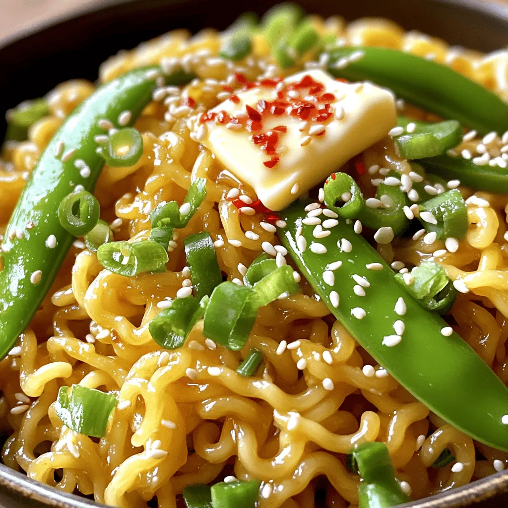 For this tasty dish, gather these items: - 2 packs of instant ramen noodles (discard seasoning packets) - 4 tablespoons unsalted butter - 6 cloves garlic, minced - 1 tablespoon red chili flakes (adjust to taste) - 2 tablespoons soy sauce - 1 tablespoon sesame oil - 2 green onions, thinly sliced - 1 cup snap peas (or your favorite vegetables) - Salt and pepper to taste - Sesame seeds for garnish (optional) You can make your dish even better with these garnishes: - Extra sliced green onions - A sprinkle of sesame seeds - A drizzle of chili oil for more heat Feel free to add your favorite veggies. Here are some ideas: - Bell peppers for a sweet crunch - Carrots for a nice color and taste - Broccoli for added health benefits - Bok choy for a crisp texture - Spinach for a boost of nutrients These choices can make your meal colorful and tasty! Each veggie brings its own flavor and nutrients, making your ramen even better. Start by filling a large pot with water. Bring the water to a rolling boil. Once it's bubbling, add 2 packs of instant ramen noodles. You can toss the seasoning packets; we won’t need them. Cook the noodles for about 3-4 minutes. Stir them gently to stop them from sticking. When they are done, drain the noodles and set them aside. Next, take the same pot and turn the heat to medium. Add 4 tablespoons of unsalted butter. Let it melt slowly. Once melted, add 6 cloves of minced garlic. Stir it for 1-2 minutes until you smell the garlic. Be careful! We don't want it to burn. Now, it's time to spice things up. Stir in 1 tablespoon of red chili flakes. Let them mix with the butter for about 30 seconds. Then, add the drained noodles back into the pot. Toss them well to coat with the garlic butter. Pour in 2 tablespoons of soy sauce and 1 tablespoon of sesame oil. Add 1 cup of snap peas and 2 sliced green onions. Stir everything together for 2-3 minutes. You want the snap peas bright and tender. Taste the noodles and adjust with salt and pepper. If you like more heat, sprinkle in extra chili flakes. Serve your spicy garlic butter ramen with sesame seeds if you wish! To cook the noodles just right, boil water in a large pot. Add the ramen noodles and cook them for 3-4 minutes. Check the package for exact times. Drain the noodles well and set them aside. This keeps them from getting too soggy. Use a little oil to keep them separate if needed. You can make these noodles even better. Try adding proteins like chicken or tofu. They add heartiness and flavor. You can also toss in extra veggies, like bell peppers or broccoli. They give more color and crunch. For a unique twist, add a splash of lime juice or a pinch of ginger. These small changes can make a big impact. If you like heat, feel free to add more chili flakes. Start with the one tablespoon in the recipe. Taste it and see how spicy it is. You can always add more! If it’s too spicy, balance it with extra butter or a bit of sugar. This helps tone down the heat and keeps the dish rich and tasty. {{image_2}} You can boost your ramen with proteins. Chicken works great. Cook it in the garlic butter before adding noodles. Grilled or rotisserie chicken fits well. For a plant-based option, use tofu. Press and cube the tofu, then sauté it until golden. Mix it in with the noodles for a filling meal. To make this dish vegetarian, simply skip the chicken or meat. Use vegetable broth instead of water for boiling noodles. For a vegan option, swap butter for vegan butter or olive oil. Check the soy sauce for hidden animal products, and use a vegan brand. This keeps the dish flavorful and plant-based. You can change the flavor of your ramen easily. Add miso paste while cooking the garlic butter for a deep, savory taste. If you prefer a curry twist, mix in curry powder along with the chili flakes. This gives your noodles a warm, spicy kick. Experiment with these flavor profiles to find your favorite! You can store Spicy Garlic Butter Ramen Noodles in the fridge. Place them in an airtight container. They stay fresh for up to three days. Make sure they cool down before sealing. If you want to save them longer, freezing is a great option. Place the noodles in a freezer-safe bag. Remove as much air as possible to prevent freezer burn. They can last up to one month frozen. However, the texture may change slightly after thawing. To reheat, use a skillet for the best results. Add a splash of water or broth to keep them moist. Heat on medium until warm. You can also use a microwave. Place them in a bowl, cover, and heat for 1-2 minutes. Stir halfway through for even heating. Adjust seasoning if needed, and enjoy! Yes, you can use other noodles. Try udon, soba, or even whole wheat. Each type adds a unique flavor and texture. Just cook them according to the package. Drain and follow the rest of the recipe as usual. To reduce the spice, cut back on the red chili flakes. Start with half a tablespoon. You can also add a little sugar or honey to balance the heat. Creamy ingredients like sour cream or yogurt can help too! You have many options for veggies! Consider bell peppers, carrots, or baby corn. Broccoli and bok choy are great choices too. Just chop them small, so they cook quickly. You can mix and match based on your taste. Leftovers stay good for about three days in the fridge. Store them in an airtight container. Reheat in the microwave or on the stove. Add a splash of water to keep them moist. This article covered key parts of making a tasty noodle dish. We explored essential ingredients, cooking steps, and clever tips for the best flavor. You saw how to tweak the recipe with proteins or veggies, plus storage advice for leftovers. Remember, cooking should be fun and creative. Use this guide to make your dish your own. Enjoy cooking and happy eating!