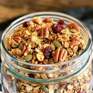 To make Maple Pecan Granola, you will need these key ingredients: - 2 cups rolled oats - 1 cup pecans, chopped - 1/2 cup sunflower seeds - 1/4 cup pumpkin seeds - 1/2 cup dried cranberries or raisins - 1/2 cup maple syrup - 1/4 cup coconut oil, melted - 1 teaspoon vanilla extract - 1 teaspoon ground cinnamon - 1/2 teaspoon salt These ingredients work together to create a tasty and crunchy snack. The oats form the base while the nuts add a nice crunch. Maple syrup brings sweetness, and the spices add warmth. You can change the recipe to fit your taste. Here are some optional ingredients you might try: - Other nuts, like almonds or walnuts - Different seeds, such as chia or flaxseeds - Sweeteners like honey or agave syrup - Dried fruits like apricots or figs Feel free to mix and match these options. This way, your granola will be unique and fun! Understanding the nutrition in this granola helps you make good choices. Here’s a basic breakdown for one serving, which is about 1/2 cup: - Calories: Approximately 200 - Protein: 5 grams - Fat: 10 grams - Carbohydrates: 28 grams - Fiber: 4 grams - Sugar: 6 grams This granola is packed with healthy fats from the nuts and seeds. It also offers fiber from the oats and dried fruits. Enjoy this snack without the guilt! First, gather your ingredients. You need rolled oats, chopped pecans, sunflower seeds, pumpkin seeds, dried cranberries or raisins, maple syrup, melted coconut oil, vanilla extract, ground cinnamon, and salt. 1. Preheat your oven to 350°F (175°C). This step is key for crispiness. 2. Line a baking sheet with parchment paper. This helps with easy cleanup later. 3. In a large bowl, mix the rolled oats, chopped pecans, sunflower seeds, pumpkin seeds, ground cinnamon, and salt. Stir until it’s well combined. Now it’s time to bake. 1. In a separate bowl, whisk together the maple syrup, melted coconut oil, and vanilla extract. Mix until it is smooth. 2. Pour this wet mixture over your dry ingredients. Stir until everything is coated well. 3. Spread the mixture evenly onto the prepared baking sheet. 4. Bake for 20-25 minutes. Stir halfway to ensure it browns evenly. Watch it closely at the end to avoid burning. For crunchy clusters, follow these tips: - Do not stir too much while baking. Let it sit undisturbed for the best clusters. - Cool the granola completely on the baking sheet. This helps it harden. - Once cooled, mix in the dried cranberries or raisins and break it into clusters. With these steps, you’ll create a tasty Maple Pecan Granola that’s perfect for snacking or breakfast! To keep your Maple Pecan Granola fresh, use an airtight container. Glass jars work well for this. Store it in a cool, dry place. This will help maintain its crunch. If you need to store it for longer, you can freeze it. Just make sure to use a freezer-safe container. When you're ready to eat it, let it thaw at room temperature. Choosing the right ingredients makes a big difference. Always pick rolled oats that are whole and natural. Look for pecans that are fresh and not stale. Check the labels on seeds too. They should have no added salt or sugar. For the maple syrup, go for pure syrup, not the imitation kind. It has a richer flavor. If possible, buy organic ingredients to boost nutrition. Maple Pecan Granola is great in many ways. Serve it with yogurt and fresh fruit for breakfast. It also makes a tasty topping for smoothie bowls. You can add a handful to your oatmeal for extra crunch. If you have kids, mix it into their cereal. It’s also a great snack on its own. Just grab a handful when you feel hungry. {{image_2}} You can mix it up with different nuts and seeds. I love using almonds or walnuts instead of pecans. Both add a nice crunch. Try cashews for a creamy twist. You can also switch sunflower seeds with chia or flax seeds. These seeds pack a nutrient punch, making your snack even better. Maple syrup is sweet, but you can try other sweeteners too. Honey or agave syrup works well if you want a change. For a lower-glycemic option, use coconut sugar. It has a rich flavor and is a great choice. Just keep the sweetener amount the same to keep it balanced. Spices can transform your granola. Besides cinnamon, try nutmeg or ginger for warmth. You can also add a hint of cocoa powder for a chocolatey taste. If you like it sweet, vanilla extract adds a lovely aroma. Mix and match to find your favorite flavor combo. The options are endless! To keep your maple pecan granola fresh, choose the right container. I recommend using an airtight glass jar. Glass jars help keep out air and moisture. You can also use plastic containers with tight lids. Avoid using paper or cardboard, as they can let air in. Your granola lasts about two weeks at room temperature. For longer storage, freeze it. Place cooled granola in a freezer-safe bag. Squeeze out as much air as you can. It can stay fresh for up to three months in the freezer. When you want to eat it, just thaw it at room temperature. Check your granola for changes. If you see mold, throw it away. If it smells off or tastes stale, it's time to discard it. Fresh granola should smell sweet and nutty. Always trust your senses to ensure safety. Yes, you can. Use other oils like canola or olive oil. Butter also works! The oil helps the granola crisp up. Without it, your granola may be less crunchy. Just keep this in mind when you mix. To make clumps, use more sweetener. Extra maple syrup makes everything stick better. You can also bake it longer, but watch closely. Stir only a bit during baking. This keeps the granola together. Let it cool completely before breaking it apart. You can find it at grocery stores or health food shops. Look for brands that focus on natural ingredients. Online stores also sell it. Check the labels to find the best options for your needs. You learned about making delicious Maple Pecan Granola today. We discussed the key ingredients, step-by-step instructions, and tips for perfect clusters. Customizations let you choose different nuts and add natural sweeteners. Storing your granola will keep it fresh longer. Now, it’s time to enjoy your tasty creations. Experiment with flavors and share your granola with others. Happy cooking!