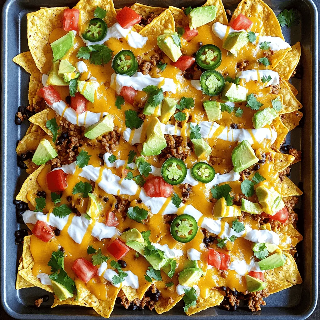 To make loaded nachos, gather the following items: - 1 large bag of tortilla chips - 1 can (15 oz) black beans, rinsed and drained - 1 cup cooked ground turkey or beef - 1 cup shredded cheddar cheese - 1 cup shredded Monterey Jack cheese - 1 medium jalapeño, sliced - 1 medium tomato, diced - 1 green onion, sliced - 1 avocado, diced - 1 cup sour cream or Greek yogurt - 1 tablespoon fresh cilantro, chopped - 1 teaspoon taco seasoning (optional) These ingredients create a tasty and colorful dish. The tortilla chips serve as a sturdy base. Black beans add protein and fiber. Ground turkey or beef gives a hearty touch. The cheeses melt beautifully, creating that gooey goodness we love. Fresh toppings like jalapeño, tomato, and avocado add crunch and flavor. Sour cream or Greek yogurt adds creaminess. Finally, cilantro brightens it all up. Feel free to adjust the toppings to match your taste. Want it spicy? Add more jalapeños. Prefer a milder flavor? Skip the heat. You can personalize this dish easily! - Preheat your oven to 400°F (200°C). This hot oven will melt the cheese perfectly. - Prepare your baking sheet by lining it with parchment paper. This makes cleanup easy. - Spread out a large bag of tortilla chips evenly on the baking sheet. Make sure they cover the sheet but don’t pile too high. - Distribute one cup of cooked ground turkey or beef over the chips. This adds protein and flavor. - Scatter one can of rinsed and drained black beans evenly on top. Beans add texture and taste. - Sprinkle one cup each of shredded cheddar and Monterey Jack cheese over the nachos. This will create a gooey, cheesy layer. - Place sliced jalapeños and diced tomatoes on top of the cheese. This adds freshness and a nice kick. - Put the sheet pan in the preheated oven. Bake for 10 to 12 minutes. Watch for the cheese to melt and bubble. - Check for doneness by looking for melted cheese and golden edges. When ready, remove the pan from the oven and let it cool for a few minutes. To avoid sogginess, use a large baking sheet. Spread the tortilla chips in a single layer. Don’t pile them too high; this keeps them crispy. When layering, start with chips, then add meat and beans. Finish with cheese and fresh toppings. This method ensures each bite has flavor. You can switch proteins based on your taste. Try shredded chicken or even pulled pork. Want more heat? Add extra jalapeños or spicy sausage. Adjust spice levels by using mild or hot taco seasoning. This lets you control the flavor and heat. Pair your nachos with dips like guacamole or salsa. They add freshness and flavor. For garnishing, consider diced avocado and chopped cilantro. These toppings not only taste great but also look nice. Serve your nachos hot and fresh for the best experience. {{image_2}} For a meat-free option, try using black beans or lentils. Both add great protein and fiber. Rinse and drain the black beans before adding them to your nachos. If you choose lentils, cook them first and season them with taco spices. This gives your nachos a hearty base without meat. You can also add extra veggies like bell peppers or corn for more flavor. If you love heat, add hot sauces or spicy jalapeños. Slice fresh jalapeños and scatter them over the cheese before baking. You can also drizzle some hot sauce over the top after baking for an extra kick. Use your favorite hot sauce to match your spice level. This variation is perfect for those who crave a fiery snack! For a fun twist, try adding fruits like pineapple or mango. Diced pineapple adds a sweet and tangy flavor that pairs well with cheese. If using mango, ensure it’s ripe for the best taste. Add these fruits after baking for freshness. This variation surprises your taste buds and makes nachos unique and delicious! To keep your loaded nacho sheet pan fresh, let it cool first. Then, transfer leftovers to an airtight container. Store them in the fridge for up to three days. This helps maintain flavor and texture. If you stack nachos, they may get soggy. So, keep toppings separate when possible. The best way to reheat nachos is in the oven. Preheat your oven to 350°F (175°C). Spread the nachos on a baking sheet. Heat for about 10 minutes until the cheese melts again. You can also use a microwave, but the texture may change. If you use a microwave, heat in short bursts to avoid sogginess. Can you freeze loaded nachos? Yes, but it's not ideal. Freezing can change the texture of chips and toppings. If you still want to freeze them, layer them in a freezer-safe container. Freeze for up to one month. When ready to eat, thaw in the fridge overnight before reheating. Yes, you can prepare some parts ahead of time. Cook the meat and beans first. You can also chop the fresh toppings like jalapeños, tomatoes, and green onions. Store these in the fridge. When you're ready to eat, just layer everything and bake. This makes it quick and easy! For loaded nachos, I recommend cheddar and Monterey Jack cheese. Cheddar gives a sharp and tangy flavor. Monterey Jack melts well and adds creaminess. You can mix them for a great taste. Feel free to experiment with pepper jack for some heat! To keep nachos tidy, layer them wisely. Start with a base of chips. Add meat and beans evenly. Top with cheese and then veggies. This way, each bite holds together. You can also use a large spoon to serve. This helps avoid spills. Yes, sweet potato chips are a tasty alternative. They add a sweet and earthy flavor. This makes your nachos unique and healthy. Just be cautious, as they can break easier than regular tortilla chips. Enjoy the different taste! This article covered everything you need to make perfect loaded nachos. We discussed required ingredients, step-by-step instructions, tips, variations, and storage info. You can create a delicious dish that suits any taste. Whether you like spicy or sweet, nachos can fit your mood. Remember to layer your toppings well for the best flavor. Now, gather your ingredients and start experimenting with your nacho creations. Enjoy the tasty journey!