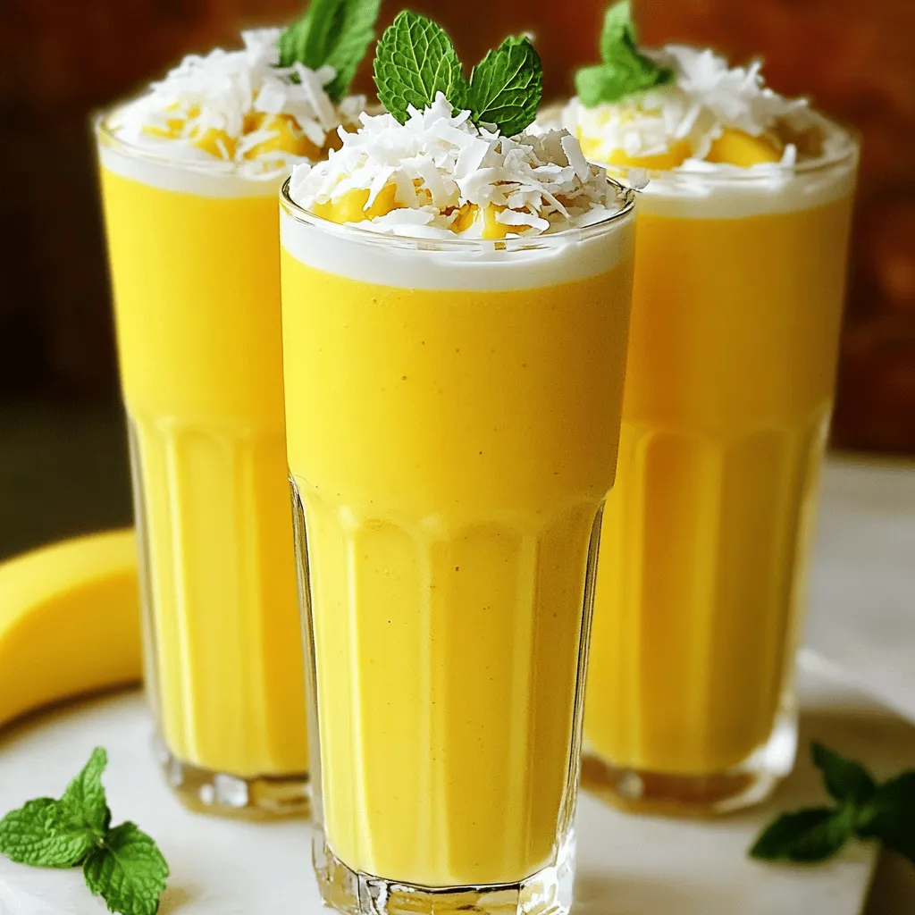 To make a delicious pineapple coconut smoothie, gather these fresh ingredients: - 1 cup fresh pineapple chunks - 1/2 cup coconut milk (canned or refrigerated) - 1 ripe banana - 1/2 cup Greek yogurt (optional for creaminess) - 1 tablespoon honey or agave syrup (adjust based on sweetness preference) - 1/2 cup ice cubes - 1 tablespoon shredded coconut (for garnish) - Fresh mint leaves (for garnish, optional) These ingredients will create a rich and creamy drink. Fresh pineapple gives a sweet and tangy taste. Coconut milk adds a smooth and tropical flavor. The ripe banana brings natural sweetness and creaminess. Greek yogurt is optional but adds a protein boost. Honey or agave syrup lets you control the sweetness. Ice cubes make the drink extra refreshing on hot days. Finally, shredded coconut and mint leaves add a nice touch for presentation. Using fresh and high-quality ingredients will elevate your smoothie. You can find fresh pineapple in the produce section. Look for ripe bananas that are yellow with some brown spots. Choose coconut milk that fits your taste, whether canned or refrigerated. Make sure to have all these items ready before you start blending. - First, combine 1 cup fresh pineapple chunks, 1/2 cup coconut milk, 1 ripe banana, and 1/2 cup Greek yogurt in a blender. - Next, add 1 tablespoon honey or agave syrup to adjust sweetness. - Then, add 1/2 cup ice cubes for a cool touch. - Blend all ingredients on high until the mixture is smooth and creamy. - Taste the smoothie and add more sweetness if needed. Blend again briefly to mix. - Pour the smoothie into tall glasses, filling them to the brim. - Sprinkle 1 tablespoon shredded coconut on top for a fun garnish. - If you like, add fresh mint leaves for a pop of color and extra freshness. To get the perfect smoothie thickness, you can adjust the yogurt. If you want it creamier, add more Greek yogurt. For a thicker texture, use frozen pineapple chunks. They add chill and blend well, making your smoothie rich and creamy. Taste your smoothie after blending. This helps you decide how sweet it is. If it needs more sweetness, add honey or agave syrup. Start with a little, then add more if needed. You can also try natural sweeteners like maple syrup or ripe bananas. Each will give your smoothie a unique flavor twist! {{image_2}} You can change the taste by swapping fruits. Mango or papaya work well in this smoothie. They add sweetness and creaminess. If you want more nutrients, try adding spinach or kale. They blend in easily and keep the taste fresh. If you prefer a dairy-free smoothie, you can use non-dairy yogurt. Almond or coconut yogurt is a great choice. For a creamier texture, substitute coconut cream for Greek yogurt. This adds richness without any dairy. Enjoy creating new flavors! If you have leftover smoothie, store it in the fridge. Use a sealed container to keep it fresh. It lasts about one day in the fridge. If you want to save it for later, freezing is a great option. Pour the smoothie into ice cube trays or freezer bags. This way, you can use smaller portions later. When ready to drink, blend the frozen cubes with a little water or milk for a quick treat. Fresh ingredients are key for a tasty smoothie. Pineapple chunks last about three to five days in the fridge. Coconut milk lasts about a week once opened. Bananas can be kept at room temperature for a few days. Keep an eye on your ingredients. If your smoothie has a strange smell or odd color, it’s best to toss it. Always trust your senses when it comes to freshness. To make your smoothie thicker, try adding Greek yogurt. It adds creaminess and protein. You can also use frozen pineapple chunks instead of fresh. This helps create a thicker texture. Another option is to add a bit more banana. Bananas naturally thicken smoothies and add a sweet flavor. If you need a substitute for coconut milk, try almond milk or soy milk. Both are dairy-free and have a mild taste. You can also use regular cow's milk if you prefer. For a richer flavor, use coconut cream. Coconut cream is thicker and packs a punch of coconut taste. You can store a smoothie in the fridge for about 24 hours. Use an airtight container to keep it fresh. If you want to keep it longer, freeze it. Smoothies can last up to three months in the freezer. Just remember to thaw it in the fridge before drinking. This post covered making a delicious smoothie with fresh ingredients. You learned about essential items like pineapple, coconut milk, and banana. I shared steps for blending and serving. Tips helped with consistency and sweetness. Variations let you explore new flavors. Lastly, I provided storage advice for your smoothie. Now you can enjoy a healthy drink that suits your taste. Try different fruits and enjoy!
