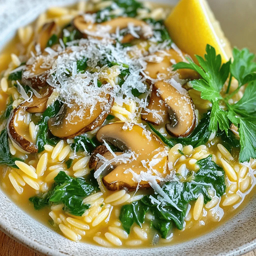 - 1 cup orzo pasta - 1 tablespoon olive oil - 1 small onion, finely chopped - 2 cloves garlic, minced - 8 ounces mushrooms, sliced (button or cremini) - 4 cups vegetable broth - 2 cups fresh spinach, chopped - 1/2 cup Parmesan cheese, grated (or nutritional yeast for a vegan option) - Salt and pepper to taste - 1 teaspoon dried thyme - Zest of 1 lemon - Fresh parsley, chopped (for garnish) You can swap orzo for rice or quinoa if you like. For oil, you can use butter or a plant-based alternative. If you don’t have mushrooms, try diced zucchini or bell peppers instead. For a vegan option, use nutritional yeast in place of Parmesan. Instead of spinach, you can use kale or Swiss chard. Each serving contains about: - Calories: 320 - Protein: 10g - Fat: 10g - Carbohydrates: 48g - Fiber: 3g - Sugar: 2g This dish is filling and provides a good amount of nutrients, especially with the veggies. It’s a balanced meal, perfect for lunch or dinner. 1. Start by heating the vegetable broth in a medium saucepan over low heat. Keep it warm while you work on the risotto. 2. In a large skillet, pour in the olive oil and heat it on medium. Add the chopped onion and cook until it turns translucent, which takes about 3-4 minutes. 3. Next, stir in the minced garlic and sliced mushrooms. Cook these together for 5-7 minutes until the mushrooms become browned and tender. 4. After that, add the orzo to the skillet. Stir well to mix everything and toast the orzo for 1-2 minutes. 5. Gradually pour in the warm vegetable broth, one ladleful at a time. Stir frequently, letting the orzo soak up the broth before adding more. This process takes about 15 minutes. 6. Once the orzo is al dente and creamy, add the chopped spinach, grated Parmesan cheese (or nutritional yeast), dried thyme, lemon zest, salt, and pepper. Mix until the spinach wilts and the cheese melts. 7. After mixing, taste and adjust the seasoning if needed. Add more salt and pepper to suit your taste. 8. Finally, remove the skillet from heat and let it sit for a couple of minutes. This will help the risotto thicken slightly before serving. To get that creamy texture, use warm broth. Cold broth can shock the orzo and stop the cooking process. Stir often, as this helps release the starch from the orzo. This adds to the creaminess. Don’t rush it; the gradual addition of broth makes a big difference. Keeping your broth warm is key. If the broth is cold, it cools down the cooking process. This can make your risotto gummy instead of creamy. A warm broth helps the orzo cook evenly and absorb flavors better. Always check that your broth is hot before adding it to the pan. When cooking mushroom spinach orzo risotto, avoid adding all the broth at once. This can make the orzo too mushy. Instead, add it slowly, one ladle at a time. Stir often to help the orzo absorb the flavors. Another mistake is overcooking the mushrooms. They should be browned but still tender, not rubbery. Lastly, don’t skip the lemon zest. It adds brightness to the dish. To make your risotto pop, use high-quality vegetable broth. Homemade broth is best, but store-bought works too. Always taste as you go. Adjust salt and pepper to balance the flavors. If you want to enhance the umami, try adding a splash of soy sauce or miso paste. Fresh herbs like parsley for garnish add a fragrant touch. The key to creamy risotto is patience. Stirring helps release the starch from the orzo, giving it a rich texture. If your risotto is too thick, add a bit more broth. If it's too thin, let it cook a little longer without stirring. The final dish should be creamy and slightly loose. Let it sit for a couple of minutes before serving to thicken up nicely. {{image_2}} You can change this risotto by adding different ingredients. Try adding peas for sweetness. They cook quickly and add color. You can also add cooked chicken or shrimp for more protein. These add-ins make the dish heartier and more filling. If you want a nutty flavor, toss in some toasted pine nuts. They add a nice crunch. To make this dish vegan, skip the cheese and use nutritional yeast. It gives a cheesy flavor without dairy. You can also add more vegetables like bell peppers or zucchini. Just chop them up and add with the mushrooms. This adds more nutrients and color. Always taste your dish to make sure the flavors mix well. Using seasonal ingredients can enhance your risotto. In spring, try adding asparagus or fresh peas. In fall, add pumpkin or butternut squash. These ingredients bring fresh flavors and colors. They also make the dish feel special each season. Using fresh, local produce can make your meal more eco-friendly, too. To keep your Mushroom Spinach Orzo Risotto fresh, store it in an airtight container. Let it cool for a bit before sealing. This helps prevent steam build-up. Place the container in the fridge. It will stay good for about 3 to 4 days. If you notice any off smells or changes in color, toss it out. Always be safe with your food. When you're ready to eat leftovers, you can use the stove or microwave. If using the stove, add a splash of broth or water to a skillet. Heat it over low heat, stirring often. This helps bring back the creamy texture. If using the microwave, place it in a bowl with a little liquid. Heat in short bursts, stirring in between. This keeps it from drying out. To freeze your risotto, first, let it cool completely. Then, scoop it into freezer-safe bags or containers. Remove as much air as possible to avoid freezer burn. Label your bags with the date. You can freeze it for up to 3 months. When you're ready to eat, thaw it in the fridge overnight. Reheat as mentioned above for best results. Enjoy your tasty meal any time! Yes, you can use other pasta shapes. Short pasta like penne or fusilli works well. However, orzo gives a creamy texture that is hard to beat. If you choose a different pasta, adjust the cooking time. You want your pasta to be tender but not mushy. To make this dish gluten-free, use gluten-free orzo. Many brands offer great gluten-free pasta. Always check the labels to ensure they are certified gluten-free. You can also use rice for a different twist. Just cook the rice separately and mix it in at the end. This orzo risotto pairs well with many dishes. Try serving it with grilled chicken or fish for protein. A fresh salad adds a nice crunch and lightness. You can also enjoy it on its own as a hearty meal. Don't forget a squeeze of lemon for brightness! This post covered the key steps to make creamy mushroom spinach orzo risotto. You learned about the ingredients, cooking directions, and tips to avoid common mistakes. We shared variations, including vegan options and seasonal ingredients. Proper storage and reheating techniques help you enjoy leftovers later. In conclusion, with practice and the right tips, you can master this dish. Enjoy customizing it to suit your tastes!