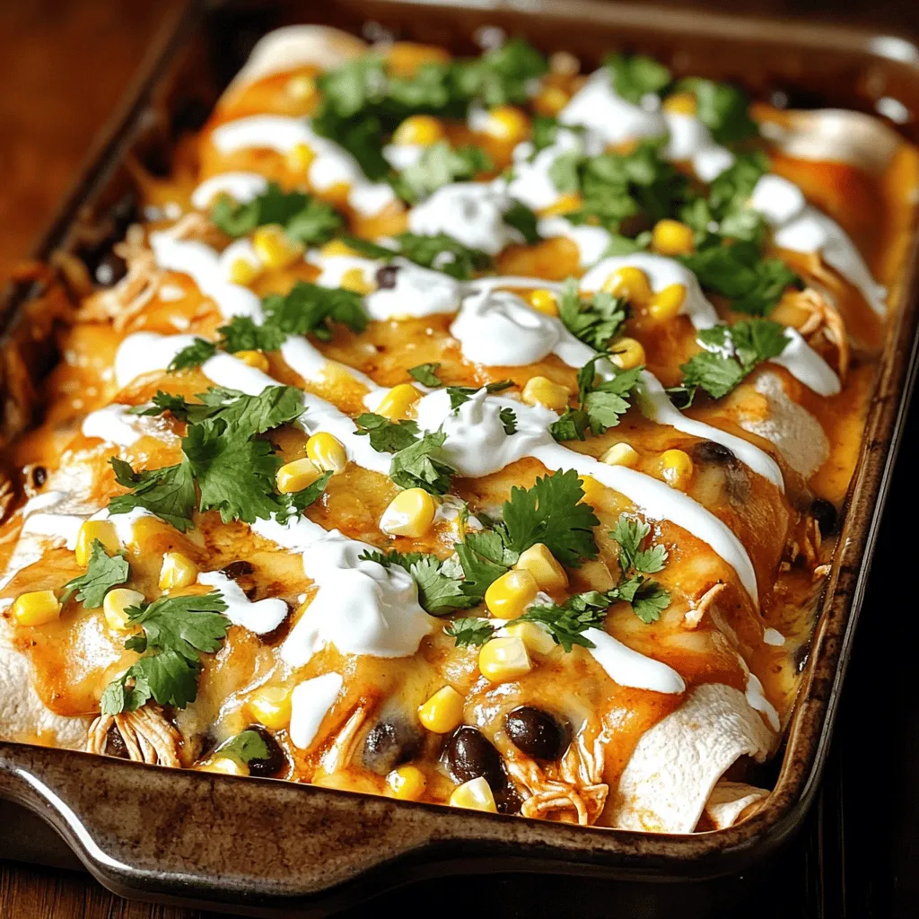 - 1 lb boneless, skinless chicken breasts - 1 can (10 oz) red enchilada sauce - 1 can (15 oz) black beans, drained and rinsed - 1 cup corn kernels (fresh, frozen, or canned) - 1 teaspoon cumin - 1 teaspoon chili powder - 1/2 teaspoon garlic powder - 8 corn tortillas - 2 cups shredded Monterey Jack cheese - 1 cup sour cream - 1/4 cup fresh cilantro, chopped (for garnish) - Salt and pepper, to taste These main ingredients create a rich and tasty base for your enchiladas. The chicken cooks down to be very tender, and the spices add great flavor. You can swap ingredients as you wish. - Use black-eyed peas instead of black beans. - Try cheddar cheese instead of Monterey Jack. - Add jalapeños for extra heat. I recommend using high-quality enchilada sauce. Look for brands with no added sugar or preservatives. You can also make your own sauce for a fresher taste. - Slow cooker - Baking dish - Mixing utensils - Measuring cups and spoons These tools help streamline the cooking process. A slow cooker is key for tender chicken, while a baking dish is perfect for melting the cheese. - Start by placing 1 lb of boneless, skinless chicken breasts in the slow cooker. - Sprinkle 1 teaspoon of cumin, 1 teaspoon of chili powder, 1/2 teaspoon of garlic powder, and salt and pepper over the chicken. - Pour 1 can (10 oz) of red enchilada sauce over the chicken. Make sure it covers the chicken well. - Add 1 can (15 oz) of black beans, drained and rinsed, and 1 cup of corn kernels into the cooker. Spread them evenly. - Cover the slow cooker and set it to low heat. Cook for 6-7 hours. The chicken should be tender and easy to shred. - After cooking, use a fork to shred the chicken right in the slow cooker. Mix it well with the other ingredients. - Preheat your oven to 350°F (175°C). - Warm 8 corn tortillas in the microwave for 30 seconds. This makes them soft and easy to roll. - Take a tortilla and place a scoop of the chicken mixture in the middle. Sprinkle on some shredded Monterey Jack cheese before rolling it tightly. - Place each rolled enchilada seam side down in a greased 9x13-inch baking dish. Keep rolling until you use all the mixture. - Pour any extra enchilada sauce over the top and sprinkle with the remaining cheese. - Bake for 20-25 minutes until the cheese is melted and bubbly. - Once done, let it cool a bit. Drizzle with 1 cup of sour cream and garnish with 1/4 cup of fresh cilantro. Enjoy the delicious taste of homemade cheesy chicken enchiladas! - Tips for tender chicken To get tender chicken, use boneless, skinless chicken breasts. Place them at the bottom of the slow cooker. Season with cumin, chili powder, garlic powder, salt, and pepper. Cover the chicken with enchilada sauce. Cook on low for 6-7 hours. This slow cooking makes the chicken soft and easy to shred. - Making enchiladas extra cheesy For extra cheesy enchiladas, use Monterey Jack cheese. Add some cheese inside each tortilla before rolling. After placing the rolled enchiladas in the baking dish, sprinkle more cheese on top. This gives you a cheesy, gooey finish. You can also mix in some cream cheese for added creaminess. - Best sides to pair with enchiladas Serve enchiladas with a fresh salad or Mexican rice. Black beans also make a great side. For some crunch, add tortilla chips with salsa. These sides balance the cheesy goodness of the enchiladas. - Creative serving ideas Try serving enchiladas on a bed of shredded lettuce. This adds color and freshness. You can also drizzle extra enchilada sauce on top for a nice touch. Garnish with fresh cilantro for a pop of flavor. - What to do if enchiladas are too dry If your enchiladas are dry, add extra sauce. Pour more enchilada sauce over the top before baking. You can also drizzle sour cream on top after baking to add moisture. - How to adapt the recipe for spiciness To make your enchiladas spicier, add more chili powder or diced jalapeños. You can also use spicy enchilada sauce instead of mild. This will give your dish a nice kick without overpowering the flavors. {{image_2}} You can change the beans in this recipe. Try pinto beans or kidney beans. Each type adds its own flavor. You can also use lentils for a twist. You can swap the chicken for beef or tofu. Ground beef works well and gives a nice taste. For a plant-based option, use firm tofu. Just crumble it before adding it to the slow cooker. Want more flavor? You can add spices like smoked paprika or cayenne. These spices give your enchiladas a kick. You can also use different sauces. For a creamy touch, try adding a bit of salsa verde. You can change this dish into a casserole. Layer the tortillas, chicken mix, and cheese in a baking dish. Bake it until bubbly and warm. This way, you get a different texture and taste. For gluten-free options, use corn tortillas. They are safe and tasty. Check the labels to make sure they are certified gluten-free. Looking for vegetarian alternatives? Use black beans and add extra veggies like bell peppers or zucchini. This keeps the recipe filling and flavorful while being meat-free. To keep your enchiladas fresh, store them in an airtight container. Refrigerate them right after they cool down. Leftovers stay good for up to three days. If you want to enjoy them longer, consider freezing. You can freeze enchiladas before or after baking. To freeze before baking, assemble the enchiladas. Then, wrap them tightly in plastic wrap and foil. Label them with the date. They can last up to three months. To freeze after baking, let them cool first. Then, follow the same wrapping steps. To reheat frozen enchiladas, thaw them in the fridge overnight. Bake them at 350°F for about 25-30 minutes. Make sure they are warmed all the way through. You can reheat enchiladas in the microwave or oven. The microwave is faster. Heat them for one to two minutes. Check if they are hot in the middle. For the best taste and texture, use the oven. Preheat it to 350°F. Bake for about 15 minutes. This helps keep the cheese melted and the tortillas soft. Can I make this recipe ahead of time? Yes, you can prepare the filling a day before. Just store it in the fridge. When ready, roll the enchiladas and bake them. Is it possible to cook it on high heat? Yes, you can cook on high heat. It will take about 3 to 4 hours. Just check the chicken for doneness. What's the best way to ensure the cheese melts perfectly? To ensure great melting, use freshly shredded cheese. Pre-shredded cheese often has anti-caking agents that affect melting. Can I use a different type of cheese? Absolutely! You can try cheddar, pepper jack, or a blend. Each brings a unique flavor twist. What can I substitute for chicken? You can use shredded beef or turkey. For a veggie option, use mushrooms or jackfruit. Both will work nicely in this dish. Can I cook it without a slow cooker? Yes, you can make this in an oven. Just combine all ingredients in a baking dish, cover, and bake at 350°F for about 1 hour. How do I choose the right slow cooker for this recipe? Look for a slow cooker that holds at least 4 quarts. This size works well for the chicken and other ingredients. This blog post shared all you need for making delicious enchiladas. We covered main and optional ingredients, tools, and easy step-by-step instructions. You learned tips for perfecting your dish and ideas for serving it. We also explored variations and gave storage tips. These insights help you create tasty meals tailored to your needs and preferences. With this guide, you can confidently make enchiladas that impress your family and friends. Enjoy cooking, and let your creativity shine with this fun recipe!
