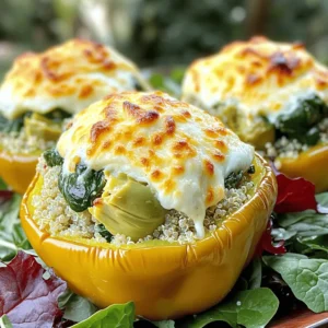 - 4 large bell peppers (any color) - 1 cup cooked quinoa - 1 cup fresh spinach, chopped - 1 cup canned artichoke hearts, drained and chopped - 1 cup cream cheese, softened - 1/2 cup Greek yogurt - 1 cup shredded mozzarella cheese - 1/2 cup grated Parmesan cheese - 2 cloves garlic, minced - 1 tablespoon lemon juice - Salt and pepper to taste - Olive oil for drizzling To make Spinach Artichoke Stuffed Peppers, gather all these tasty ingredients. The bell peppers serve as a colorful base. You can use any color you like. Cooked quinoa adds protein and texture. Fresh spinach brings a vibrant green hue. Artichoke hearts give a unique flavor. Cream cheese and Greek yogurt make the filling creamy. Next, mozzarella and Parmesan cheeses add richness and a cheesy top. Garlic adds a punch of flavor, while lemon juice brightens the mix. Season with salt and pepper to taste. A drizzle of olive oil helps the peppers bake nicely. - Baking dish - Mixing bowls - Spoon or spatula - Aluminum foil You will need a baking dish to hold the stuffed peppers. Mixing bowls help you combine the filling. A spoon or spatula makes mixing easy. Aluminum foil covers the dish while it bakes, keeping the peppers moist. With these tools, you’ll be ready to create a delicious meal that everyone will enjoy. - Preheat the oven to 375°F (190°C). - Prepare the bell peppers by slicing the tops and removing seeds. First, you want to get your oven ready. Preheating ensures the peppers cook evenly. While it heats up, take your large bell peppers. Cut off the tops and scoop out the seeds. This helps the filling fit well. You can use any color of bell peppers. Each one brings its own taste. - Combine all filling ingredients in a large mixing bowl and mix until creamy. In a large bowl, combine all your filling ingredients. Use cooked quinoa, chopped spinach, and artichoke hearts. Add softened cream cheese and Greek yogurt for creaminess. Don't forget the mozzarella and Parmesan cheeses. Garlic adds a nice kick, while lemon juice brightens the flavor. Mix until everything is creamy and well blended. This filling is where the magic happens. - Stuff peppers, top with cheese, cover, and bake before uncovering to finish. Now it's time to stuff the peppers. Spoon the creamy filling into each one. Pack it tight to ensure they are full. Once stuffed, sprinkle the remaining mozzarella cheese on top. Cover the baking dish with aluminum foil. Bake for 25 minutes, then remove the foil. Bake for another 10-15 minutes. You want the peppers tender and the cheese bubbly. Enjoy the delicious aroma filling your kitchen! Adjust seasonings to match your taste. If you love garlic, add more. If you prefer less salt, cut back. It is all about making it yours. Use peppers of the same size for even cooking. This helps them bake at the same rate. Pair your stuffed peppers with a simple side salad. A crusty piece of bread also works well. For an extra flavor boost, add a dollop of sour cream on top. Make your dish pop with fresh parsley or green onions. These bright colors add life. Serve each stuffed pepper on a bed of mixed greens for a vibrant look. It makes the meal feel special and inviting. {{image_2}} You can easily change the base of this dish. Substitute quinoa with rice or couscous. Both options add different textures that you might enjoy. If you want to play with flavors, try using feta or cheddar instead of mozzarella. These cheeses can give your stuffed peppers a unique taste. If you want a vegan option, use cashew cream and nutritional yeast. This swap keeps the dish creamy while removing dairy. For gluten-free variations, opt for rice or gluten-free breadcrumbs. These adjustments let everyone enjoy this tasty meal. Spice things up! Add cayenne pepper for heat. You can also mix in Italian herbs for an extra flavor boost. Want a Mediterranean twist? Include diced tomatoes or olives. These additions create a whole new experience with each bite. Store any leftovers in an airtight container for up to 3 days. This keeps them fresh and tasty. When you want to enjoy them again, just take them out and warm them up. You can freeze stuffed peppers before baking for easy meals later. Just wrap them well to avoid freezer burn. After baking, let them cool completely before freezing for storage. This helps them keep their flavor and texture. Reheat in the oven at 350°F (175°C) until heated through. This method keeps the peppers nice and warm without losing moisture. You can also use the microwave for quick meals. However, the microwave may affect texture, making them less crispy. You can serve these stuffed peppers with many sides. Here are some great ideas: - A fresh salad with greens and a light vinaigrette. - Fluffy rice or quinoa as a filling side. - Crusty bread to soak up any extra cheese. Yes, you can prepare stuffed peppers ahead of time. Here’s how: - Mix the filling and stuff the peppers. - Cover them and store in the fridge for up to 24 hours. - Bake them when you're ready to serve. Stuffed peppers usually take about 35-40 minutes in the oven. Here’s the breakdown: - Bake covered for 25 minutes to soften the peppers. - Remove the cover and bake for another 10-15 minutes. - Check for doneness by poking a pepper with a fork. All bell peppers work well for stuffing. Here’s what to know: - Red, yellow, and orange peppers are sweet and tasty. - Green peppers are more bitter, but still good. - Choose larger peppers for more filling. Absolutely! Adding meat can make them heartier. Here are some tips: - Use cooked chicken or sausage for flavor. - Mix the meat into the filling before stuffing. - Adjust the seasoning since meat can add saltiness. You can find the full recipe for Spinach Artichoke Stuffed Peppers [here](#). It includes all details needed to make this dish! Spinach artichoke stuffed peppers are tasty and easy to make. You learned the best ingredients, helpful kitchen tools, and step-by-step instructions. Don't forget to adjust flavors to fit your taste. You can also try different fillings or cheeses for variety. Store leftovers in the fridge or freeze them for quick meals later. With these tips, you can enjoy a delicious dish that's fun to share and serve. Give it a try; your meals will thank you!