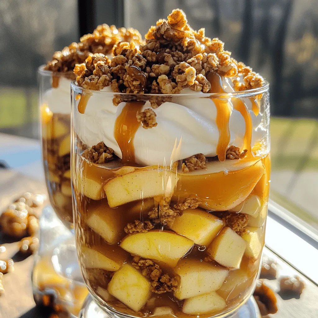 - 2 medium apples (Granny Smith or Honeycrisp), peeled and diced - 1 tablespoon butter - 1 tablespoon brown sugar - 1 teaspoon cinnamon - 1 package (8 oz) cream cheese, softened - 1 cup powdered sugar - 1 teaspoon vanilla extract - 1 cup heavy cream - 1 cup granola (your choice of flavor) - 1 cup caramel sauce (store-bought or homemade) - 2 tablespoons chopped walnuts (optional) - Chopped walnuts add great crunch and flavor. - Use different granola for a unique twist. - You can swap caramel for chocolate sauce if preferred. - Swap apples for pears or peaches for a different taste. - Cream cheese can be replaced with Greek yogurt for a lighter option. - For a vegan twist, use coconut cream and dairy-free cream cheese. - If you like more spice, add nutmeg or cardamom to the apples. This list gives you all you need. Each ingredient plays a key role in making your parfaits delicious and fun. Have fun with this recipe, and feel free to mix and match! Start by melting the butter in a skillet over medium heat. Once the butter is melting, add the diced apples, brown sugar, and cinnamon. Stir them well to coat the apples. Sauté these for about 5 to 7 minutes. You want them tender, but not mushy. When they are done, take them off the heat and let them cool. This step brings out their sweet flavor and makes them perfect for your parfaits. In a large mixing bowl, take the softened cream cheese. Beat it until it's smooth and creamy. Gradually add the powdered sugar and vanilla extract. Mix these together until they form a nice, creamy texture. In another bowl, pour in the heavy cream. Whip it until stiff peaks form. This will make your cheesecake light and fluffy. Gently fold the whipped cream into the cream cheese mixture. Make sure it’s fully combined. Grab your serving glasses. Start by placing a spoonful of the sautéed apples at the bottom of each glass. Next, add a layer of the cheesecake filling on top of the apples. Then, sprinkle a layer of granola over the cheesecake. Drizzle a bit of caramel sauce over the granola. Repeat this layering process until the glasses are filled. Finish with a layer of cheesecake filling on top. For the final touch, drizzle more caramel sauce and sprinkle with chopped walnuts if you like. Do not forget to refrigerate the parfaits for at least 30 minutes. This cooling time lets the flavors blend beautifully. Choose apples that are firm and fresh. Look for Granny Smith or Honeycrisp varieties. These apples work well because they are tart and sweet. Check for bright colors and smooth skin. Avoid any that feel soft or have bruises. Fresh apples enhance the taste of your parfaits. If you have leftovers, cover the parfaits tightly with plastic wrap. Keep them in the fridge. They stay fresh for up to three days. The layers may soften a bit, but they will still taste great. Avoid freezing them, as the texture will change. Always store them in a sealed container. You can prepare the apples and cheesecake filling a day ahead. Just store each in separate containers in the fridge. Assemble the parfaits right before serving. This keeps everything fresh and tasty. You can also layer them in advance, but it’s best to do this no more than a few hours before serving. Enjoy the ease of having a delicious dessert ready to go! {{image_2}} You can easily adapt this recipe to fit your needs. For a gluten-free version, swap granola for gluten-free oats or crushed gluten-free cookies. If you want a nut-free option, skip the walnuts on top. You can use seeds like pumpkin or sunflower seeds instead. These swaps still give you a tasty crunch without nuts. Layering is key to making these parfaits fun. Instead of just using apples, try mixing in other fruits like pears or berries. You can also switch the order of layers. Start with cheesecake filling, then add apples, granola, and caramel. This change keeps each bite exciting. You might even layer in some yogurt for a creamy twist. Spices can take your parfaits to a new level. Add nutmeg or ginger to the sautéed apples for a warm kick. You can also mix in other fruits like chopped peaches or bananas in the layers. For added sweetness, drizzle honey or maple syrup over the layers. These little changes create a unique flavor that makes your parfaits stand out. Store your Caramel Apple Layered Cheesecake Parfaits in the fridge. Use an airtight container to keep them fresh. This step helps prevent moisture loss and keeps flavors intact. Always layer the parfaits in glass cups or jars. This allows you to see the beautiful layers. Place a lid on top if needed. Enjoy them cold for the best taste. If you want to freeze your parfaits, it's best to freeze the layers separately. The cheesecake filling and sautéed apples can freeze well. Just make sure they are in airtight containers. When ready to eat, thaw them overnight in the fridge. After thawing, assemble the parfaits with granola and caramel sauce. These parfaits last in the fridge for about three days. After that, the apples may get soggy, and the granola will lose its crunch. If you store them properly, you can enjoy them for a few days. For the best taste and texture, eat them fresh! Yes, you can use other fruits. Try pears, bananas, or berries. These fruits add unique flavors and textures. Just make sure to adjust the sweetness if needed. Each fruit can bring its own twist to the parfaits. For instance, berries add a tartness that contrasts well with the sweet caramel. You can store parfaits in the fridge for up to three days. Keep them covered to prevent drying out. The flavors will blend and improve over time. However, the granola may get soggy if stored too long. To keep it crunchy, add granola just before serving. If you want to skip granola, try crushed cookies or nuts. Crushed graham crackers work well too. You could even use a mix of oats and seeds for a healthier option. Each replacement adds a different crunch and flavor to your parfaits. Choose what you enjoy most! This blog post covered many ways to make delicious cheesecake parfaits. We explored key ingredients, helpful steps, and fun variations. You learned how to sauté apples and assemble layers for the perfect treat. I also shared tips on selecting apples and storing leftovers. Remember, these parfaits can fit different diets with easy swaps. Enjoy your creativity in the kitchen, and don’t be afraid to try new flavors. You now have all the tools to make a tasty dessert!