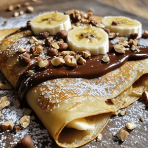 To make these delightful crepes, you need simple ingredients. Here’s what you will need: - 1 cup all-purpose flour - 2 large eggs - 1 1/2 cups milk - 1 tablespoon sugar - 1/2 teaspoon salt - 2 tablespoons melted butter (plus extra for cooking) These items create a smooth batter that will become your crepes. The flour gives the right texture, while the eggs add richness. The milk keeps them soft and tender. Now, let’s talk about toppings. You can make your crepes even more special with these: - 1 ripe banana, sliced - 1/2 cup chocolate hazelnut spread - Chopped hazelnuts for garnish - Powdered sugar for dusting These toppings add flavor and crunch. The banana pairs well with the creamy chocolate hazelnut spread. Hazelnuts provide a nice crunch, while powdered sugar adds sweetness. Having the right tools makes cooking easier. Here are some tools you should have: - Mixing bowl - Whisk - Non-stick skillet - Spatula A mixing bowl helps you combine the ingredients well. A whisk is great for making the batter smooth. A non-stick skillet ensures your crepes don’t stick, and a spatula helps you flip them easily. With these ingredients and tools ready, you can start making your own Chocolate Hazelnut Banana Crepes! Mixing the Dry and Wet Ingredients First, take a big bowl. Add 1 cup of flour, 2 eggs, and 1 tablespoon of sugar. Pour in 1 1/2 cups of milk and 1/2 teaspoon of salt. Whisk it all together until smooth. Stir in 2 tablespoons of melted butter. This makes the batter rich and tasty. Resting the Batter Let the batter rest for 30 minutes. This helps the flour soak up the liquid. It makes the crepes soft and easy to cook. Cover the bowl with a cloth while you wait. Heating the Skillet Heat a non-stick skillet over medium heat. Add a little butter to coat the pan. This keeps the crepes from sticking and adds flavor. Swirling and Flipping Techniques Pour about 1/4 cup of batter into the skillet. Quickly swirl the pan to spread the batter evenly. Cook for 1-2 minutes. Watch for the edges to lift. When the bottom is golden brown, flip it. Cook for another minute. Remove it from the pan and repeat with the rest of the batter. Spreading the Chocolate Hazelnut Spread Take one crepe and spread 1 tablespoon of chocolate hazelnut spread on one side. Make sure to cover it well for a rich taste. Adding Banana Slices Next, add a few slices of ripe banana on top of the spread. The banana adds sweetness and flavor, balancing the chocolate. Folding and Serving Fold the crepe over twice to form a triangle. Place the filled crepes on plates. Sprinkle with chopped hazelnuts and powdered sugar for a nice finish. Serve warm, and drizzle more chocolate hazelnut spread if you wish. Enjoy every bite of this delicious treat! To make thin crepes, use the right amount of batter. Pour about 1/4 cup into the skillet. Swirl it quickly to cover the bottom. This helps create a thin layer. Aim for a golden color on the edges. If it’s too thick, your crepes will be chewy. Practice makes perfect, so don’t worry if they aren’t flawless at first! One common mistake is not letting the batter rest. Resting allows the gluten to relax. This helps the crepes cook more evenly. Another issue is using too high heat. If the pan is too hot, the crepes can burn quickly. Use medium heat and adjust as needed. Lastly, don’t forget to add enough butter to the pan before each crepe. If you have leftover batter, store it in the fridge. Place it in a tight container and cover it well. The batter can last for up to two days. Before using again, give it a good stir. If it seems too thick, add a splash of milk. This keeps your crepes light and lovely every time you cook! {{image_2}} You can switch up your chocolate hazelnut spread with other tasty options. Try peanut butter for a nutty twist. Almond butter also works well and adds a different flavor. For a fruity kick, use strawberry or raspberry jam. You can even mix cream cheese with honey for a rich filling. These choices bring new tastes to your crepes. If you need gluten-free crepes, use a gluten-free flour blend. Many brands work well and keep the taste good. For dairy-free options, swap regular milk for almond or oat milk. Use a dairy-free butter substitute for cooking. These changes help everyone enjoy this treat without worries. In spring or summer, add fresh berries for a burst of flavor. Strawberries, blueberries, or raspberries can brighten your crepes. Slice the berries and sprinkle them over the chocolate spread with bananas. This adds taste and makes the dish colorful. You can also use cooked apples or pears in fall for a cozy touch. Each season offers fun ways to change your crepes! You can keep leftover crepes in the fridge. Stack them neatly with a piece of parchment paper in between. Wrap the stack in plastic wrap or place it in an airtight container. They will stay fresh for up to three days. When you are ready to eat them, take out as many as you need. Freezing unfilled crepes is a great way to save time. Stack the crepes with parchment paper in between, just like for the fridge. Place them in a freezer-safe bag or container. They can last up to two months in the freezer. When you want to use them, thaw them in the fridge overnight. To reheat crepes, heat a non-stick skillet over low heat. Add a tiny bit of butter. Place the crepe in the pan and warm it for about 30 seconds on each side. You can also use the microwave. Put the crepe on a plate and cover it with a damp paper towel. Heat it for about 15 seconds. Enjoy your delicious crepes warm! Yes, you can make crepes ahead of time. Cook them fully, then cool them. Stack the crepes with parchment paper in between. Store in the fridge for up to three days. You can also freeze them for longer storage. Just remember to wrap them well. When you are ready, reheat them in a pan or microwave. If you don’t have chocolate hazelnut spread, use peanut butter or almond butter. You can also try using plain chocolate spread. For a healthier option, use mashed avocado with cocoa powder. Each has its own taste, but they all add creaminess and flavor. To keep crepes from sticking, use a non-stick skillet. Always add a bit of butter before each crepe. Heat the pan well before pouring the batter. If your first crepe sticks, it may not have cooked long enough. Just keep practicing, and you’ll get the hang of it! Flipping crepes can be tricky, but here are some tips. Wait until the edges lift slightly. Use a spatula to gently lift the crepe. Then, slide the spatula under and flip it quickly. Practice makes perfect! If you drop it, just laugh and try again. You learned about making crepes, from ingredients to serving ideas. Remember to mix your batter well and let it rest for the best results. Avoid common mistakes for thin, tasty crepes. Try new fillings, like fruits or nut spreads, for variety. Store and reheat them easily for quick meals. Enjoy the process, and you'll find making crepes fun and rewarding. Keep practicing, and soon you’ll master this delightful dish!