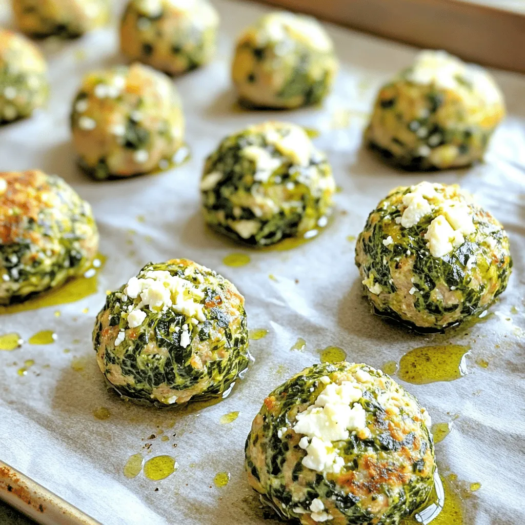 Here’s what you need for your spinach feta turkey meatballs. Each ingredient brings flavor and health. - 1 pound ground turkey - 1 cup fresh spinach, finely chopped - 1/2 cup feta cheese, crumbled - 1/2 cup breadcrumbs (preferably whole wheat) - 1 large egg - 2 cloves garlic, minced - 1/4 cup onion, finely chopped - 1 teaspoon dried oregano - 1 teaspoon dried basil - Salt and pepper to taste - Olive oil for baking Each ingredient plays a key role. Ground turkey gives you lean protein. Fresh spinach adds vitamins and minerals. Feta cheese gives a salty, creamy flavor. Breadcrumbs help bind the meatballs together. The egg adds moisture and richness. Garlic and onion bring aromatic depth. Oregano and basil add a herbal touch. Salt and pepper enhance all the flavors. Olive oil helps with browning and keeps the meatballs juicy. You can customize this list. For example, swap turkey for chicken if you prefer. Just remember to keep the other ingredients balanced for the best taste. 1. Preheat your oven to 400°F (200°C) and line a baking sheet with parchment paper. This step helps the meatballs cook evenly and makes cleanup easier. 2. In a large mixing bowl, combine: - 1 pound ground turkey - 1 cup fresh spinach, finely chopped - 1/2 cup feta cheese, crumbled - 1/2 cup breadcrumbs - 1 large egg - 2 cloves garlic, minced - 1/4 cup onion, finely chopped - 1 teaspoon dried oregano - 1 teaspoon dried basil - Salt and pepper to taste Mix these ingredients well until they are fully blended. This ensures every bite is full of flavor. 3. Using your hands, form the mixture into meatballs about 1 inch in diameter. Place them on the prepared baking sheet. This size helps them cook evenly and keeps them moist. 1. Drizzle a little olive oil over the meatballs. This helps them brown and develop a nice crust. 2. Bake in the preheated oven for about 25-30 minutes. You want them to be cooked through and golden brown. Use a meat thermometer to check for doneness; it should reach 165°F (74°C). - These meatballs pair well with whole wheat pasta or a fresh salad. You can also serve them as a snack or appetizer. - For extra flavor, serve with marinara sauce. It adds a nice touch and makes for a great dipping option. To get the best meatballs, mix your ingredients well. Start with a big bowl. You want to blend everything evenly. I suggest using your hands. It gives you control over the mix. Just make sure your hands are clean. If you prefer, you can use a spoon or spatula. But hands work best for me. Adding herbs and spices can change your meatballs. I like to add fresh herbs if I can. You can try thyme or parsley for a fresh taste. For spices, crushed red pepper adds heat. You can also mix in garlic powder for extra flavor. If you want to switch up the cheese, try goat cheese or mozzarella. Each cheese brings its own twist. You can bake or pan-fry your meatballs. Baking is easy and healthier. It keeps them moist and lets the flavors shine. Just drizzle some olive oil for browning. Pan-frying gives them a nice crust. If you want to use a slow cooker, you can. Just add the meatballs and some sauce. Cook them on low for a few hours. They will soak up all the flavors, and they will be very tender. {{image_2}} - Swap Turkey for Chicken or Beef You can easily swap ground turkey for chicken or beef. Both options work well. Chicken gives a lighter taste. Beef adds more flavor and richness. Choose what you love best. - Alternative Cheese Options Feta cheese adds a nice tang to the meatballs. If you want a change, try goat cheese or mozzarella. These cheeses can change the taste and texture. Experiment and find what you enjoy. - Meatball Subs Turn your meatballs into a fun sub! Place them in a soft bun. Add marinara sauce and some cheese on top. This creates a tasty and filling meal. - Meatballs in Sauce For a classic feel, serve your meatballs in sauce. Warm marinara or a creamy sauce work great. This adds flavor and makes your meatballs even more delicious. - Adding Zucchini or Bell Peppers Want to sneak in more veggies? Try adding finely chopped zucchini or bell peppers to the mix. They add moisture and nutrients without changing the taste much. - Hidden Vegetables for Kids If you have picky eaters, hide some veggies! Grate carrots or add pureed spinach. Kids will not notice them, and you boost nutrition. It’s a win-win! To keep your spinach feta turkey meatballs fresh, store them in the fridge. Place them in an airtight container. They will last for up to three days. If you want to keep them longer, freezing is a great option. Wrap each meatball in plastic wrap and place them in a freezer-safe bag. They can last for up to three months in the freezer. When reheating, the oven is best for keeping the meatballs moist. Preheat your oven to 350°F (175°C). Place the meatballs on a baking sheet and heat for about 15 minutes. If you use a microwave, heat them in short bursts. This keeps the texture nice. Avoid overheating, or they may become tough. You can prepare these meatballs ahead of time. Mix and form the meatballs, then store them in the fridge. This makes it easy to cook them later. You can add them to your meal plan, serving them with pasta, salads, or even in wraps. They fit well in lunchboxes too! You can make these meatballs gluten-free by using gluten-free breadcrumbs. Many brands offer options made from rice, oats, or nuts. You can also use ground almonds or crushed cornflakes. These alternatives work well and keep the meatballs tasty. Yes, you can use frozen spinach in the recipe. To do this, take the frozen spinach and let it thaw in the fridge overnight. Once it’s soft, drain any excess water. You want the spinach to be dry, so it does not make the meatballs soggy. Then, chop it finely before mixing it into the meatball mix. These meatballs pair well with several side dishes. You can serve them over whole wheat pasta for a filling meal. A side salad with fresh greens and a light vinaigrette adds freshness. You might also enjoy them with roasted vegetables or a warm quinoa salad. For a fun twist, serve them in a whole grain pita with tzatziki sauce. In this blog post, we covered how to make delicious spinach and feta turkey meatballs. You saw the best ingredients, step-by-step instructions, and tips for perfecting your dish. You can also explore variations and storage tips. Whether you choose to bake or pan-fry, these meatballs are tasty and easy to make. Enjoy getting creative with different flavors and serving ideas. Cooking should be fun and rewarding, and now you have the tools to impress anyone!