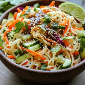 - 8 oz rice noodles - 1 cup shredded carrots - 1 cup cucumber, julienned - 1 bell pepper (red or yellow), thinly sliced - 1 cup red cabbage, thinly shredded - 4 green onions, chopped - 1/4 cup sesame seeds (lightly toasted) - 1/4 cup fresh cilantro, chopped The rice noodles serve as the base of the salad. They are light and absorb the flavors well. Fresh vegetables add crunch and color. Shredded carrots, cucumbers, and bell peppers give a nice contrast. Red cabbage adds a vibrant touch and is packed with nutrients. Green onions add a mild onion flavor. Sesame seeds and cilantro bring a nutty taste and freshness. - 1/4 cup soy sauce (low sodium) - 2 tablespoons sesame oil - 1 tablespoon fresh ginger, grated - 2 tablespoons honey or maple syrup - 1 tablespoon rice vinegar - 1 teaspoon sriracha (optional for heat) - Salt and pepper to taste The dressing is key to this dish. Soy sauce gives it depth and umami. Sesame oil adds richness and nuttiness. Fresh ginger brings a sharp and zesty flavor. Honey or maple syrup balances the saltiness with sweetness. Rice vinegar adds a tangy note. If you like heat, sriracha is a great choice. Adjust salt and pepper to your taste for a perfect mix. - Sriracha for heat - Salt and pepper adjustments You can make this salad your own. If you want a spicy kick, add sriracha. Don't forget to taste as you go. Adjust salt and pepper to fit your palate. This dish is all about fresh flavors, so mix and match as you please! Start by boiling water in a large pot. Add the rice noodles once the water is at a rolling boil. Cook them according to the package instructions, usually around 5-7 minutes. Stir gently to prevent sticking. Once done, drain the noodles in a colander. Rinse them under cold water for a few seconds. This stops the cooking process and helps them stay firm. Set the noodles aside to cool completely. For a colorful salad, you need to shred and slice your veggies. Use a box grater to shred the carrots. For the cucumber, use a knife to julienne it into thin strips. Thinly slice the bell pepper and red cabbage. Keep all veggies in a large mixing bowl. This makes it easy to combine them later. In a small bowl, whisk together the soy sauce, sesame oil, and grated ginger. Add honey or maple syrup, rice vinegar, and sriracha if you like heat. Mix until the dressing is smooth. Taste it, and add salt and pepper to your liking. This dressing gives the salad a rich flavor. Now it's time to put everything together. Add the cooled rice noodles to the bowl with the veggies. Pour the dressing over the noodles and vegetables. Toss gently to coat everything. Make sure the noodles and veggies are evenly mixed. Next, fold in the chopped green onions, toasted sesame seeds, and cilantro. These add crunch and fresh flavor to your salad. Give it another gentle toss to combine all the ingredients well. Letting the salad rest is key. Allow it to sit at room temperature for about 10 minutes. This helps the flavors meld together. You can also refrigerate it for a cooler option. Enjoy your healthy and fresh Sesame Ginger Noodle Salad! To boost the taste of your noodle salad, try adding fresh herbs. Mint and basil work well. You can also sprinkle in some crushed red pepper for a spicy kick. If you like heat, add more sriracha to your dressing. Consider using garlic or sesame seeds for extra crunch. These additions will make your dish stand out. Presentation matters. Serve your salad in a large bowl or on colorful plates. Top it with a sprinkle of sesame seeds and fresh cilantro for a vibrant look. A lime wedge on the side adds a refreshing touch. For added flair, use chopsticks for serving. This gives a fun, authentic feel to your meal. You can prepare this salad ahead of time. Cook the rice noodles and chop the veggies in advance. Store them in separate containers in the fridge. This way, you can mix them together quickly when you are ready to eat. Make the dressing and keep it in a jar. Just shake it up before using. This simple prep saves you time and effort during busy days. {{image_2}} You can swap the rice noodles for other types. Try soba noodles or whole wheat pasta for a twist. If you want a low-carb option, use zucchini noodles or spaghetti squash. For veggies, feel free to mix them up. Bell peppers can be replaced with snap peas or radishes. Instead of red cabbage, use green cabbage or kale for added crunch. Need a gluten-free option? Use gluten-free soy sauce or tamari. Many brands offer rice noodles that are naturally gluten-free. For a vegan dish, substitute honey with maple syrup. This keeps the salad sweet without using animal products. You can also skip the sesame oil if you want an oil-free version. Use vegetable broth for added flavor instead. Want to add protein? Cooked chicken or tofu works great in this salad. Grilled chicken adds a smoky taste, while tofu absorbs all the yummy flavors. You could also add shrimp for a seafood twist. If you like nuts, toss in some chopped peanuts or cashews. They add a nice crunch and extra nutrients. Adjust the dressing to your taste. More ginger gives it a zing, while extra honey can sweeten the deal. To keep your Sesame Ginger Noodle Salad fresh, store it in an airtight container. This method stops air from getting in and keeps the salad crisp. Always let the salad cool to room temperature before sealing it. If you have leftover dressing, keep it in a separate jar. This helps maintain the salad's texture. In the refrigerator, your salad lasts about three to five days. After that, the veggies may start to lose their crunch. Check for any signs of spoilage, like a bad smell or slimy texture. If you notice these changes, it's best to toss it. For serving leftovers, I suggest enjoying the salad cold. The flavors taste even better the next day. If you prefer warmth, quickly stir-fry the noodles and veggies in a pan. Just heat them enough to warm through, avoiding overcooking. You can also add a splash of dressing while reheating for extra flavor. If you can't find rice noodles, you have options. Here are some great swaps: - Zucchini noodles: They are fresh and low-carb. - Soba noodles: Made from buckwheat, they add a nutty taste. - Whole wheat spaghetti: A good choice for a hearty option. - Shirataki noodles: They are low-calorie and gluten-free. Each option works well with the other salad ingredients. Choose what fits your diet best. Yes, you can prep this salad ahead of time. Here are some tips: - Cook the noodles: Cook and chill the noodles a day before. - Chop veggies: You can slice the veggies the night before. - Store dressing separately: Keep the dressing in a jar. Mix it just before serving. This way, your salad will stay fresh and tasty! If you like heat, here are a few ways to spice it up: - Add more sriracha: Increase the amount in the dressing. - Include red pepper flakes: Sprinkle them on top for a kick. - Use spicy sesame oil: This adds both heat and flavor. Adjust the spice to your liking for a perfect zing! Yes, this salad can be gluten-free. Here’s how: - Rice noodles: Naturally gluten-free, so they are a safe choice. - Gluten-free soy sauce: Use this instead of regular soy sauce. - Fresh veggies: All the vegetables are gluten-free. Make sure to check your labels for any hidden gluten! In this blog post, we explored how to make a delicious Sesame Ginger Noodle Salad. We covered the main ingredients, from rice noodles to fresh veggies. The dressing combines soy sauce, sesame oil, and ginger for a rich flavor. You learned how to cook the noodles, prepare vegetables, and toss everything together. Keep these tips handy for enhancing flavors and meal prep. Feel free to make it your own by trying variations. With the right storage, your salad stays fresh for days. Enjoy a tasty, quick meal any time!