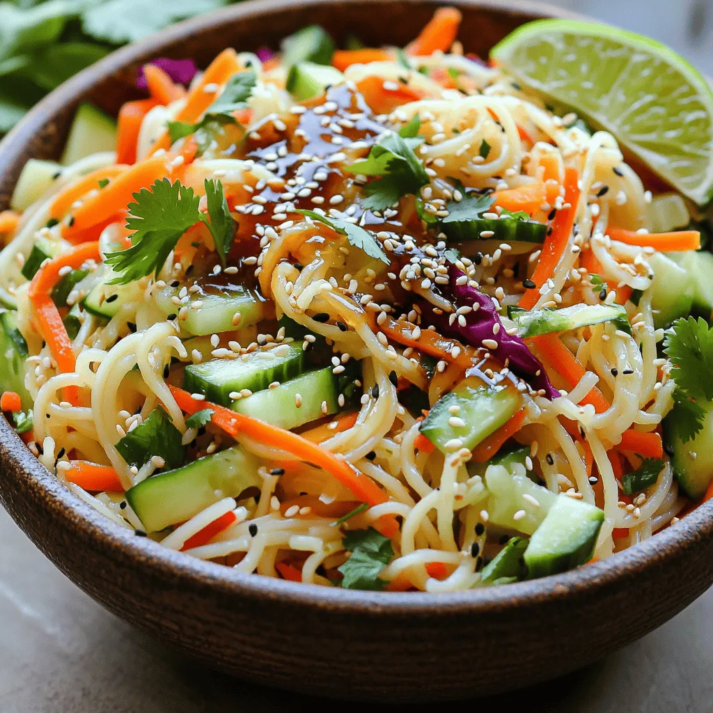 - 8 oz rice noodles - 1 cup shredded carrots - 1 cup cucumber, julienned - 1 bell pepper (red or yellow), thinly sliced - 1 cup red cabbage, thinly shredded - 4 green onions, chopped - 1/4 cup sesame seeds (lightly toasted) - 1/4 cup fresh cilantro, chopped The rice noodles serve as the base of the salad. They are light and absorb the flavors well. Fresh vegetables add crunch and color. Shredded carrots, cucumbers, and bell peppers give a nice contrast. Red cabbage adds a vibrant touch and is packed with nutrients. Green onions add a mild onion flavor. Sesame seeds and cilantro bring a nutty taste and freshness. - 1/4 cup soy sauce (low sodium) - 2 tablespoons sesame oil - 1 tablespoon fresh ginger, grated - 2 tablespoons honey or maple syrup - 1 tablespoon rice vinegar - 1 teaspoon sriracha (optional for heat) - Salt and pepper to taste The dressing is key to this dish. Soy sauce gives it depth and umami. Sesame oil adds richness and nuttiness. Fresh ginger brings a sharp and zesty flavor. Honey or maple syrup balances the saltiness with sweetness. Rice vinegar adds a tangy note. If you like heat, sriracha is a great choice. Adjust salt and pepper to your taste for a perfect mix. - Sriracha for heat - Salt and pepper adjustments You can make this salad your own. If you want a spicy kick, add sriracha. Don't forget to taste as you go. Adjust salt and pepper to fit your palate. This dish is all about fresh flavors, so mix and match as you please! Start by boiling water in a large pot. Add the rice noodles once the water is at a rolling boil. Cook them according to the package instructions, usually around 5-7 minutes. Stir gently to prevent sticking. Once done, drain the noodles in a colander. Rinse them under cold water for a few seconds. This stops the cooking process and helps them stay firm. Set the noodles aside to cool completely. For a colorful salad, you need to shred and slice your veggies. Use a box grater to shred the carrots. For the cucumber, use a knife to julienne it into thin strips. Thinly slice the bell pepper and red cabbage. Keep all veggies in a large mixing bowl. This makes it easy to combine them later. In a small bowl, whisk together the soy sauce, sesame oil, and grated ginger. Add honey or maple syrup, rice vinegar, and sriracha if you like heat. Mix until the dressing is smooth. Taste it, and add salt and pepper to your liking. This dressing gives the salad a rich flavor. Now it's time to put everything together. Add the cooled rice noodles to the bowl with the veggies. Pour the dressing over the noodles and vegetables. Toss gently to coat everything. Make sure the noodles and veggies are evenly mixed. Next, fold in the chopped green onions, toasted sesame seeds, and cilantro. These add crunch and fresh flavor to your salad. Give it another gentle toss to combine all the ingredients well. Letting the salad rest is key. Allow it to sit at room temperature for about 10 minutes. This helps the flavors meld together. You can also refrigerate it for a cooler option. Enjoy your healthy and fresh Sesame Ginger Noodle Salad! To boost the taste of your noodle salad, try adding fresh herbs. Mint and basil work well. You can also sprinkle in some crushed red pepper for a spicy kick. If you like heat, add more sriracha to your dressing. Consider using garlic or sesame seeds for extra crunch. These additions will make your dish stand out. Presentation matters. Serve your salad in a large bowl or on colorful plates. Top it with a sprinkle of sesame seeds and fresh cilantro for a vibrant look. A lime wedge on the side adds a refreshing touch. For added flair, use chopsticks for serving. This gives a fun, authentic feel to your meal. You can prepare this salad ahead of time. Cook the rice noodles and chop the veggies in advance. Store them in separate containers in the fridge. This way, you can mix them together quickly when you are ready to eat. Make the dressing and keep it in a jar. Just shake it up before using. This simple prep saves you time and effort during busy days. {{image_2}} You can swap the rice noodles for other types. Try soba noodles or whole wheat pasta for a twist. If you want a low-carb option, use zucchini noodles or spaghetti squash. For veggies, feel free to mix them up. Bell peppers can be replaced with snap peas or radishes. Instead of red cabbage, use green cabbage or kale for added crunch. Need a gluten-free option? Use gluten-free soy sauce or tamari. Many brands offer rice noodles that are naturally gluten-free. For a vegan dish, substitute honey with maple syrup. This keeps the salad sweet without using animal products. You can also skip the sesame oil if you want an oil-free version. Use vegetable broth for added flavor instead. Want to add protein? Cooked chicken or tofu works great in this salad. Grilled chicken adds a smoky taste, while tofu absorbs all the yummy flavors. You could also add shrimp for a seafood twist. If you like nuts, toss in some chopped peanuts or cashews. They add a nice crunch and extra nutrients. Adjust the dressing to your taste. More ginger gives it a zing, while extra honey can sweeten the deal. To keep your Sesame Ginger Noodle Salad fresh, store it in an airtight container. This method stops air from getting in and keeps the salad crisp. Always let the salad cool to room temperature before sealing it. If you have leftover dressing, keep it in a separate jar. This helps maintain the salad's texture. In the refrigerator, your salad lasts about three to five days. After that, the veggies may start to lose their crunch. Check for any signs of spoilage, like a bad smell or slimy texture. If you notice these changes, it's best to toss it. For serving leftovers, I suggest enjoying the salad cold. The flavors taste even better the next day. If you prefer warmth, quickly stir-fry the noodles and veggies in a pan. Just heat them enough to warm through, avoiding overcooking. You can also add a splash of dressing while reheating for extra flavor. If you can't find rice noodles, you have options. Here are some great swaps: - Zucchini noodles: They are fresh and low-carb. - Soba noodles: Made from buckwheat, they add a nutty taste. - Whole wheat spaghetti: A good choice for a hearty option. - Shirataki noodles: They are low-calorie and gluten-free. Each option works well with the other salad ingredients. Choose what fits your diet best. Yes, you can prep this salad ahead of time. Here are some tips: - Cook the noodles: Cook and chill the noodles a day before. - Chop veggies: You can slice the veggies the night before. - Store dressing separately: Keep the dressing in a jar. Mix it just before serving. This way, your salad will stay fresh and tasty! If you like heat, here are a few ways to spice it up: - Add more sriracha: Increase the amount in the dressing. - Include red pepper flakes: Sprinkle them on top for a kick. - Use spicy sesame oil: This adds both heat and flavor. Adjust the spice to your liking for a perfect zing! Yes, this salad can be gluten-free. Here’s how: - Rice noodles: Naturally gluten-free, so they are a safe choice. - Gluten-free soy sauce: Use this instead of regular soy sauce. - Fresh veggies: All the vegetables are gluten-free. Make sure to check your labels for any hidden gluten! In this blog post, we explored how to make a delicious Sesame Ginger Noodle Salad. We covered the main ingredients, from rice noodles to fresh veggies. The dressing combines soy sauce, sesame oil, and ginger for a rich flavor. You learned how to cook the noodles, prepare vegetables, and toss everything together. Keep these tips handy for enhancing flavors and meal prep. Feel free to make it your own by trying variations. With the right storage, your salad stays fresh for days. Enjoy a tasty, quick meal any time!