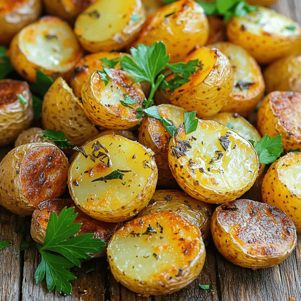 - 2 pounds baby potatoes, halved - 4 tablespoons olive oil - 6 cloves garlic, minced - 1 tablespoon fresh rosemary, chopped - 1 tablespoon fresh thyme, chopped - 1 teaspoon smoked paprika - Salt and pepper to taste - Fresh parsley for garnish To make Garlic Herb Roasted Potatoes, gather these key ingredients. Baby potatoes are perfect since they cook evenly and have a creamy texture. The olive oil adds flavor and helps with crispiness. Garlic gives a bold taste that pairs well with herbs. Fresh rosemary and thyme bring a fragrant touch. Smoked paprika adds a hint of smokiness. Salt and pepper balance the flavors. Finally, parsley adds a pop of color and freshness. - Parmesan cheese - Lemon zest - Chili flakes These optional ingredients can change the dish. Grated Parmesan cheese adds a savory twist. Lemon zest brightens the flavors and offers a fresh zing. Chili flakes can give some heat if you like spice. You can mix and match these options to create your perfect side dish. - Preheat the oven to 400°F (200°C). - In a large mixing bowl, combine the halved potatoes with olive oil, minced garlic, chopped rosemary, chopped thyme, smoked paprika, salt, and pepper. Toss well until the potatoes are evenly coated. - Spread the seasoned potatoes onto a large baking sheet in a single layer, cut side down for a nice crispy texture. - Roast the potatoes in the preheated oven for 25-30 minutes. They should be golden brown and fork-tender. Flip them halfway through for even cooking. - Once done, remove the potatoes from the oven and let them cool for a few minutes. - Garnish with freshly chopped parsley before serving. This adds a fresh look and a burst of flavor. For serving, pair them with grilled chicken, fish, or a fresh salad. Enjoy the tasty blend of garlic and herbs! To get those potatoes crispy, cut them evenly. Halve baby potatoes for best results. You want them all the same size. This way, they cook evenly. Place the baking sheet in the middle of the oven. This gives hot air a chance to circulate around the potatoes. For great taste, use fresh herbs like rosemary and thyme. These herbs add depth to your dish. Smoked paprika gives a nice smoky flavor. The best oil for roasting is olive oil. It adds richness and helps with browning. Do not overcrowd the baking sheet. If the potatoes touch, they will steam, not roast. Also, avoid using cold oil. Cold oil can make the potatoes soggy. Always use room temperature oil for best crispiness. {{image_2}} Using dried herbs can save time and still add flavor. Dried herbs are strong, so use less than fresh. For fresh herbs, I love using rosemary and thyme. They make the potatoes taste great. You can also try basil or oregano for a twist. If you want a stronger flavor, mix rosemary with sage. These herbs add a unique taste. You can add cheese for a rich flavor. Parmesan works well, but cheddar is fun too. Crumbled bacon gives a nice crunch and a smoky taste. If you want to spice things up, add jalapeños. They bring heat and make the dish exciting. Try adding bell peppers or onions for extra veggies. These add color and taste to your potatoes. If you want to skip the oven, try stovetop cooking. Just heat oil in a pan and sauté the potatoes. Cook until they are golden and tender. A slow cooker is another option. Just mix the potatoes and seasonings, then set it on low for a few hours. This method keeps them soft and flavorful. Each method brings out different tastes and textures, so have fun! To store your Garlic Herb Roasted Potatoes, let them cool first. Place them in an airtight container. This keeps them fresh and tasty. You can store them in the fridge for up to four days. If you want to enjoy them later, do not forget to label your container with the date. When reheating, the oven is best. Preheat your oven to 350°F (175°C). Spread the potatoes on a baking sheet. Heat them for about 10-15 minutes. This keeps them crispy. If you use a microwave, they may become soft. If you must use a microwave, place them on a plate and heat in short bursts. Check often to avoid overcooking. To freeze roasted potatoes, let them cool completely. Place them in a single layer on a baking sheet. Freeze until solid, then transfer to a freezer bag. They can last up to three months in the freezer. When ready to eat, thaw them overnight in the fridge. Reheat them in the oven for best results. This will help keep their texture. To make Garlic Herb Roasted Potatoes crispy, follow these tips: - Use baby potatoes: Their small size helps them cook evenly. - Cut side down: Place them cut side down on the baking sheet for extra crispiness. - Don’t overcrowd: Leave space between each potato to allow heat to circulate. - Preheat your oven: Make sure your oven is hot before you add the potatoes. - Use enough oil: Four tablespoons of olive oil should coat them well. - Flip halfway: Turn the potatoes after about 15 minutes for even browning. Yes, you can use different types of potatoes! Here are some suggestions: - Yukon Gold: These are creamy and buttery. - Red Potatoes: They hold their shape well and have a nice texture. - Fingerling Potatoes: Their unique shape adds flair to your dish. - Russet Potatoes: They can work but may need a longer cook time. Garlic Herb Roasted Potatoes pair well with many dishes. Here are some ideas: - Grilled chicken: The flavors complement each other nicely. - Steak: A perfect match for hearty meals. - Salmon: Roasted potatoes balance well with the richness of fish. - Mixed greens salad: A fresh salad adds brightness to your meal. - Roasted vegetables: Keep the oven on and roast other veggies for a colorful plate. You now have a simple yet delicious recipe for Garlic Herb Roasted Potatoes. You learned about the essential ingredients and easy cooking steps. We explored tips for perfect crispiness and flavor variations to mix things up. Don't forget proper storage methods for leftovers and reheating tips. This dish can be a side for many meals or a tasty snack. Enjoy experimenting with your favorite flavors. Your roasted potatoes can be better than ever!