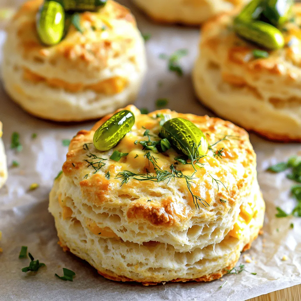 To make these tasty biscuits, you need some key ingredients. Here’s the list: - 2 cups all-purpose flour - 1 tablespoon baking powder - 1/2 teaspoon baking soda - 1 teaspoon salt - 1/2 cup cold unsalted butter, diced - 1 cup shredded sharp cheddar cheese - 3/4 cup dill pickles, finely chopped (plus extra for garnish) - 1/2 cup buttermilk These ingredients work together to create the perfect fluffy texture and rich flavor. You can add a couple of optional ingredients for an extra twist. They are: - 1 tablespoon fresh dill, chopped - 1 tablespoon Dijon mustard The fresh dill adds a bright note. The Dijon mustard gives a nice kick. Having the right tools makes cooking easier. Here’s what I recommend: - Large mixing bowl - Whisk - Pastry cutter or your fingertips for mixing - Biscuit cutter or round glass - Baking sheet lined with parchment paper Using these tools helps ensure your biscuits turn out perfectly. First, set your oven to 425°F (220°C). This high heat helps the biscuits rise. Next, line a baking sheet with parchment paper. This keeps the biscuits from sticking. It also makes cleanup easy. In a large bowl, mix 2 cups of flour, 1 tablespoon of baking powder, 1/2 teaspoon of baking soda, and 1 teaspoon of salt. Whisk them well to blend. Then, add 1/2 cup of cold, diced butter. You want the butter to be cold. Use a pastry cutter or your fingers to mix until it looks like coarse crumbs. This step is key for flaky biscuits. Now, fold in 1 cup of shredded sharp cheddar cheese and 3/4 cup of finely chopped dill pickles. If you like, add 1 tablespoon of fresh dill too. In a separate bowl, mix 1/2 cup of buttermilk with 1 tablespoon of Dijon mustard. This adds a nice zing. Gradually pour this mix into your flour and cheese blend. Stir gently until the dough starts to come together. Don’t overmix; this keeps the biscuits light. Now, turn the dough onto a lightly floured surface. Knead it gently a few times. Form a 1-inch thick disk. Use a biscuit cutter or a round glass to cut out your biscuits. Place them on the lined baking sheet. Gather any scraps, knead them lightly, and cut out more biscuits. Bake the biscuits in your preheated oven for 12 to 15 minutes. Watch them closely. They should turn golden brown on top. Once they are done, take them out and let them cool slightly. If you want, garnish with extra dill pickles for a fresh look. Enjoy your warm, fluffy biscuits! To make the fluffiest biscuits, keep your butter cold. Cold butter helps create layers that puff up while baking. Use a pastry cutter to mix the butter into the flour. Aim for coarse crumbs. This texture is key for light biscuits. Mix the wet and dry ingredients until just combined. Overmixing can make your biscuits tough. After mixing, gently knead the dough a few times. Try not to work the dough too much. The goal is a soft, slightly sticky dough that holds together. Garnish your biscuits with extra dill pickles for a burst of flavor. You can also sprinkle fresh dill on top for a bright look. Serve them warm with butter or a creamy dip. These biscuits pair well with soups or salads, adding a zesty twist to any meal. {{image_2}} You can switch up the cheese in this recipe. Try using gouda or pepper jack. Each cheese gives a fun twist. Gouda adds a nutty taste. Pepper jack brings a spicy kick. Mixing cheeses can make your biscuits even better. Want to make these biscuits gluten-free? Use a gluten-free flour blend. Look for one that has a good rise. You might also need to add more buttermilk. This helps keep the dough moist. Enjoy the same great taste, even without gluten. Want to spice things up? Add cooked bacon or chopped jalapeños to the dough. Bacon brings a savory crunch. Jalapeños add heat and flavor. These extras make your biscuits stand out. Feel free to get creative and mix flavors you love. To keep your leftover biscuits fresh, place them in an airtight container. This helps lock in moisture and flavor. You can store them at room temperature for up to two days. If you want to keep them longer, consider refrigerating them. Just be aware that refrigeration may change their texture a bit. If you want to save your biscuits for later, freezing is a great option. First, let the biscuits cool completely. Then, place them in a single layer on a baking sheet. Freeze them for about an hour until they are firm. After that, transfer the biscuits to a freezer bag. They will stay fresh for up to three months. To enjoy your biscuits again, reheat them in the oven. Preheat your oven to 350°F (175°C). Place the biscuits on a baking sheet and cover them with foil. Heat for about 10-15 minutes. This helps keep them soft and fluffy. If you're in a hurry, you can use a microwave. Just heat them for about 15-20 seconds, but this may make them less crispy. Yes, you can use different pickles! Sweet pickles can add a nice twist. You can also try garlic or bread-and-butter pickles for a fun flavor change. Just remember, the dill flavor is key in this recipe. Use pickles that you enjoy to make these biscuits your own. Dill Pickle Cheddar Biscuits pair well with many dishes. They taste great with soups like tomato or chicken. You can also serve them with salads for a nice crunch. Try them with a nice dip, like ranch or a creamy cheese spread. They make a fantastic snack or side dish. These biscuits stay fresh for about two days at room temperature. Store them in an airtight container to keep them soft. You can also refrigerate them for up to a week. If you want them to last longer, freezing is a great option. Yes, you can make these biscuits ahead of time! You can prepare the dough and refrigerate it for up to 24 hours. When you are ready, just shape and bake them. This way, you can enjoy fresh biscuits with less hassle. You now know how to make delicious Dill Pickle Cheddar Biscuits from scratch. We covered essential ingredients, steps for perfect dough, and tips for fluffiness. Plus, I shared storage tips and variations to keep it fun. These biscuits are easy to make and great for any meal. Experiment with flavors and enjoy them with friends. Happy baking!