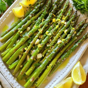 To make Lemon Garlic Roasted Asparagus, you need simple and fresh ingredients. Here’s what you’ll need: - 1 pound fresh asparagus, trimmed - 3 tablespoons olive oil - 4 cloves garlic, minced - Zest of 1 lemon - Juice of 1 lemon - 1 teaspoon salt - ½ teaspoon black pepper - ¼ teaspoon red pepper flakes (optional) - Fresh parsley, chopped (for garnish) Each ingredient plays a key role in making this dish bright and flavorful. Fresh asparagus gives a crisp texture, while olive oil adds richness. Garlic brings a strong aroma, and lemon brightens the entire dish with its zest and juice. The salt enhances all the flavors, and black pepper adds a hint of spice. If you like heat, the red pepper flakes are a great option. Finally, fresh parsley not only looks pretty but also adds a fresh taste. With just these ingredients, you can create a dish that impresses everyone at your table. 1. Preheat the oven: Start by setting your oven to 425°F (220°C). This heat gives your asparagus a nice crisp. 2. Prepare the asparagus: Take 1 pound of fresh asparagus and trim the tough ends. The asparagus should be bright green and firm. 3. Mix ingredients: In a large bowl, combine 3 tablespoons of olive oil, 4 cloves of minced garlic, the zest of 1 lemon, and the juice of 1 lemon. Add 1 teaspoon of salt, ½ teaspoon of black pepper, and ¼ teaspoon of red pepper flakes if you like some heat. 4. Toss and coat the asparagus: Add the trimmed asparagus to the bowl. Toss everything well so the asparagus is coated evenly. 1. Spread on baking sheet: Lay the coated asparagus in a single layer on a baking sheet. This helps it roast evenly. 2. Roasting time and temperature: Place the baking sheet in the oven and roast for 12-15 minutes. The asparagus should become tender and slightly crispy at the tips. 3. Checking for doneness: You can test if it’s done by piercing it with a fork. It should be soft but still have a bit of crunch. 1. Presentation ideas: Arrange the roasted asparagus on a serving platter. Drizzle any leftover garlic and lemon mixture from the baking sheet over the top. Add lemon wedges for extra flavor. 2. Accompaniments: This dish pairs well with grilled chicken or fish. You can also serve it alongside rice or quinoa for a healthy meal. How to choose the best asparagus When picking asparagus, look for bright green stalks. They should be firm and not limp. The tips should be closed and compact. Avoid any with brown spots or wilting. Fresh asparagus has a sweet smell, which is a good sign. Storing asparagus before cooking Keep asparagus in the fridge. Wrap the ends in a damp paper towel. Place it in a plastic bag to keep moisture. If you can, stand the stalks in a jar with water. Cover the tops with a plastic bag. This way, it stays fresh for several days. Ensuring even roasting To get the best roast, spread the asparagus in one layer on the baking sheet. If they are too crowded, they will steam instead of roast. Toss them well in the oil and seasoning mix to coat each piece. Adjusting cook time for personal preference Roast the asparagus for 12 to 15 minutes. If you like it more tender, add a few extra minutes. For a little crunch, check it at 10 minutes. Everyone has their own taste, so experiment! Using additional seasoning Want to spice it up? Try adding garlic powder or onion powder. A little lemon pepper can add a nice kick too. If you like heat, add more red pepper flakes. Just remember to start with a small amount. Adding different herbs Fresh herbs can make a big difference. Try adding thyme or rosemary for a new flavor. You can also sprinkle some dill for a fresh taste. Just chop them finely and mix them in before roasting. {{image_2}} You can switch up the oil in this recipe. Try using avocado oil for a nutty taste. Sesame oil adds a unique flavor too. If you enjoy cheese, consider adding parmesan on top. It melts beautifully and adds a salty kick. For a vegan twist, skip any cheese. This dish is tasty as is, but you can add other veggies. Bell peppers, carrots, or cherry tomatoes work well. They roast nicely and add color to your plate. Lemon garlic roasted asparagus pairs well with many main dishes. Serve it with grilled chicken or fish for a light meal. You can also turn it into a salad. Just chop the roasted asparagus and mix it with greens and a light vinaigrette. This adds freshness and crunch. To keep your lemon garlic roasted asparagus fresh, place it in an airtight container. Make sure it cools down before sealing it up. Store it in the fridge for up to three days. When you want to reheat, use the oven or a skillet. This helps keep the asparagus crispy. Preheat your oven to 350°F (175°C). Heat the asparagus for about 10 minutes. If using a skillet, add a splash of olive oil. Heat over medium until warm. If you have extra roasted asparagus, you can freeze it. First, let it cool completely. Then, place it in a freezer-safe bag. Try to remove as much air as possible before sealing. You can freeze it for up to two months. When you're ready to eat it, take it out of the freezer. Thaw it in the fridge overnight for the best results. To reheat, use the oven as mentioned above. This helps maintain its taste and texture. How to make Lemon Garlic Roasted Asparagus? To make this dish, start by preheating your oven to 425°F (220°C). Take 1 pound of fresh asparagus and trim the ends. In a large bowl, mix the asparagus with 3 tablespoons of olive oil, 4 minced garlic cloves, the zest and juice of 1 lemon, 1 teaspoon of salt, ½ teaspoon of black pepper, and ¼ teaspoon of red pepper flakes if you like some heat. Toss everything well. Spread the asparagus in a single layer on a baking sheet and roast for 12-15 minutes until tender. Garnish with fresh parsley before serving. Can I use frozen asparagus for this recipe? Yes, you can use frozen asparagus. However, fresh asparagus gives the best texture. If using frozen, do not thaw it first. Just toss it with the oil and seasonings, then roast it a bit longer, around 15-20 minutes. What other dishes pair well with Lemon Garlic Roasted Asparagus? This asparagus dish goes well with many meals. It pairs nicely with grilled chicken, fish, or steak. You can also serve it alongside pasta or quinoa for a complete meal. How long to roast asparagus for best results? Roast asparagus for 12-15 minutes. Check for doneness by poking a spear with a fork. It should be tender but not mushy. If you prefer it crispier, roast it for an extra minute or two. What to do if asparagus is tough? If your asparagus is tough, try bending a spear. It should snap easily. If it does not, it may need to be cooked longer. You can also peel the stalks' bottom part for a more tender bite. Can I substitute lemon with another citrus? Absolutely! You can use lime or orange instead of lemon. Each citrus will give a unique taste. Lime adds a nice zest, while orange gives a sweeter flavor. What if I don’t have fresh garlic? If you don't have fresh garlic, you can use garlic powder. Use about ½ teaspoon of garlic powder instead of the minced garlic. Just remember, fresh garlic gives the best taste. In this article, we explored how to make Lemon Garlic Roasted Asparagus. You learned about the key ingredients, simple steps to prepare and roast, tips for selecting fresh asparagus, and fun variations. As a bonus, we covered how to store leftovers and answered common questions. Now, you can enjoy this tasty side dish, and feel free to get creative with it. Happy cooking!