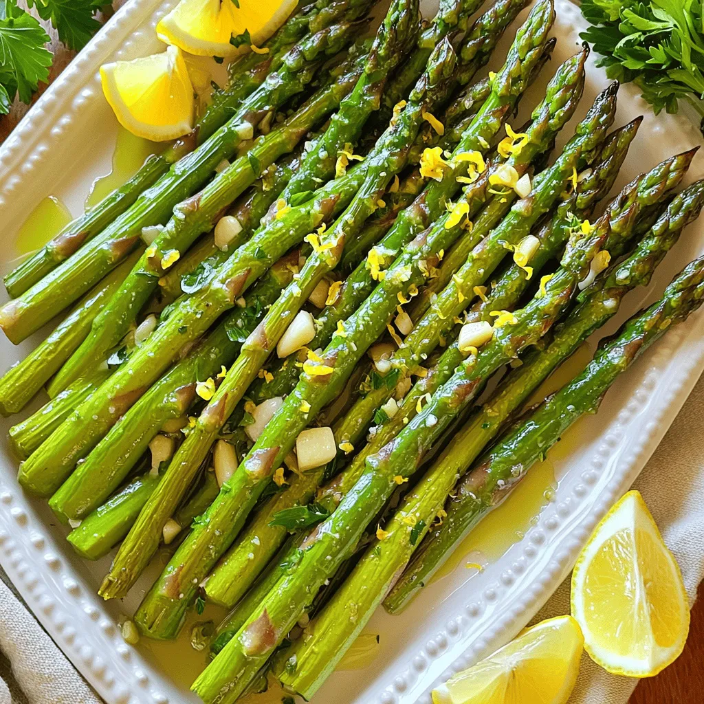 To make Lemon Garlic Roasted Asparagus, you need simple and fresh ingredients. Here’s what you’ll need: - 1 pound fresh asparagus, trimmed - 3 tablespoons olive oil - 4 cloves garlic, minced - Zest of 1 lemon - Juice of 1 lemon - 1 teaspoon salt - ½ teaspoon black pepper - ¼ teaspoon red pepper flakes (optional) - Fresh parsley, chopped (for garnish) Each ingredient plays a key role in making this dish bright and flavorful. Fresh asparagus gives a crisp texture, while olive oil adds richness. Garlic brings a strong aroma, and lemon brightens the entire dish with its zest and juice. The salt enhances all the flavors, and black pepper adds a hint of spice. If you like heat, the red pepper flakes are a great option. Finally, fresh parsley not only looks pretty but also adds a fresh taste. With just these ingredients, you can create a dish that impresses everyone at your table. 1. Preheat the oven: Start by setting your oven to 425°F (220°C). This heat gives your asparagus a nice crisp. 2. Prepare the asparagus: Take 1 pound of fresh asparagus and trim the tough ends. The asparagus should be bright green and firm. 3. Mix ingredients: In a large bowl, combine 3 tablespoons of olive oil, 4 cloves of minced garlic, the zest of 1 lemon, and the juice of 1 lemon. Add 1 teaspoon of salt, ½ teaspoon of black pepper, and ¼ teaspoon of red pepper flakes if you like some heat. 4. Toss and coat the asparagus: Add the trimmed asparagus to the bowl. Toss everything well so the asparagus is coated evenly. 1. Spread on baking sheet: Lay the coated asparagus in a single layer on a baking sheet. This helps it roast evenly. 2. Roasting time and temperature: Place the baking sheet in the oven and roast for 12-15 minutes. The asparagus should become tender and slightly crispy at the tips. 3. Checking for doneness: You can test if it’s done by piercing it with a fork. It should be soft but still have a bit of crunch. 1. Presentation ideas: Arrange the roasted asparagus on a serving platter. Drizzle any leftover garlic and lemon mixture from the baking sheet over the top. Add lemon wedges for extra flavor. 2. Accompaniments: This dish pairs well with grilled chicken or fish. You can also serve it alongside rice or quinoa for a healthy meal. How to choose the best asparagus When picking asparagus, look for bright green stalks. They should be firm and not limp. The tips should be closed and compact. Avoid any with brown spots or wilting. Fresh asparagus has a sweet smell, which is a good sign. Storing asparagus before cooking Keep asparagus in the fridge. Wrap the ends in a damp paper towel. Place it in a plastic bag to keep moisture. If you can, stand the stalks in a jar with water. Cover the tops with a plastic bag. This way, it stays fresh for several days. Ensuring even roasting To get the best roast, spread the asparagus in one layer on the baking sheet. If they are too crowded, they will steam instead of roast. Toss them well in the oil and seasoning mix to coat each piece. Adjusting cook time for personal preference Roast the asparagus for 12 to 15 minutes. If you like it more tender, add a few extra minutes. For a little crunch, check it at 10 minutes. Everyone has their own taste, so experiment! Using additional seasoning Want to spice it up? Try adding garlic powder or onion powder. A little lemon pepper can add a nice kick too. If you like heat, add more red pepper flakes. Just remember to start with a small amount. Adding different herbs Fresh herbs can make a big difference. Try adding thyme or rosemary for a new flavor. You can also sprinkle some dill for a fresh taste. Just chop them finely and mix them in before roasting. {{image_2}} You can switch up the oil in this recipe. Try using avocado oil for a nutty taste. Sesame oil adds a unique flavor too. If you enjoy cheese, consider adding parmesan on top. It melts beautifully and adds a salty kick. For a vegan twist, skip any cheese. This dish is tasty as is, but you can add other veggies. Bell peppers, carrots, or cherry tomatoes work well. They roast nicely and add color to your plate. Lemon garlic roasted asparagus pairs well with many main dishes. Serve it with grilled chicken or fish for a light meal. You can also turn it into a salad. Just chop the roasted asparagus and mix it with greens and a light vinaigrette. This adds freshness and crunch. To keep your lemon garlic roasted asparagus fresh, place it in an airtight container. Make sure it cools down before sealing it up. Store it in the fridge for up to three days. When you want to reheat, use the oven or a skillet. This helps keep the asparagus crispy. Preheat your oven to 350°F (175°C). Heat the asparagus for about 10 minutes. If using a skillet, add a splash of olive oil. Heat over medium until warm. If you have extra roasted asparagus, you can freeze it. First, let it cool completely. Then, place it in a freezer-safe bag. Try to remove as much air as possible before sealing. You can freeze it for up to two months. When you're ready to eat it, take it out of the freezer. Thaw it in the fridge overnight for the best results. To reheat, use the oven as mentioned above. This helps maintain its taste and texture. How to make Lemon Garlic Roasted Asparagus? To make this dish, start by preheating your oven to 425°F (220°C). Take 1 pound of fresh asparagus and trim the ends. In a large bowl, mix the asparagus with 3 tablespoons of olive oil, 4 minced garlic cloves, the zest and juice of 1 lemon, 1 teaspoon of salt, ½ teaspoon of black pepper, and ¼ teaspoon of red pepper flakes if you like some heat. Toss everything well. Spread the asparagus in a single layer on a baking sheet and roast for 12-15 minutes until tender. Garnish with fresh parsley before serving. Can I use frozen asparagus for this recipe? Yes, you can use frozen asparagus. However, fresh asparagus gives the best texture. If using frozen, do not thaw it first. Just toss it with the oil and seasonings, then roast it a bit longer, around 15-20 minutes. What other dishes pair well with Lemon Garlic Roasted Asparagus? This asparagus dish goes well with many meals. It pairs nicely with grilled chicken, fish, or steak. You can also serve it alongside pasta or quinoa for a complete meal. How long to roast asparagus for best results? Roast asparagus for 12-15 minutes. Check for doneness by poking a spear with a fork. It should be tender but not mushy. If you prefer it crispier, roast it for an extra minute or two. What to do if asparagus is tough? If your asparagus is tough, try bending a spear. It should snap easily. If it does not, it may need to be cooked longer. You can also peel the stalks' bottom part for a more tender bite. Can I substitute lemon with another citrus? Absolutely! You can use lime or orange instead of lemon. Each citrus will give a unique taste. Lime adds a nice zest, while orange gives a sweeter flavor. What if I don’t have fresh garlic? If you don't have fresh garlic, you can use garlic powder. Use about ½ teaspoon of garlic powder instead of the minced garlic. Just remember, fresh garlic gives the best taste. In this article, we explored how to make Lemon Garlic Roasted Asparagus. You learned about the key ingredients, simple steps to prepare and roast, tips for selecting fresh asparagus, and fun variations. As a bonus, we covered how to store leftovers and answered common questions. Now, you can enjoy this tasty side dish, and feel free to get creative with it. Happy cooking!